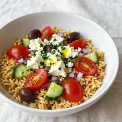For a tasty Greek Orzo Salad, gather these main ingredients: - 1 cup orzo pasta - 1 cup cherry tomatoes, halved - 1 cucumber, diced - ½ red onion, finely chopped - ½ cup Kalamata olives, pitted and sliced - 1 cup feta cheese, crumbled - ¼ cup fresh parsley, chopped - ¼ cup olive oil - 2 tablespoons lemon juice - 1 teaspoon dried oregano - Salt and pepper to taste These ingredients create a vibrant mix of flavors and textures. The orzo serves as a hearty base, while the veggies add crunch and color. Feta cheese brings a creamy tang, and Kalamata olives add a salty bite. You can customize your Greek Orzo Salad with these optional add-ins: - Bell peppers for extra crunch - Artichoke hearts for a unique twist - Chickpeas for added protein - Red wine vinegar for extra tang - Fresh mint or dill for a refreshing taste Feel free to mix and match based on your taste. Each added ingredient can change the salad's character and make it your own. Here’s a quick look at the nutritional benefits of the Greek Orzo Salad: - Orzo Pasta: Provides carbs for energy. - Tomatoes: Rich in vitamins and antioxidants. - Cucumber: Hydrating and low in calories. - Red Onion: Contains antioxidants and boosts flavor. - Olives: Offer healthy fats and enhance taste. - Feta Cheese: Adds calcium and protein. - Parsley: Packed with vitamins and adds freshness. - Olive Oil: A heart-healthy fat source. - Lemon Juice: High in vitamin C and brightens flavors. This salad is nutritious and offers a balanced meal. Each ingredient adds health benefits while keeping it delicious. Enjoy this dish knowing it’s good for you! {{ingredient_image_1}} To start, bring a large pot of salted water to a boil. Add 1 cup of orzo pasta. Cook it according to the package directions, usually about 8 to 10 minutes. You want the orzo to be al dente, not too soft. Once it's done, drain it in a colander. Rinse the orzo under cold water to cool it down quickly. This step helps prevent it from sticking together. While the orzo cooks, you can prepare the vegetables. Grab a large mixing bowl. Add 1 cup of halved cherry tomatoes, 1 diced cucumber, and ½ finely chopped red onion. Next, toss in ½ cup of sliced Kalamata olives and ¼ cup of chopped fresh parsley. These veggies add color and crunch to your salad. Now, let’s make the dressing. In a small bowl, whisk together ¼ cup of olive oil, 2 tablespoons of lemon juice, and 1 teaspoon of dried oregano. Season with salt and pepper to taste. This dressing brings bright flavors to the dish. Once the orzo is cool, add it to the mixing bowl with the veggies. Pour the dressing over the top. Toss everything together gently. You want all the ingredients to mix well but be careful not to break the orzo. After mixing, add 1 cup of crumbled feta cheese on top. Fold it in lightly to keep the feta intact. Taste your salad. Adjust seasoning if needed, with more salt, pepper, or lemon juice. Chill the salad in the fridge for at least 30 minutes. This allows the flavors to meld together. For serving, use a large shallow bowl. You can also serve it in individual portions. Garnish with extra parsley and a few olives for color. A wedge of lemon on the side adds a nice touch too. Enjoy your fresh and flavorful Greek Orzo Salad! To cook orzo, start with a large pot of salted water. Bring it to a boil. Add 1 cup of orzo pasta and cook it as the package says. This usually takes about 8 to 10 minutes. Stir it often to keep it from sticking. When the orzo is al dente, drain it well. Rinse it under cold water to stop the cooking. This keeps your orzo firm and tasty. To boost flavors in your salad, add fresh herbs. I love using parsley. It adds a bright taste. You can also mix in fresh mint or dill for a twist. For a zesty kick, try adding a pinch of red pepper flakes. A bit more lemon juice can freshen up the dressing too. Taste as you go to find your perfect balance. To serve your Greek Orzo Salad, use a large, shallow bowl. This gives a nice family-style look. For individual servings, use smaller bowls. Top each with extra parsley and a few olives for color. A wedge of lemon on the side adds a pop and lets guests squeeze fresh juice on their salad. It looks great and makes every bite more fun! Pro Tips Use Fresh Ingredients: Opt for fresh cherry tomatoes and cucumbers for the best flavor and texture in your salad. Customize Your Dressing: Feel free to adjust the lemon juice and olive oil to suit your taste; add more lemon for brightness or olive oil for richness. Add Protein: For a heartier dish, consider adding grilled chicken or chickpeas to the salad for extra protein. Garnish for Presentation: A sprinkle of additional parsley or a few extra olives on top can enhance both the look and flavor of your dish. {{image_2}} You can make this Greek orzo salad vegetarian-friendly. Skip the feta cheese or use a plant-based cheese. You can also add more veggies. Try bell peppers, artichokes, or spinach. These swaps keep the dish fresh and tasty. Want to add protein? Grilled chicken or shrimp works great. Cook the chicken with olive oil and spices. For shrimp, sauté with garlic and lemon. Add these to your salad after the orzo cools. This way, you get a filling meal that's still light. Feel free to swap ingredients based on what you have. If you don’t like Kalamata olives, use black olives. You can also change the cheese. Try goat cheese for a tangy twist. Change up the veggies too! Add roasted zucchini or fresh arugula for extra flavor. To keep your Greek orzo salad fresh, store it in an airtight container. Place it in the fridge. This helps keep the flavors bright and the vegetables crisp. Avoid adding the feta cheese until you serve it. This keeps the cheese from getting soggy. I do not recommend freezing Greek orzo salad. The texture of the orzo and veggies can change. If you freeze it, the salad may become mushy when thawed. Instead, make only what you can enjoy fresh. Greek orzo salad lasts about 3 to 5 days in the fridge. Make sure to check for any signs of spoilage before eating. If the vegetables look wilted or the salad smells off, it's best to throw it away. To enjoy it at its best, eat the salad within this time frame. Yes, you can make Greek Orzo Salad ahead of time. I often prepare it a day before. This lets the flavors mix well. Just keep it in the fridge. Before serving, give it a quick toss. You may want to add a bit more lemon juice for freshness. If you don't have feta cheese, try using goat cheese. It gives a similar creamy taste. You can also use ricotta cheese for a milder flavor. For dairy-free options, try crumbled tofu or vegan feta. These substitutes work well in the salad. No, this salad is not gluten-free. Orzo pasta is made from wheat. If you need a gluten-free option, use gluten-free pasta. Many brands offer orzo made from rice or corn. It tastes great and keeps the salad's texture. Greek Orzo Salad can last about 3 to 5 days in the fridge. Make sure to store it in an airtight container. The veggies might soften over time, but the taste stays good. If you notice any change in smell or color, it's best to toss it. Greek Orzo Salad is fresh, tasty, and easy to make. We looked at key ingredients, cooking steps, and helpful tips. You can customize it with fun add-ins or swap ingredients for your taste. Storing it correctly keeps it fresh longer. I hope you feel ready to try making this salad. Enjoy each bite, knowing it’s good for you too!