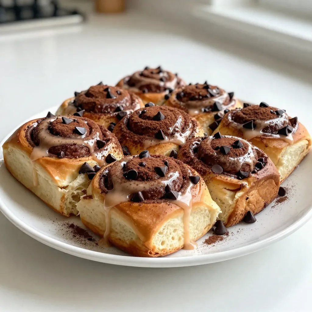 - 2 cups all-purpose flour - 2 tablespoons cocoa powder - 1/4 cup sugar - 1 teaspoon instant coffee granules - 1/2 teaspoon salt - 1 tablespoon active dry yeast - 3/4 cup warm milk (about 110°F) - 1/4 cup unsalted butter, melted - 1 large egg - 1/4 cup packed brown sugar - 2 teaspoons ground cinnamon - 1/2 cup chocolate chips - 1/2 cup powdered sugar - 1 tablespoon brewed coffee (cooled) - 1 tablespoon milk (for icing) When measuring ingredients, use dry measuring cups for flour and cocoa powder. For liquids, stick to liquid measuring cups. This ensures accuracy. A kitchen scale can help for precision, especially with flour. Remember, too much flour can make your rolls dry. - All-purpose flour is the main base. It gives structure to the rolls. - Cocoa powder adds a rich chocolate flavor, making these rolls special. - Instant coffee granules enhance the mocha taste. A little goes a long way. - Brown sugar brings sweetness and moisture, making the rolls soft. - Chocolate chips provide delightful bursts of melted chocolate in each bite. These ingredients come together to create a tasty treat. Each one plays a role in making your mocha cinnamon rolls delicious. Enjoy the process of mixing and baking! {{ingredient_image_1}} To start, gather your ingredients. In a large bowl, mix 1 cup of flour, cocoa powder, sugar, instant coffee granules, salt, and yeast. This blend will give your rolls a rich flavor. In a separate bowl, whisk warm milk, melted butter, and the egg. This step adds moisture and richness to the dough. Gradually pour the wet ingredients into the dry mix. Stir as you go. Add the remaining flour slowly until the dough is soft. Knead the dough on a floured surface for about 5 minutes. It should feel elastic and smooth. Then, place the dough in a greased bowl. Cover it with a towel and let it rise in a warm spot for about 1 hour, or until it doubles in size. Once your dough has risen, punch it down gently. Roll it out into a rectangle, about 12 by 8 inches. Now, let's make it sweet! In a small bowl, mix brown sugar and ground cinnamon. Spread this mixture evenly over the dough. Next, sprinkle chocolate chips on top. Starting from one long edge, tightly roll the dough into a log. Slice it into 12 equal pieces. Each slice will become a tasty roll. Place them in a greased baking dish. Cover them with a towel and let them rise again for 30 minutes. This second rise helps create fluffy rolls. Preheat your oven to 350°F (175°C). After the rolls have risen, pop them in the oven. Bake for 20 to 25 minutes, until they are golden brown. While they bake, prepare the icing. In a bowl, mix powdered sugar, cooled brewed coffee, and milk until smooth. When the rolls are done, take them out and let them cool for a few minutes. Drizzle the icing over the warm rolls. Enjoy your delicious mocha cinnamon rolls! To get the best dough, start with warm milk. The milk should feel warm, not hot. This helps the yeast wake up. Mix the dry ingredients first. Use a large bowl for this mix. Gradually add the milk mixture to the dry mix. Stir well to combine. Knead the dough for about 5 minutes. You want it smooth and soft. If it sticks to your hands, add a little flour. If it’s too dry, add a splash of milk. You can boost flavor in many ways. Try adding a pinch of nutmeg for warmth. Use dark chocolate chips for a richer taste. You can also swap instant coffee for espresso powder. This adds a strong coffee flavor. For a twist, add a bit of vanilla extract to the icing. It adds a sweet touch that balances the coffee. Avoid using cold ingredients. Cold milk or butter can slow down yeast. Make sure you knead long enough. If the dough is not elastic, it won’t rise well. Don’t skip the second rise. This makes the rolls light and fluffy. Also, watch the baking time. Every oven is different. Check the rolls at 20 minutes. They should be golden brown. If they’re too brown, cover them with foil. Pro Tips Use Fresh Ingredients: Always use fresh yeast and high-quality cocoa powder for the best flavor in your mocha cinnamon rolls. Temperature Check: Ensure your milk is warm but not hot (around 110°F) to activate the yeast without killing it. Knead Properly: Knead the dough until it is smooth and elastic; this develops the gluten, giving your rolls the right texture. Customize Your Fillings: Feel free to experiment with different fillings, such as nuts or dried fruit, for added texture and flavor. {{image_2}} You can customize mocha cinnamon rolls to fit your taste. Here are some fun options: - Nuts: Add chopped walnuts or pecans for crunch. - Dried Fruit: Try raisins or cranberries for a fruity twist. - Caramel: Drizzle caramel sauce before rolling for extra sweetness. - Marshmallows: Add mini marshmallows to make them gooey. Experiment with these mix-ins. Each one adds a new layer of flavor. Switching up spices can change the mood of these rolls. Consider these swaps: - Nutmeg: Replace some cinnamon with nutmeg for a warm spice. - Vanilla: Add vanilla extract to the dough for a sweet aroma. - Peppermint: Use peppermint extract for a fun, holiday vibe. These swaps can make the rolls unique and exciting to enjoy. The glaze can also be changed to match your style. Here are a few ideas: - Chocolate Glaze: Melt dark chocolate for a rich topping. - Maple Icing: Use maple syrup in your icing for a different flavor. - Coconut Cream: Blend coconut cream with powdered sugar for a tropical twist. These glaze alternatives add even more fun to your mocha cinnamon rolls. Store your mocha cinnamon rolls in an airtight container. This keeps them fresh for up to three days. If you have leftover icing, store it in a separate container in the fridge. Before sealing, let it cool down to room temperature. To reheat your rolls, place them in the microwave for about 15-20 seconds. This warms them without drying them out. For a crispier texture, pop them in the oven at 350°F for about 5-7 minutes. This brings back their original fluffiness. You can freeze these rolls to enjoy later. Place them in a single layer on a baking sheet. Once frozen, transfer them to a freezer bag. They will keep well for up to three months. To enjoy, thaw them overnight in the fridge and reheat as mentioned. Yes, you can make mocha cinnamon rolls ahead of time. Prepare the dough and let it rise. After shaping the rolls, place them in the baking dish. Cover them and refrigerate overnight. In the morning, let them sit at room temperature for 30 minutes before baking. This method keeps the rolls fresh and saves you time. Instant coffee granules work best in this recipe. They blend well and add a deep coffee flavor. You can also use brewed coffee for the icing. If you prefer a stronger taste, select a dark roast coffee. This will enhance the chocolate and cinnamon flavors. Yes, you can use gluten-free flour. Look for a blend designed for baking to achieve the best results. Replace all-purpose flour with a 1:1 gluten-free blend. Keep in mind that the dough may have a different texture. You may need to adjust the liquid for the right consistency. This blog post covered key steps for making delicious mocha cinnamon rolls. We explored the right ingredients, measurement details, and the importance of each key element. You learned precise instructions for preparing the dough, shaping rolls, and baking them to perfection. The tips offered help you achieve the best dough texture and avoid common mistakes. Don’t forget the variations to excite your taste buds! Finally, proper storage and reheating tips will keep your rolls fresh. Enjoy making these tasty treats, and remember, practice makes perfect!
