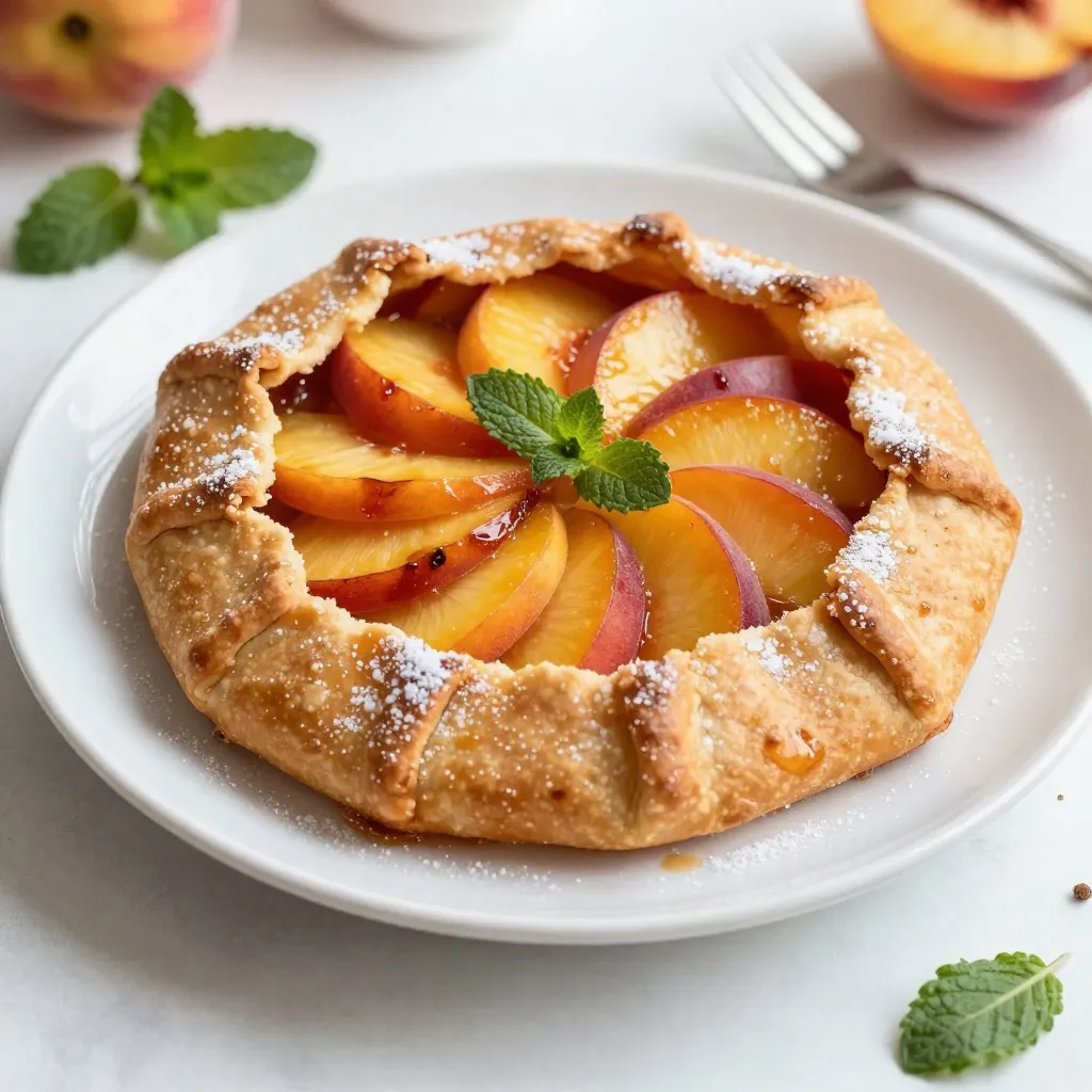 Here are the key items you need to make a Rustic Peach Galette: - Peaches: Use 2 large ripe peaches, sliced. Fresh peaches bring great flavor. - Sugar: You need 1 tablespoon. Adjust based on how sweet your peaches are. - Corn Starch: Just 1 teaspoon helps to thicken the filling. - Pie Crust: You can use 1 pre-made pie crust or make your own dough. - Egg for Egg Wash: One egg is used to brush on the crust for a golden finish. - Coarse Sugar for Sprinkling: One tablespoon gives the crust a nice crunch. - Lemon Juice: Just 1 tablespoon brightens the peach flavor. - Vanilla Extract: One teaspoon adds a warm, sweet note. - Optional Garnish: Fresh mint leaves give a fresh touch. Each ingredient plays a vital role in making this dessert tasty and beautiful. The peaches are the star, while the crust holds it all together. Using the right ingredients makes all the difference in flavor and texture. {{ingredient_image_1}} First, wash and slice two large, ripe peaches. Place the slices in a bowl. Add one tablespoon of lemon juice. This will help keep the peaches bright. Now, sprinkle one tablespoon of sugar over the slices. Adjust the sugar based on how sweet your peaches are. Add one teaspoon of vanilla extract and one teaspoon of corn starch. Gently toss everything together. Let the mixture sit for about 15 minutes. This helps the flavors blend well and makes the peaches juicy. Next, take your pre-made pie crust. If you’re feeling adventurous, you can make your own dough. Lightly flour your surface to prevent sticking. Roll the dough out to about 12 inches in diameter. Make sure it’s even. Once rolled, carefully place the crust on a baking sheet lined with parchment paper. This will make cleanup easy later. Now, it’s time to fill the galette! Spoon the peach mixture into the center of the dough. Leave about a 2-inch border around the edges. This space allows the crust to fold over the peaches. Carefully fold the edges of the crust over the peach filling. Pleat the dough as you go to create a rustic look. Don’t worry if it’s not perfect; that’s the charm of a galette! To finish, beat one egg in a small bowl. Brush the egg wash over the exposed crust. This gives it a nice golden color. Sprinkle one tablespoon of coarse sugar on top for added crunch. Preheat your oven to 400°F (200°C) and bake the galette for 25 to 30 minutes. Look for a golden brown crust and bubbly peaches. Once done, take it out and let it cool for about 10 minutes. If you want, garnish with fresh mint leaves for a pop of color. Enjoy! When picking peaches, look for ripe ones. They should feel soft but not mushy. The skin should have a warm color, like gold or orange. If you can, smell the peach. A sweet scent means it’s ready. Choose peaches that are slightly firm for best results. They will soften during baking and keep their shape. A great crust makes your galette shine. Use a pre-made pie crust for ease, or make your own. If you go homemade, keep the butter cold. Cold butter helps create a flaky texture. Roll the dough on a floured surface. Aim for a 12-inch circle, not perfect, just rustic. This gives your galette a homey look. Don’t worry if it tears; just patch it up with a bit of dough. You can serve your galette warm or at room temperature. It pairs well with vanilla ice cream for a sweet treat. A dollop of whipped cream also works. Fresh mint leaves add a nice touch too. For a fun twist, drizzle honey over each slice. Enjoy this dessert with friends or family for a cozy gathering. Pro Tips Choose Ripe Peaches: Select peaches that are slightly soft to the touch for the best flavor and sweetness. Adjust Sugar to Taste: Depending on the ripeness of your peaches, you may want to adjust the sugar to balance the flavors. Use a Cornstarch Slurry: Mixing cornstarch with the peach filling helps thicken the juices, preventing a soggy crust. Let It Cool: Allow the galette to cool for a few minutes before slicing; this helps the filling set up nicely. {{image_2}} You can mix peaches with other fruits. Try adding berries like blueberries or raspberries. Apples also work well, bringing a nice crunch. Stone fruits like plums or cherries create a sweet tart flavor. Experimenting helps you find your favorite mix. Each fruit adds a unique taste to the galette. For a gluten-free galette, use a gluten-free pie crust. Many brands offer ready-made options. You can also make your own using almond flour or rice flour. Just ensure all ingredients, like baking powder, are gluten-free. This way, everyone can enjoy your delicious dessert. You can enhance the peach flavor with spices. Try a pinch of cinnamon or nutmeg for warmth. A splash of almond extract adds depth to the taste. You can also mix in some fresh herbs like basil for a twist. These small changes can make your galette even more special. After you enjoy your Rustic Peach Galette, you might have some left. To store it, let it cool down first. Then, wrap it tightly in plastic wrap or aluminum foil. Place it in the fridge. It stays fresh for up to three days. If you want to keep it longer, freezing is the way to go. Freezing your galette is easy. First, let it cool completely. Then, cut it into slices. Wrap each slice in plastic wrap, and place them in a freezer-safe bag. You can freeze it for up to three months. When you're ready to eat, just thaw it in the fridge overnight. To reheat your galette, preheat your oven to 350°F (175°C). Place the galette on a baking sheet. Heat it for about 10-15 minutes. This keeps the crust crispy and warms the peaches. If you use the microwave, the crust may get soggy. So, I recommend the oven for the best results. Enjoy your tasty treat! A rustic peach galette is a simple, free-form pie. It has a flaky crust and fresh peaches. The peaches are mixed with sugar, lemon juice, and vanilla for flavor. You fold the crust over the filling, creating a charming look. This dessert is easy to make and perfect for summer. Yes, you can use frozen peaches. Thaw them first to remove excess water. Pat them dry with a towel to avoid a soggy crust. The taste will still be good, but fresh peaches have a better texture. You can tell the galette is done when the crust is golden brown. Look for bubbling juices from the peaches. Bake it for 25-30 minutes in an oven set at 400°F. If the edges are brown and firm, it’s ready to eat. You can serve the peach galette with whipped cream or vanilla ice cream. A scoop of yogurt also pairs well. Fresh mint leaves can add a nice touch. You can enjoy it warm or at room temperature. You’ve learned how to make a tasty peach galette, from choosing the best peaches to baking. Each step, from rolling out the crust to serving suggestions, makes this dessert special. Remember, you can mix fruits or try gluten-free options. Store leftovers properly to enjoy later. This galette, with its crunchy crust and sweet filling, is sure to impress. Get creative and have fun as you bake!