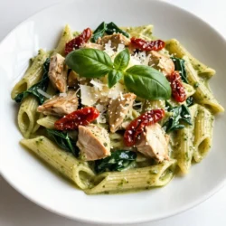 - 8 oz (225g) penne pasta - 2 tablespoons olive oil - 2 chicken breasts, diced - Salt and pepper, to taste - 2 cups baby spinach - 1 cup heavy cream - 1/2 cup prepared basil pesto - 1/2 cup grated Parmesan cheese - 1/4 cup sun-dried tomatoes, chopped - Fresh basil leaves for garnish - Calories per serving: About 600 calories. - Macronutrient breakdown: - Carbohydrates: 60g - Fats: 30g - Proteins: 35g - Potential allergens: Contains dairy and gluten. {{ingredient_image_1}} To cook penne pasta, bring a large pot of salted water to a boil. Add the penne and stir it. Cook according to the package instructions, usually about 10-12 minutes. You want to check it for doneness. Al dente means it should be firm but not hard. To achieve this, taste the pasta a minute or two before the time is up. Once cooked, drain it but save half a cup of the water. This water helps later in the sauce. For the chicken, heat two tablespoons of olive oil in a large skillet over medium-high heat. Add the diced chicken breasts to the skillet. Season them well with salt and pepper. This step is key for flavor. Cook the chicken for about 6 to 8 minutes. You want it golden brown on the outside and cooked all the way through. Use a meat thermometer if you have one; it should read 165°F. After cooking, take the chicken out and set it aside. Next, in the same skillet, add two cups of baby spinach. Sauté it for 2 to 3 minutes until it wilts. This adds a nice color and nutrients. Then, reduce the heat to medium-low. Pour in one cup of heavy cream and stir it well. This creates the base of your sauce. For a creamy texture, add half a cup of prepared basil pesto. Mix in half a cup of grated Parmesan cheese until it blends smoothly. If the sauce feels too thick, add a splash of the reserved pasta water. Now, add the cooked penne pasta and the sautéed chicken back into the skillet. Don't forget to toss in the chopped sun-dried tomatoes. Use tongs to toss everything together. This helps coat the pasta evenly with the sauce. Cook for an additional 2 to 3 minutes to heat it all through. This final heating step makes the flavors meld together nicely. To cook pasta well, start with a big pot. Fill it with water and add a good amount of salt. This helps the pasta taste better. Bring the water to a rolling boil before adding your penne pasta. Stir it well to keep it from sticking. Cook it until it is al dente, or firm to the bite. This usually takes about 8-10 minutes. Drain the pasta but save half a cup of the water. This starchy water helps to make your sauce creamy. If you have leftover pasta, store it in an airtight container. You can keep it in the fridge for up to three days. To prevent it from sticking, toss it with a touch of olive oil before storing. To take flavor up a notch, consider adding spices like red pepper flakes or garlic powder. Fresh herbs like thyme or oregano also work well in this dish. You can mix in a squeeze of lemon juice for an extra zing. For a creamier sauce, use full-fat heavy cream. You can even add a splash of chicken broth for depth. If the sauce feels too thick, stir in some reserved pasta water until it reaches your desired texture. Creamy pesto chicken pasta pairs well with a side salad or garlic bread. A fresh arugula salad adds a peppery bite that balances the creaminess. For garnish, sprinkle freshly grated Parmesan cheese on top. Add a few basil leaves for color and freshness. This makes your dish look fancy and inviting. Enjoy your meal with friends and family for a delightful experience! Pro Tips Season Well: Don't be shy with salt and pepper when cooking the chicken. Proper seasoning enhances the overall flavor of the dish. Use Fresh Ingredients: For the best flavor, opt for fresh basil and high-quality pesto. It makes a noticeable difference in the final dish. Adjust Consistency: If the sauce becomes too thick, gradually add the reserved pasta cooking water until you achieve your desired creaminess. Garnish Generously: Adding fresh basil and extra Parmesan cheese on top not only enhances presentation but also boosts flavor. {{image_2}} If you want to change things up, you can swap out the heavy cream. Here are a few ideas: - Greek yogurt: This gives a tangy taste and is lighter. - Coconut cream: It adds a hint of sweetness and is dairy-free. For protein swaps, consider these options: - Tofu: This works well for a vegetarian choice. - Shrimp or salmon: These seafood options bring great flavors. You don’t have to stick to penne. Here are some great pasta alternatives: - Farfalle: This bow-tie shape holds sauce well. - Fusilli: The spirals trap the creamy sauce nicely. If you choose a different pasta, remember the cooking times: - Farfalle: About 11-12 minutes for al dente. - Fusilli: Around 8-10 minutes will do. Want some heat? Here are a few simple ways to add spice: - Red pepper flakes: Just a pinch gives a nice kick. - Jalapeños: Fresh or pickled, they add great flavor. You can also add fresh veggies to brighten the dish: - Bell peppers: Sauté them with chicken for color. - Zucchini: Add it with the spinach for extra nutrition. To keep your creamy pesto chicken pasta fresh, use airtight containers. Glass or plastic containers work well. Make sure the pasta cools down before you seal it. This step helps prevent moisture build-up. Store the containers in the fridge. Leftovers can last up to three days. Reheating pasta can be tricky. To avoid drying it out, use a microwave-safe dish. Add a splash of water or cream. Cover the dish with a lid or a damp paper towel. Heat in short bursts, stirring in between. This method keeps the pasta moist. To refresh your creamy pesto chicken pasta, stir in a bit of extra pesto or cream before serving. It helps revive the flavors. You can freeze creamy pesto chicken pasta for longer storage. First, let it cool completely. Portion it into freezer-safe bags or containers. Remove as much air as possible before sealing. Label the bags with the date. When you’re ready to eat, thaw the pasta overnight in the fridge. Reheat it on the stovetop or microwave, adding a splash of cream or water as needed. This keeps the dish creamy and tasty. Can I use store-bought pesto for this recipe? Yes, you can use store-bought pesto. It saves time and is tasty. Just look for a high-quality brand. Freshness in pesto makes the dish better. You can also try different flavors like sun-dried tomato pesto. How long does creamy pesto chicken pasta last in the fridge? Creamy pesto chicken pasta lasts about 3 to 4 days in the fridge. Store it in an airtight container. If you notice any change in smell or color, it's best to toss it. Can I make this recipe in advance? Absolutely! You can cook the pasta and chicken ahead of time. Just store them separately. Combine them with the sauce right before serving. This keeps the pasta from getting mushy. What can I serve with creamy pesto chicken pasta? Pair it with a fresh salad or garlic bread. You can also serve it with roasted vegetables for a healthy side. These options add color and flavor to your meal. Is this dish suitable for a gluten-free diet? To make it gluten-free, use gluten-free pasta. Many brands offer great options that cook well. Just check the package for cooking times. How can I make this recipe dairy-free? You can substitute heavy cream with coconut cream or a dairy-free alternative. For cheese, try nutritional yeast or a dairy-free cheese. This way, you keep the creaminess without dairy. This blog post covered all key steps to make creamy pesto chicken pasta. From choosing the right ingredients to helpful cooking tips, you now have a clear guide. Remember, cooking is about fun and creativity. Feel free to experiment with flavors and textures. Don’t be afraid to adjust the recipe to suit your taste. Enjoy the process, share your dish, and gather your loved ones for a delicious meal.