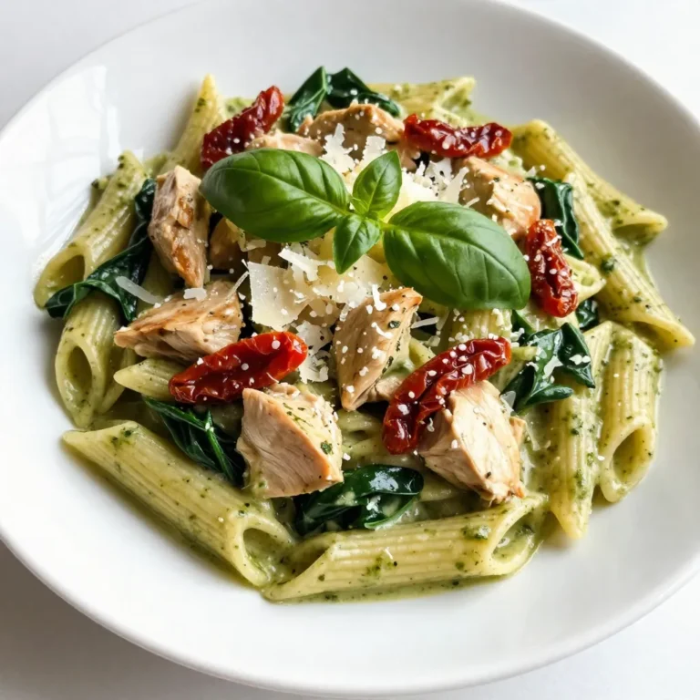 - 8 oz (225g) penne pasta - 2 tablespoons olive oil - 2 chicken breasts, diced - Salt and pepper, to taste - 2 cups baby spinach - 1 cup heavy cream - 1/2 cup prepared basil pesto - 1/2 cup grated Parmesan cheese - 1/4 cup sun-dried tomatoes, chopped - Fresh basil leaves for garnish - Calories per serving: About 600 calories. - Macronutrient breakdown: - Carbohydrates: 60g - Fats: 30g - Proteins: 35g - Potential allergens: Contains dairy and gluten. {{ingredient_image_1}} To cook penne pasta, bring a large pot of salted water to a boil. Add the penne and stir it. Cook according to the package instructions, usually about 10-12 minutes. You want to check it for doneness. Al dente means it should be firm but not hard. To achieve this, taste the pasta a minute or two before the time is up. Once cooked, drain it but save half a cup of the water. This water helps later in the sauce. For the chicken, heat two tablespoons of olive oil in a large skillet over medium-high heat. Add the diced chicken breasts to the skillet. Season them well with salt and pepper. This step is key for flavor. Cook the chicken for about 6 to 8 minutes. You want it golden brown on the outside and cooked all the way through. Use a meat thermometer if you have one; it should read 165°F. After cooking, take the chicken out and set it aside. Next, in the same skillet, add two cups of baby spinach. Sauté it for 2 to 3 minutes until it wilts. This adds a nice color and nutrients. Then, reduce the heat to medium-low. Pour in one cup of heavy cream and stir it well. This creates the base of your sauce. For a creamy texture, add half a cup of prepared basil pesto. Mix in half a cup of grated Parmesan cheese until it blends smoothly. If the sauce feels too thick, add a splash of the reserved pasta water. Now, add the cooked penne pasta and the sautéed chicken back into the skillet. Don't forget to toss in the chopped sun-dried tomatoes. Use tongs to toss everything together. This helps coat the pasta evenly with the sauce. Cook for an additional 2 to 3 minutes to heat it all through. This final heating step makes the flavors meld together nicely. To cook pasta well, start with a big pot. Fill it with water and add a good amount of salt. This helps the pasta taste better. Bring the water to a rolling boil before adding your penne pasta. Stir it well to keep it from sticking. Cook it until it is al dente, or firm to the bite. This usually takes about 8-10 minutes. Drain the pasta but save half a cup of the water. This starchy water helps to make your sauce creamy. If you have leftover pasta, store it in an airtight container. You can keep it in the fridge for up to three days. To prevent it from sticking, toss it with a touch of olive oil before storing. To take flavor up a notch, consider adding spices like red pepper flakes or garlic powder. Fresh herbs like thyme or oregano also work well in this dish. You can mix in a squeeze of lemon juice for an extra zing. For a creamier sauce, use full-fat heavy cream. You can even add a splash of chicken broth for depth. If the sauce feels too thick, stir in some reserved pasta water until it reaches your desired texture. Creamy pesto chicken pasta pairs well with a side salad or garlic bread. A fresh arugula salad adds a peppery bite that balances the creaminess. For garnish, sprinkle freshly grated Parmesan cheese on top. Add a few basil leaves for color and freshness. This makes your dish look fancy and inviting. Enjoy your meal with friends and family for a delightful experience! Pro Tips Season Well: Don't be shy with salt and pepper when cooking the chicken. Proper seasoning enhances the overall flavor of the dish. Use Fresh Ingredients: For the best flavor, opt for fresh basil and high-quality pesto. It makes a noticeable difference in the final dish. Adjust Consistency: If the sauce becomes too thick, gradually add the reserved pasta cooking water until you achieve your desired creaminess. Garnish Generously: Adding fresh basil and extra Parmesan cheese on top not only enhances presentation but also boosts flavor. {{image_2}} If you want to change things up, you can swap out the heavy cream. Here are a few ideas: - Greek yogurt: This gives a tangy taste and is lighter. - Coconut cream: It adds a hint of sweetness and is dairy-free. For protein swaps, consider these options: - Tofu: This works well for a vegetarian choice. - Shrimp or salmon: These seafood options bring great flavors. You don’t have to stick to penne. Here are some great pasta alternatives: - Farfalle: This bow-tie shape holds sauce well. - Fusilli: The spirals trap the creamy sauce nicely. If you choose a different pasta, remember the cooking times: - Farfalle: About 11-12 minutes for al dente. - Fusilli: Around 8-10 minutes will do. Want some heat? Here are a few simple ways to add spice: - Red pepper flakes: Just a pinch gives a nice kick. - Jalapeños: Fresh or pickled, they add great flavor. You can also add fresh veggies to brighten the dish: - Bell peppers: Sauté them with chicken for color. - Zucchini: Add it with the spinach for extra nutrition. To keep your creamy pesto chicken pasta fresh, use airtight containers. Glass or plastic containers work well. Make sure the pasta cools down before you seal it. This step helps prevent moisture build-up. Store the containers in the fridge. Leftovers can last up to three days. Reheating pasta can be tricky. To avoid drying it out, use a microwave-safe dish. Add a splash of water or cream. Cover the dish with a lid or a damp paper towel. Heat in short bursts, stirring in between. This method keeps the pasta moist. To refresh your creamy pesto chicken pasta, stir in a bit of extra pesto or cream before serving. It helps revive the flavors. You can freeze creamy pesto chicken pasta for longer storage. First, let it cool completely. Portion it into freezer-safe bags or containers. Remove as much air as possible before sealing. Label the bags with the date. When you’re ready to eat, thaw the pasta overnight in the fridge. Reheat it on the stovetop or microwave, adding a splash of cream or water as needed. This keeps the dish creamy and tasty. Can I use store-bought pesto for this recipe? Yes, you can use store-bought pesto. It saves time and is tasty. Just look for a high-quality brand. Freshness in pesto makes the dish better. You can also try different flavors like sun-dried tomato pesto. How long does creamy pesto chicken pasta last in the fridge? Creamy pesto chicken pasta lasts about 3 to 4 days in the fridge. Store it in an airtight container. If you notice any change in smell or color, it's best to toss it. Can I make this recipe in advance? Absolutely! You can cook the pasta and chicken ahead of time. Just store them separately. Combine them with the sauce right before serving. This keeps the pasta from getting mushy. What can I serve with creamy pesto chicken pasta? Pair it with a fresh salad or garlic bread. You can also serve it with roasted vegetables for a healthy side. These options add color and flavor to your meal. Is this dish suitable for a gluten-free diet? To make it gluten-free, use gluten-free pasta. Many brands offer great options that cook well. Just check the package for cooking times. How can I make this recipe dairy-free? You can substitute heavy cream with coconut cream or a dairy-free alternative. For cheese, try nutritional yeast or a dairy-free cheese. This way, you keep the creaminess without dairy. This blog post covered all key steps to make creamy pesto chicken pasta. From choosing the right ingredients to helpful cooking tips, you now have a clear guide. Remember, cooking is about fun and creativity. Feel free to experiment with flavors and textures. Don’t be afraid to adjust the recipe to suit your taste. Enjoy the process, share your dish, and gather your loved ones for a delicious meal.
