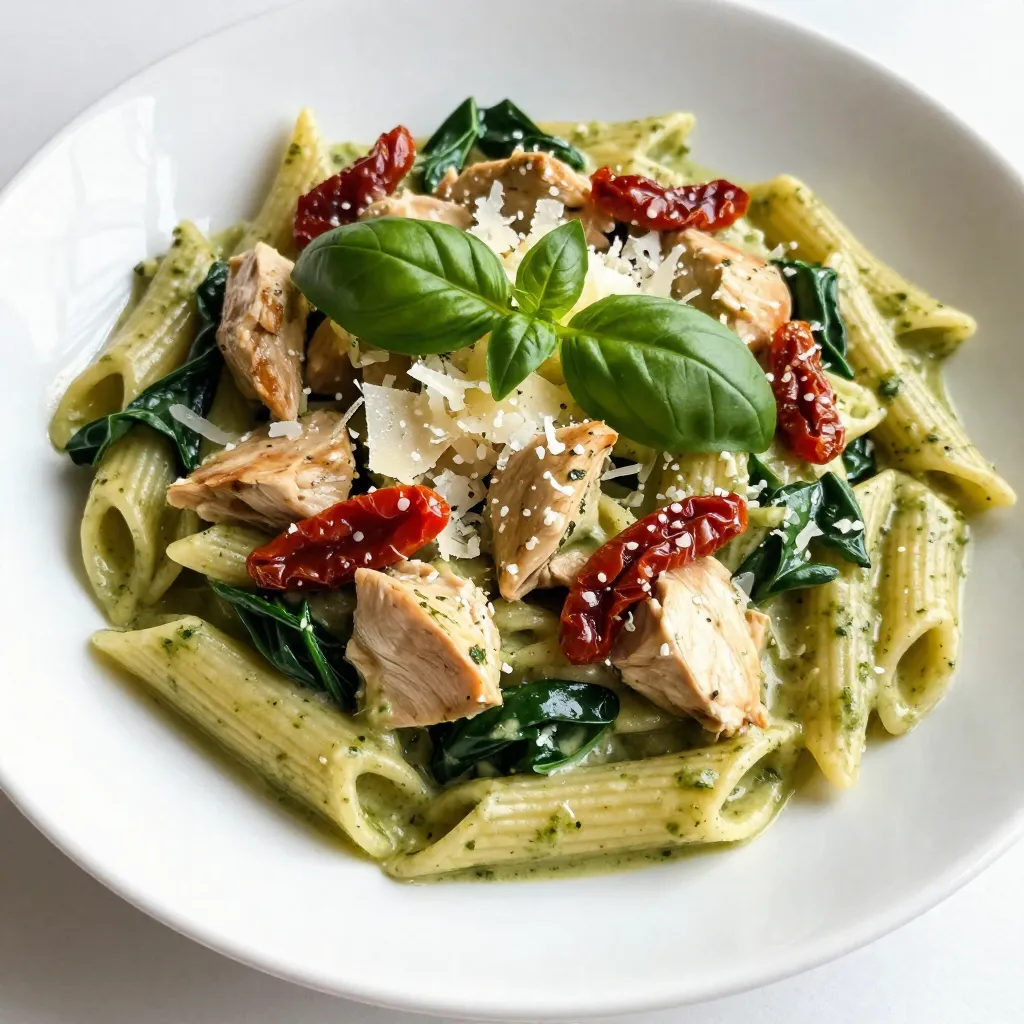 - 8 oz (225g) penne pasta - 2 tablespoons olive oil - 2 chicken breasts, diced - Salt and pepper, to taste - 2 cups baby spinach - 1 cup heavy cream - 1/2 cup prepared basil pesto - 1/2 cup grated Parmesan cheese - 1/4 cup sun-dried tomatoes, chopped - Fresh basil leaves for garnish - Calories per serving: About 600 calories. - Macronutrient breakdown: - Carbohydrates: 60g - Fats: 30g - Proteins: 35g - Potential allergens: Contains dairy and gluten. {{ingredient_image_1}} To cook penne pasta, bring a large pot of salted water to a boil. Add the penne and stir it. Cook according to the package instructions, usually about 10-12 minutes. You want to check it for doneness. Al dente means it should be firm but not hard. To achieve this, taste the pasta a minute or two before the time is up. Once cooked, drain it but save half a cup of the water. This water helps later in the sauce. For the chicken, heat two tablespoons of olive oil in a large skillet over medium-high heat. Add the diced chicken breasts to the skillet. Season them well with salt and pepper. This step is key for flavor. Cook the chicken for about 6 to 8 minutes. You want it golden brown on the outside and cooked all the way through. Use a meat thermometer if you have one; it should read 165°F. After cooking, take the chicken out and set it aside. Next, in the same skillet, add two cups of baby spinach. Sauté it for 2 to 3 minutes until it wilts. This adds a nice color and nutrients. Then, reduce the heat to medium-low. Pour in one cup of heavy cream and stir it well. This creates the base of your sauce. For a creamy texture, add half a cup of prepared basil pesto. Mix in half a cup of grated Parmesan cheese until it blends smoothly. If the sauce feels too thick, add a splash of the reserved pasta water. Now, add the cooked penne pasta and the sautéed chicken back into the skillet. Don't forget to toss in the chopped sun-dried tomatoes. Use tongs to toss everything together. This helps coat the pasta evenly with the sauce. Cook for an additional 2 to 3 minutes to heat it all through. This final heating step makes the flavors meld together nicely. To cook pasta well, start with a big pot. Fill it with water and add a good amount of salt. This helps the pasta taste better. Bring the water to a rolling boil before adding your penne pasta. Stir it well to keep it from sticking. Cook it until it is al dente, or firm to the bite. This usually takes about 8-10 minutes. Drain the pasta but save half a cup of the water. This starchy water helps to make your sauce creamy. If you have leftover pasta, store it in an airtight container. You can keep it in the fridge for up to three days. To prevent it from sticking, toss it with a touch of olive oil before storing. To take flavor up a notch, consider adding spices like red pepper flakes or garlic powder. Fresh herbs like thyme or oregano also work well in this dish. You can mix in a squeeze of lemon juice for an extra zing. For a creamier sauce, use full-fat heavy cream. You can even add a splash of chicken broth for depth. If the sauce feels too thick, stir in some reserved pasta water until it reaches your desired texture. Creamy pesto chicken pasta pairs well with a side salad or garlic bread. A fresh arugula salad adds a peppery bite that balances the creaminess. For garnish, sprinkle freshly grated Parmesan cheese on top. Add a few basil leaves for color and freshness. This makes your dish look fancy and inviting. Enjoy your meal with friends and family for a delightful experience! Pro Tips Season Well: Don't be shy with salt and pepper when cooking the chicken. Proper seasoning enhances the overall flavor of the dish. Use Fresh Ingredients: For the best flavor, opt for fresh basil and high-quality pesto. It makes a noticeable difference in the final dish. Adjust Consistency: If the sauce becomes too thick, gradually add the reserved pasta cooking water until you achieve your desired creaminess. Garnish Generously: Adding fresh basil and extra Parmesan cheese on top not only enhances presentation but also boosts flavor. {{image_2}} If you want to change things up, you can swap out the heavy cream. Here are a few ideas: - Greek yogurt: This gives a tangy taste and is lighter. - Coconut cream: It adds a hint of sweetness and is dairy-free. For protein swaps, consider these options: - Tofu: This works well for a vegetarian choice. - Shrimp or salmon: These seafood options bring great flavors. You don’t have to stick to penne. Here are some great pasta alternatives: - Farfalle: This bow-tie shape holds sauce well. - Fusilli: The spirals trap the creamy sauce nicely. If you choose a different pasta, remember the cooking times: - Farfalle: About 11-12 minutes for al dente. - Fusilli: Around 8-10 minutes will do. Want some heat? Here are a few simple ways to add spice: - Red pepper flakes: Just a pinch gives a nice kick. - Jalapeños: Fresh or pickled, they add great flavor. You can also add fresh veggies to brighten the dish: - Bell peppers: Sauté them with chicken for color. - Zucchini: Add it with the spinach for extra nutrition. To keep your creamy pesto chicken pasta fresh, use airtight containers. Glass or plastic containers work well. Make sure the pasta cools down before you seal it. This step helps prevent moisture build-up. Store the containers in the fridge. Leftovers can last up to three days. Reheating pasta can be tricky. To avoid drying it out, use a microwave-safe dish. Add a splash of water or cream. Cover the dish with a lid or a damp paper towel. Heat in short bursts, stirring in between. This method keeps the pasta moist. To refresh your creamy pesto chicken pasta, stir in a bit of extra pesto or cream before serving. It helps revive the flavors. You can freeze creamy pesto chicken pasta for longer storage. First, let it cool completely. Portion it into freezer-safe bags or containers. Remove as much air as possible before sealing. Label the bags with the date. When you’re ready to eat, thaw the pasta overnight in the fridge. Reheat it on the stovetop or microwave, adding a splash of cream or water as needed. This keeps the dish creamy and tasty. Can I use store-bought pesto for this recipe? Yes, you can use store-bought pesto. It saves time and is tasty. Just look for a high-quality brand. Freshness in pesto makes the dish better. You can also try different flavors like sun-dried tomato pesto. How long does creamy pesto chicken pasta last in the fridge? Creamy pesto chicken pasta lasts about 3 to 4 days in the fridge. Store it in an airtight container. If you notice any change in smell or color, it's best to toss it. Can I make this recipe in advance? Absolutely! You can cook the pasta and chicken ahead of time. Just store them separately. Combine them with the sauce right before serving. This keeps the pasta from getting mushy. What can I serve with creamy pesto chicken pasta? Pair it with a fresh salad or garlic bread. You can also serve it with roasted vegetables for a healthy side. These options add color and flavor to your meal. Is this dish suitable for a gluten-free diet? To make it gluten-free, use gluten-free pasta. Many brands offer great options that cook well. Just check the package for cooking times. How can I make this recipe dairy-free? You can substitute heavy cream with coconut cream or a dairy-free alternative. For cheese, try nutritional yeast or a dairy-free cheese. This way, you keep the creaminess without dairy. This blog post covered all key steps to make creamy pesto chicken pasta. From choosing the right ingredients to helpful cooking tips, you now have a clear guide. Remember, cooking is about fun and creativity. Feel free to experiment with flavors and textures. Don’t be afraid to adjust the recipe to suit your taste. Enjoy the process, share your dish, and gather your loved ones for a delicious meal.
