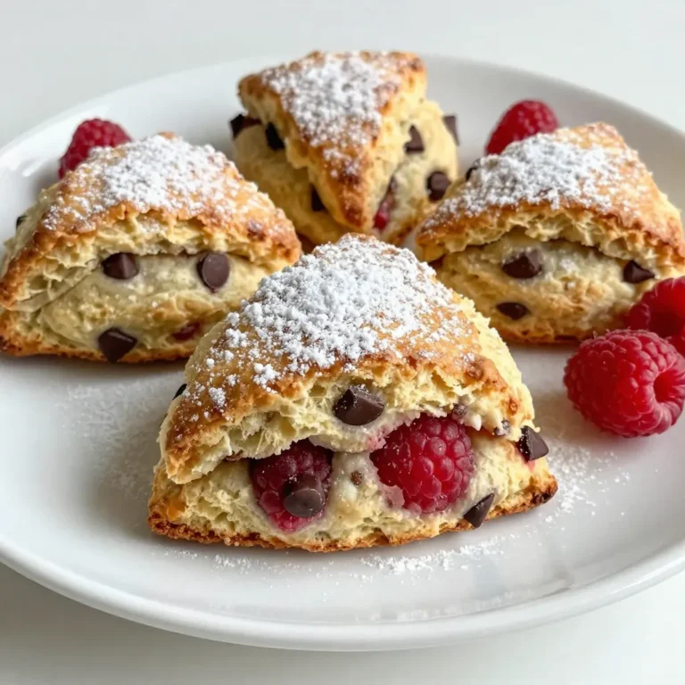 - 2 cups all-purpose flour - 1/4 cup granulated sugar - 1 tablespoon baking powder - 1/2 teaspoon salt - 1/2 cup unsalted butter, cold and cubed - 3/4 cup heavy cream - 1 teaspoon vanilla extract - 1 cup fresh raspberries - 1/2 cup chocolate chips - Extra sugar for sprinkling on top To make the best Raspberry Chocolate Chip Scones, start with the right ingredients. Each item plays a key role in the taste and texture. For the dry ingredients, use all-purpose flour as the base. It gives scones their light and fluffy structure. Granulated sugar adds the right amount of sweetness. Baking powder helps the scones rise, while salt enhances the flavors. Next, for the wet ingredients, unsalted butter is crucial. Cold and cubed butter creates flaky layers. Heavy cream adds richness and moisture, while vanilla extract brings warmth and depth to the scones. Finally, the add-ins make these scones special. Fresh raspberries burst with flavor and add a tart note. Chocolate chips provide a sweet contrast. A little extra sugar on top creates a delightful crust. By using these ingredients, you ensure your scones will be both delicious and visually appealing. {{ingredient_image_1}} 1. First, preheat your oven to 400°F (200°C). This makes sure your scones bake evenly. 2. Line a baking sheet with parchment paper. This helps prevent sticking and makes clean-up easy. 3. In a large bowl, sift together the dry ingredients: 2 cups of all-purpose flour, 1/4 cup of granulated sugar, 1 tablespoon of baking powder, and 1/2 teaspoon of salt. Mix them well to combine. 4. Now, add the cold, cubed butter (1/2 cup) to the flour mixture. Use your fingers or a pastry cutter to blend it in. Keep mixing until it looks like coarse crumbs. 5. In a separate bowl, whisk together 3/4 cup of heavy cream and 1 teaspoon of vanilla extract. Slowly pour this mix into the dry ingredients. Stir until just combined; do not overmix. 6. Gently fold in 1 cup of fresh raspberries and 1/2 cup of chocolate chips. Be careful not to squish the raspberries. 7. Turn the dough onto a floured surface. Knead it gently until it forms a ball. Pat it into a circle about 1 inch thick. 8. Cut the dough into wedges, like slices of pizza. Place them on your prepared baking sheet. 9. Sprinkle a little extra sugar on top of each scone for a sweet crust. 10. Bake them for 15-20 minutes. They should be golden brown when done. A toothpick should come out clean when inserted in the center. 11. Let the scones cool slightly on the baking sheet before moving them to a wire rack. To get the best scone texture, avoid overmixing. When you mix the dough, do it gently. Stop as soon as you see no dry flour. Overmixing makes the scones tough. Use cold butter to help keep the scones light. I recommend cubing the butter and keeping it in the fridge until you need it. Cold butter makes fluffy scones. You can change the flavor with different fruits. Try blueberries or chopped strawberries for a twist. For something unique, add a pinch of lemon zest. This boosts the fresh taste. For toppings, use a simple glaze or a sprinkle of powdered sugar. You can also serve these scones with clotted cream or butter. They taste great together! To know when your scones are done, look for a golden brown color. A toothpick in the center should come out clean. This shows they are baked through. After baking, let them cool on the sheet for a few minutes. Then, move them to a wire rack. This keeps the bottoms from getting soggy. Enjoy them warm for the best flavor! Pro Tips Keep the Butter Cold: Using cold butter is crucial for achieving flaky scones. Make sure it's chilled before incorporating it into the dry ingredients. Don’t Overmix: Gently fold the ingredients together to avoid tough scones. Overmixing can lead to dense and chewy results. Use Fresh Raspberries: Fresh raspberries will provide the best flavor and texture. If using frozen, make sure to thaw and drain them well to avoid excess moisture. Check for Doneness: Keep an eye on your scones as they bake. They should be golden brown and a toothpick should come out clean when inserted in the center. {{image_2}} To make your scones even more exciting, try different fruits. You can use blueberries, strawberries, or even peaches. Each fruit brings its own taste and texture. For chocolate lovers, switch the chocolate chips. You can use dark chocolate, white chocolate, or even mint chocolate. Each type adds a new layer of flavor. Want to cut back on sugar? You can reduce the sugar by up to half. The raspberries add natural sweetness. You can also use whole wheat flour instead of all-purpose flour. This swap adds fiber and nutrients. The scones will taste great, and you will feel better about eating them. If you follow a gluten-free diet, use a gluten-free flour blend. Make sure the blend contains xanthan gum for the best results. For a vegan option, replace the butter with coconut oil or a vegan butter. Use almond milk instead of heavy cream. These changes allow everyone to enjoy the scones without worry. To keep your fresh scones tasty, store them in an airtight container. Place parchment paper between layers to prevent sticking. This method keeps them soft and preserves their flavor. Avoid using plastic wrap directly, as it can trap moisture and make them soggy. For longer storage, you can freeze scones. First, let them cool completely. Then, wrap each scone in plastic wrap and place them in a freezer bag. They can last up to three months in the freezer. When you’re ready to enjoy them, thaw at room temperature or reheat in the oven. Bake them at 350°F (175°C) for about 10 minutes to restore their warmth. Freshly baked scones stay good for about two days at room temperature. If stored properly, they can last up to a week in the fridge. For the best taste and texture, eat them within this time. How do you make scones from scratch? To make scones, you need simple ingredients. Mix flour, sugar, baking powder, and salt in a bowl. Add cold butter and mix until it looks like crumbs. Then, add cream and vanilla. Finally, fold in raspberries and chocolate chips. Shape the dough, cut it, and bake until golden! Can I use frozen raspberries? Yes, you can use frozen raspberries! They work well in this recipe. Just be careful not to overmix the dough. Frozen berries might make the dough a bit wet, so adjust flour if needed. What can I serve with scones? Scones taste great with clotted cream or butter. You can also add jam or fresh fruit on the side. For drinks, tea or coffee pair nicely with scones! How do I know when scones are done baking? Scones are done when they turn golden brown. You can also test them with a toothpick. If it comes out clean, your scones are ready! What is the best way to eat scones? The best way to eat scones is warm. Spread clotted cream and jam on top. Enjoy them with a cup of tea for a lovely treat! Can I substitute for heavy cream? Yes, you can use milk or half-and-half instead of heavy cream. This might change the texture a bit, but they will still taste delicious! Are there alternatives to chocolate chips? You can use white chocolate, nuts, or even dried fruit instead of chocolate chips. Get creative and try different flavors! In this post, we covered the key ingredients for raspberry chocolate chip scones. We examined dry and wet ingredients, plus tasty add-ins. I guided you through step-by-step instructions for mixing and baking. You learned tips for perfect texture and flavor variations. I shared storage tips to keep your scones fresh. Scones are fun to make and share. Experiment with flavors and enjoy every bite. Happy baking!