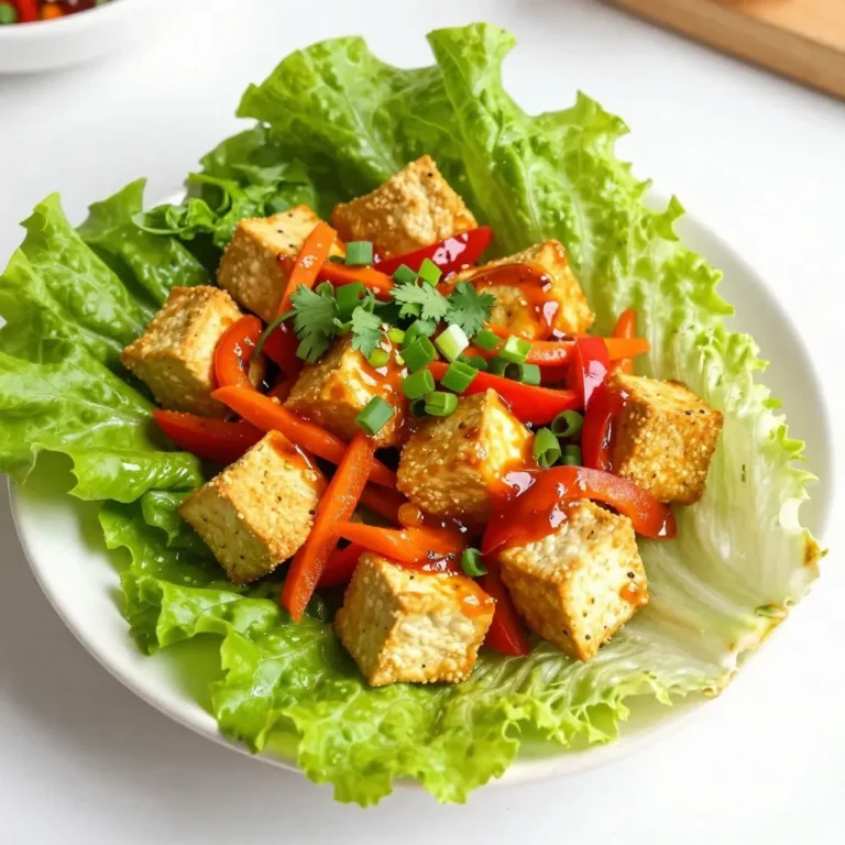 - 1 block (14 oz) firm tofu, pressed and cubed - 1/4 cup sweet chili sauce - 1 red bell pepper, diced - 1 carrot, grated - 3 green onions, chopped - 1 tablespoon soy sauce - 1 tablespoon lime juice - 1 head of butter or romaine lettuce, leaves separated - Fresh cilantro for garnish - Salt and pepper - Extra toppings or sauces {{ingredient_image_1}} 1. Start by pressing the tofu. Place the block of tofu on a plate. Put another plate on top. Add something heavy. This will help remove extra water. Let it sit for at least 15 minutes. This step makes the tofu firmer and helps it soak up flavors. 2. After pressing, cut the tofu into small cubes. Aim for about 1-inch pieces. This size helps the tofu cook evenly and fit nicely in the wraps. 3. In a bowl, toss the cubed tofu with cornstarch. Make sure each piece is coated well. The cornstarch creates a crispy crust when cooked. 1. Heat the vegetable oil in a large skillet over medium-high heat. Make sure the oil is hot before adding the tofu. This helps it to fry well. 2. Carefully add the cornstarch-coated tofu to the skillet. Fry the tofu for about 8-10 minutes. Turn the pieces often until they are golden and crispy on all sides. This step gives the tofu a nice texture. 3. Once the tofu is crispy, add the diced red bell pepper and grated carrot to the skillet. Sauté for about 3-4 minutes. The goal is to make the veggies tender but still crisp. They will add flavor and color to the dish. 1. Stir in the sweet chili sauce, soy sauce, and lime juice. Mix everything well. Let it simmer for 2-3 minutes. This step warms the sauce and makes sure every piece of tofu and veggie is coated. 2. Season the mixture with salt and pepper to taste. Adjust it based on your preference. 3. To assemble the wraps, take a lettuce leaf. Spoon a generous amount of the tofu mixture into the center. 4. Garnish with chopped green onions and fresh cilantro. 5. Fold the lettuce over the filling. Enjoy your fresh, tasty wraps! Importance of pressing tofu Pressing tofu is key. It removes extra moisture. This helps the tofu absorb flavors better. It also makes the tofu crispier when cooked. Always press for at least 15 minutes for best results. Best ways to cube tofu To cube tofu, first, press it. Then, cut the block in half. Slice each half into strips, then dice into cubes. Aim for about one-inch pieces. This size cooks evenly and fits well in the wraps. Achieving crispy tofu Coating tofu with cornstarch is a must. It creates a nice crust when cooked. Heat the oil in the skillet until hot. Fry the tofu in batches for even cooking. Cook until golden brown, about 8-10 minutes. Sautéing vegetables perfectly When sautéing vegetables, add them after the tofu is crispy. This keeps the tofu crisp. Cook the veggies for just a few minutes. They should be tender yet still crunchy. This adds texture to your wraps. Garnishing with herbs and additional flavors Fresh herbs like cilantro add great flavor. Chop them finely and sprinkle on top. You can also add lime juice for a zesty kick. These flavors brighten the dish. Recommended side dishes Serve your wraps with a side of rice or quinoa. These grains complement the tofu well. You can also add a light salad for freshness. This makes your meal more filling and balanced. Pro Tips Press the Tofu Well: Ensure that the tofu is pressed long enough to remove excess moisture, which helps achieve a crispier texture when cooked. Coat Tofu Evenly: Toss the tofu in cornstarch thoroughly to create a crunchy exterior when frying, enhancing the overall flavor and texture. Fresh Ingredients: Use fresh vegetables and herbs for garnish to elevate the dish’s flavor, adding brightness and a pop of color to your wraps. Adjust the Spice: Customize the heat level by adding chili flakes or using a spicy chili sauce if you prefer an extra kick in your wraps. {{image_2}} You can easily change the protein in this dish. Try tempeh or seitan for a twist. If you want a vegan option, stick with firm tofu. It works great! For sauces, you can swap sweet chili sauce with teriyaki or hoisin sauce. This change gives a new flavor. If you need a gluten-free option, use tamari instead of soy sauce. This keeps the dish safe for those who avoid gluten. For a low-carb version, skip the sweet chili sauce. Instead, use coconut aminos and add more lime juice for taste. To spice things up, add sliced jalapeños or a dash of sriracha to the tofu mix. This adds heat and excitement! If you prefer a sweet and savory taste, mix in some pineapple chunks. This will balance the flavors nicely and make each bite delicious. After you enjoy your sweet chili tofu lettuce wraps, you might have some left. Store leftovers in the fridge. Place the tofu filling in an airtight container. It stays fresh for 3 to 4 days. Keep the lettuce leaves separate. Use a different container for them to avoid wilting. This helps keep everything fresh and crisp. When you want to eat your leftovers, reheating is key. Use a skillet to reheat the tofu mixture. Heat it over medium heat. Stir gently until warm. This keeps the tofu crispy. Avoid using the microwave if you can. It can make the tofu soggy. Serve the warm filling in fresh lettuce leaves for the best taste. To save time, you can prep the tofu and veggies ahead. Press and cube the tofu one day before. Toss it in cornstarch and store it in the fridge. Dice the bell pepper and grate the carrot early, too. Keep them in a sealed container. Assemble your wraps fresh when you're ready to eat. This way, you enjoy the best texture and flavor. To add spice to your wraps, use these ingredients: - Sriracha sauce - Red pepper flakes - Chopped fresh chili peppers Start with a small amount of Sriracha in the sweet chili sauce. Add more based on your taste. Red pepper flakes can be sprinkled on top before serving. Fresh chili peppers can be diced and mixed in with the veggies. This will give your wraps that extra kick! Yes, you can prepare some parts ahead of time. Here are my best practices: - Press and cube the tofu a day before. Store it in the fridge. - Chop the vegetables and keep them in an airtight container. - Mix the sauces and store them separately. On the day you want to serve, just fry the tofu and sauté the veggies. Assemble the wraps fresh to keep the lettuce crisp. These wraps pair well with tasty side dishes. Here are some ideas: - Steamed rice or quinoa - A simple cucumber salad - Fresh spring rolls These sides balance the flavors and make your meal more filling. Enjoy! This blog post covered how to make sweet chili tofu lettuce wraps. We discussed key ingredients, the step-by-step cooking process, and helpful tips. You also learned about variations and how to store leftovers. Now you can create a tasty dish that suits your taste. Whether you want spicy or sweet, the options are endless. Enjoy making these wraps and impress your friends and family with your cooking skills!