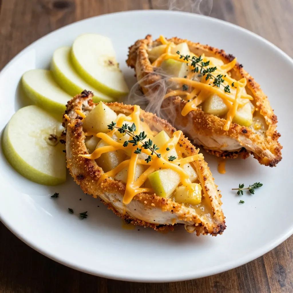 To make Apple Cheddar Stuffed Chicken, you will need: - 4 boneless, skinless chicken breasts - 1 large apple (Granny Smith or Honeycrisp), cored and diced - 1 cup sharp cheddar cheese, shredded - ½ cup breadcrumbs - 2 tablespoons fresh thyme, chopped - 1 tablespoon olive oil - Salt and pepper to taste - 1 teaspoon garlic powder - ½ teaspoon onion powder You can swap the apple for a different fruit, like pear or peach. If you want a milder cheese, use Monterey Jack instead of cheddar. Gluten-free breadcrumbs work well for those avoiding gluten. Fresh thyme adds great flavor, but dried thyme can work too. Adjust spices to fit your taste. For chicken, look for antibiotic-free or organic options. They taste better and are healthier. I prefer using Cabot or Tillamook for cheddar cheese since they offer rich flavors. For olive oil, choose extra virgin for the best quality. Always check the labels for freshness and quality. {{ingredient_image_1}} To start, grab a medium bowl. In it, combine the diced apple and shredded cheddar cheese. You can use Granny Smith or Honeycrisp apples for a great taste. Next, add the breadcrumbs, chopped thyme, garlic powder, onion powder, and a pinch of salt and pepper. Mix well until everything is blended. This filling brings sweet and savory flavors to your chicken. Now, take each chicken breast and place it on a cutting board. Use a sharp knife to carefully slice a pocket into each breast. Make sure you do not cut all the way through. You want the chicken to hold the filling inside. Once sliced, season both sides with salt, pepper, and a drizzle of olive oil. This adds flavor and keeps the chicken moist. Heat a large skillet over medium heat and add a splash of olive oil. When the oil is hot, place the stuffed chicken breasts in the skillet. Cook each side for about 3-4 minutes. You want a nice golden brown color. This step locks in the flavors and gives the chicken a lovely crust. After searing, transfer the chicken to a baking dish to finish cooking in the oven. To keep your chicken juicy, start with fresh, high-quality breasts. Choose boneless, skinless chicken. Rinse them and pat them dry with a paper towel. Season both sides with salt, pepper, and a splash of olive oil. This adds moisture. Searing the chicken helps lock in juices. Cook it on medium heat for a few minutes on each side until golden brown. Baking the chicken ensures it cooks evenly. Remember, chicken should reach 165°F internally for safety. You can boost the flavor of your dish easily. Consider adding smoked paprika for a hint of warmth. A pinch of cayenne can add a little heat. If you enjoy fresh herbs, try adding basil or dill to your stuffing mix. You can also mix in a dash of mustard powder for a tangy kick. Experiment with spices to make the dish your own! Searing your chicken before baking is key for great taste. Use a cast-iron skillet if possible. This helps create a nice crust. Once seared, transfer the chicken to a baking dish. Bake at 375°F for 20-25 minutes. This method keeps the chicken flavorful and moist. For even better results, let it rest for a few minutes after baking. This allows the juices to redistribute, making each bite tender and juicy. Pro Tips Choose the Right Apple: Opt for tart apples like Granny Smith or Honeycrisp for a perfect balance with the sharp cheddar. Secure Your Stuffing: Use toothpicks to secure the openings of the chicken breasts, preventing the delicious stuffing from spilling out during cooking. Don't Skip the Searing: Searing the chicken before baking helps to lock in moisture and adds a beautiful golden crust. Let It Rest: Allow the stuffed chicken to rest for a few minutes after baking; this helps the juices redistribute for juicier chicken. {{image_2}} You can swap sharp cheddar for other cheeses. Try gouda, mozzarella, or feta. Each cheese gives a unique flavor. Gouda adds a creamy touch, while mozzarella melts beautifully. Feta brings a tangy twist that pairs well with apples. While apples shine in this dish, feel free to explore other fruits. Pears work well, adding sweetness and a hint of spice. Cherries can bring a tart kick, while figs offer a rich, earthy flavor. Experiment with your favorite fruits to find new tastes. If you need a gluten-free option, use gluten-free breadcrumbs. Many brands offer great alternatives that work well in this recipe. For dairy-free, try vegan cheese. It melts nicely and keeps the stuffing creamy. Always check labels to ensure they fit your needs. To keep your Apple Cheddar Stuffed Chicken fresh, let it cool first. Place the chicken in an airtight container. You can slice it or store it whole. Keep it in the fridge for up to three days. Always label the container with the date. This helps you remember when you made it. When reheating, use the oven for the best results. Preheat the oven to 350°F (175°C). Place the chicken on a baking tray. Add a splash of water or broth to keep it moist. Cover with foil to prevent drying out. Heat for about 15-20 minutes. Check that it reaches 165°F (74°C) before eating. If you want to store it longer, freezing is a good option. Wrap each chicken breast tightly in plastic wrap. Then, place them in a freezer bag. Remove as much air as possible. Label the bag with the date. You can freeze the stuffed chicken for up to three months. To thaw, move it to the fridge overnight. This keeps the texture nice when you cook it again. It takes about 50 minutes to cook Apple Cheddar Stuffed Chicken. This includes 15 minutes of prep time and 35 minutes of cooking time. First, you sear the chicken for 6 to 8 minutes. Then, bake it for 20 to 25 minutes. Always check if the chicken reaches 165°F for safety. Yes, you can prepare Apple Cheddar Stuffed Chicken ahead of time. You can stuff the chicken and keep it in the fridge for up to 24 hours. Just remember to cover it tightly. When ready to cook, bring it to room temperature. This helps it cook evenly. Apple Cheddar Stuffed Chicken pairs well with several sides. You can serve it with a light salad for freshness. Steamed vegetables like broccoli or green beans also work well. For a heartier dish, try mashed potatoes or rice. Each adds a nice balance to the meal. This blog post covered all you need to know about Apple Cheddar Stuffed Chicken. We discussed the ingredients, their quality, and possible substitutes. You learned step-by-step instructions for preparing and cooking the chicken. I shared tips for juicy chicken and ways to tweak the recipe for your taste. Finally, I explained how to store leftovers and answered common questions. Overall, this dish is tasty and flexible. I hope you feel ready to cook it and impress everyone at your table!