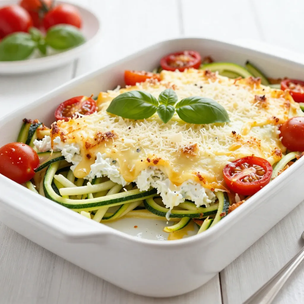 - 4 medium zucchinis (spiralized) - 1 cup cherry tomatoes (halved) - 1 cup ricotta cheese - 1 cup shredded mozzarella cheese (divided) - 1/2 cup grated Parmesan cheese - 2 cloves garlic (minced) - 1 teaspoon dried oregano - 1 teaspoon dried basil - Salt and pepper (to taste) - 1 tablespoon olive oil - Fresh basil leaves (for garnish) The key to a great Baked Parmesan Zoodle Casserole starts with the right ingredients. I love using fresh zucchinis because they add a nice crunch. Spiralizing them makes this dish fun and unique. You can do this with a simple spiralizer or even a peeler if you don't have one. Using cherry tomatoes gives a sweet burst of flavor. Halving them helps spread their juices throughout the dish. Ricotta cheese adds creaminess, while the mozzarella provides that gooey texture we all love. Grated Parmesan gives the casserole a salty kick. Herbs like oregano and basil bring freshness to the dish. Don't forget salt and pepper to season your zoodles just right! A little olive oil helps everything mix well and adds a lovely richness. Finally, garnish with fresh basil leaves for a pop of color and flavor when serving. Every ingredient plays a vital role in making this casserole tasty and comforting. You can also swap some ingredients based on your taste. Just keep the zoodles and cheese as your base for the best results! {{ingredient_image_1}} - Preheat your oven to 375°F (190°C). This step is key for even cooking. - Spiralize 4 medium zucchinis into zoodles. Use a spiralizer for fun shapes. - Gather your other ingredients: cherry tomatoes, cheeses, garlic, and spices. - In a large skillet, heat 1 tablespoon olive oil over medium heat. - Add 2 cloves of minced garlic and sauté for about 30 seconds. - Toss in the zoodles and cook for 3-5 minutes. They should soften a bit. - Season with salt, pepper, 1 teaspoon of oregano, and 1 teaspoon of basil. Mix well. - In a mixing bowl, combine 1 cup ricotta cheese, half of the mozzarella, and half of the Parmesan. - In a 9x13 inch baking dish, layer half of the zoodles at the bottom. - Spread half of the ricotta mixture over the zoodles. Then add half of the halved cherry tomatoes. - Repeat this layering with the remaining zoodles, ricotta mixture, and cherry tomatoes. - Top it off with the leftover mozzarella and Parmesan cheese, spreading evenly. - Cover the baking dish with aluminum foil. This helps keep moisture in. - Bake for 20 minutes. This ensures the flavors meld together. - After 20 minutes, remove the foil. Bake for another 10-15 minutes. You want the cheese to be bubbly and golden. To make perfect zoodles, start with firm zucchinis. Use a spiralizer for even noodles. Cut off the ends and push the zucchini through the tool. This gives you long, thin noodles. To reduce moisture in zoodles, sprinkle salt on them after spiralizing. Let them sit for about 15 minutes. This process draws out excess water. Pat them dry with paper towels before cooking. Dry zoodles keep your casserole from getting soggy. For a twist, try different cheeses. Feta adds a tangy flavor. Goat cheese gives a creamy touch. You can also mix in cheddar for a sharper taste. Adjust cheese amounts based on your taste. If you love cheese, go heavy. If you prefer a lighter dish, stick to less. Herbs and spices can really boost flavor. Add thyme for earthiness or red pepper flakes for heat. Fresh herbs like parsley or cilantro also add brightness. Want to add protein? Cooked chicken or ground turkey works well. These proteins blend nicely with the zoodles and cheese. Mix them in during the layering process for a hearty meal. Pro Tips Use Firm Zucchini: Choose firm zucchinis to ensure your zoodles hold their shape during cooking and do not become mushy. Season Your Zoodles: Season the zoodles while cooking to enhance their flavor; don't skip the salt and pepper! Extra Creamy Casserole: For a creamier casserole, consider adding a beaten egg to the ricotta mixture for added richness. Garnish for Freshness: Fresh basil leaves not only add color but also a burst of flavor; sprinkle them on just before serving for the best taste. {{image_2}} You can easily make this casserole more colorful by adding other veggies. Try using bell peppers, spinach, or mushrooms. These swaps add great flavor and nutrition. If you want a fresh taste, consider adding chopped kale or carrots. Mix and match to suit your tastes. Each veggie adds a unique twist! Ensure all your ingredients are gluten-free. The zucchini, cheeses, and spices are naturally gluten-free. Just check the labels on ricotta and mozzarella. Some brands may mix in gluten. Choosing certified gluten-free products keeps your meal safe for those with gluten sensitivity. This way, everyone can enjoy the dish! To reduce carbs even more, you can skip the cherry tomatoes or use fewer. Instead, try adding more leafy greens like spinach. You might also use almond flour as a topping instead of more cheese. This keeps the dish low in carbs while still being tasty. Enjoy your guilt-free casserole! To keep your Baked Parmesan Zoodle Casserole fresh, follow these steps. First, let the casserole cool down to room temperature. This helps prevent moisture buildup. Next, cover it tightly with plastic wrap or aluminum foil. You can also transfer it to an airtight container. In the fridge, it lasts about 3 to 5 days. If you want to save it longer, consider freezing it. To freeze your casserole, follow these steps: 1. Let it cool completely. 2. Cut it into portions for easy reheating. 3. Wrap each portion tightly with plastic wrap. 4. Place the wrapped portions in a freezer-safe bag or container. When you want to reheat, take a portion out of the freezer. Let it thaw in the fridge overnight. To reheat, place it in the oven at 350°F (175°C) for about 20 minutes. Check that it’s heated all the way through before serving. For easy weeknight meals, you can prepare the casserole in advance. You can spiralize the zucchini and chop the tomatoes a day before. Store them in the fridge in separate containers. Mix the cheese filling and layer the casserole in the baking dish. Cover it well and store it in the fridge. Then, just bake it when you're ready to eat. This way, you save time and enjoy a tasty meal! You can use several tasty options instead of zoodles. Here are some substitutes: - Spaghetti squash: Cook it, scoop it out, and use the strands. - Carrot noodles: Spiralize carrots for a sweet crunch. - Butternut squash noodles: They add a nice flavor and texture. - Shirataki noodles: Low-calorie and made from konjac yam. - Cabbage noodles: Thinly slice cabbage for a hearty base. Each of these options gives a unique twist to your casserole! Yes, you can prepare this casserole in advance. Here’s how: 1. Prepare the zoodles: Spiralize and sauté them as usual. 2. Layer the casserole: Follow the recipe steps to layer all ingredients. 3. Cover and refrigerate: Wrap it tightly with foil or plastic wrap. You can store it in the fridge for up to two days. Just bake it when you’re ready! Yes, this casserole is quite healthy. Here’s why: - Zucchini: Low in calories and high in vitamins A and C. - Ricotta cheese: Offers protein and calcium. - Tomatoes: Packed with antioxidants and vitamins. - Parmesan cheese: Adds flavor and calcium in moderation. It’s a great dish for those who want a nutritious meal! The total time for this casserole is about 50 minutes. Here’s the breakdown: - Prep time: 15 minutes to get everything ready. - Baking time: 20 minutes covered, then 10-15 minutes uncovered. This means you’ll have a warm, cheesy meal ready in no time! This blog post showed you how to make a delicious baked Parmesan zoodle casserole. You learned about the key ingredients, step-by-step instructions, and helpful tips. I shared variations for different diets and storage methods to keep your leftovers fresh. With all these ideas, you can enjoy this dish any day. Try it out, and make it your own by adjusting flavors and ingredients. Cooking can be fun and creative, so enjoy every bite!