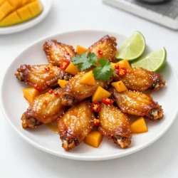- 2 pounds chicken wings - 1 ripe mango, peeled and diced - 2 habanero peppers, deseeded and minced (adjust according to taste) - 1/4 cup honey - 2 tablespoons soy sauce - 1 tablespoon lime juice - 2 cloves garlic, minced - 1 teaspoon ginger, grated - Salt and pepper to taste - 1 tablespoon olive oil To make Mango Habanero Wings, you need fresh ingredients. Start with chicken wings. They are the star of this dish. You want about 2 pounds, perfect for sharing. Next, grab a ripe mango. The fruit should be sweet and juicy. Peel and dice it. This will give your sauce a tropical twist. Now, for some heat, use habanero peppers. I like to use two, but you can adjust this. Deseed and mince them. This step is key for flavor. To sweeten the sauce, use 1/4 cup of honey. It balances the heat well. Then, add 2 tablespoons of soy sauce and 1 tablespoon of lime juice for depth. Don’t forget the garlic. You need 2 cloves, minced, and 1 teaspoon of grated ginger. These add a nice kick to your wings. Finally, season with salt and pepper. A drizzle of olive oil helps the wings marinate. Mixing all these ingredients creates a vibrant and spicy sauce. It’s easy to get excited about these Mango Habanero Wings! {{ingredient_image_1}} To start, you need to marinate the wings. In a big bowl, mix the chicken wings with olive oil, salt, and pepper. Make sure the wings get coated well. This step is key for flavor. Let the wings sit for at least 30 minutes. If you can, marinate them overnight. This extra time adds more taste. Next, let’s make the sauce. In a blender, combine the diced mango, minced habanero peppers, honey, soy sauce, lime juice, garlic, and ginger. Blend until smooth. Check the flavor. If you want more sweetness, add more mango. For more heat, toss in extra habanero. This sauce is the star of your dish! Now, preheat your oven to 425°F (220°C). Line a baking sheet with aluminum foil. Place a wire rack on top. This helps the wings cook evenly. Arrange the marinated wings on the rack in one layer. Bake them for about 35-40 minutes. Turn them halfway through for crispiness. In the last 5 minutes of baking, take the wings out. Brush them with the mango habanero sauce. Put them back in the oven for 5 more minutes. This caramelizes the glaze and adds a nice finish. Once done, let them rest for a few minutes. Serve hot, with extra sauce on the side for dipping. For a beautiful presentation, arrange the wings on a platter. Drizzle with more sauce and garnish with fresh cilantro and lime wedges. Enjoy your spicy and flavorful mango habanero wings! Importance of Marination Marinating chicken wings is key to flavor and crispiness. When you coat the wings in olive oil, salt, and pepper, they absorb those flavors. Try marinating for at least 30 minutes, or longer if you can. This time allows the wings to soak up every bit of goodness. The longer, the better! Utilizing a Wire Rack Using a wire rack helps air circulate around the wings. This technique prevents sogginess. Place the wings on the rack over a baking sheet. This setup lets the fat drip away and keeps the wings from steaming. Bake them until they are golden and crispy, which usually takes about 35 to 40 minutes. Adjusting Spiciness with Habanero Habanero peppers pack a punch! You can control the heat by adjusting the number of peppers. For a milder version, use just one. If you love spice, add more. Remember to deseed the peppers for a milder kick. Always taste your sauce before using it to ensure it suits your taste. Options for Sweetness and Flavor Enhancements If you like your wings sweeter, add more mango or honey to the sauce. You can also include a splash of orange juice for a fruity twist. Experiment with different flavors that excite your palate! Adding a bit of lime zest can brighten the sauce, making it even more refreshing. Pro Tips Adjust Heat Level: If you prefer a milder flavor, reduce the number of habanero peppers or replace them with a less spicy pepper like jalapeño. Marination Time: For the best flavor, marinate the wings overnight in the refrigerator, allowing the spices to penetrate the meat thoroughly. Crispy Texture: Baking on a wire rack helps circulate heat around the wings, ensuring they become crispy on all sides. Serving Suggestion: Serve with a side of cooling ranch or blue cheese dressing to balance the heat of the wings. {{image_2}} Air Fryer Instructions You can make these wings in an air fryer for a quicker meal. Start by marinating the wings as usual. Set your air fryer to 375°F (190°C) and arrange the wings in a single layer. Cook for about 25 minutes, turning halfway through. This method gives you crispy wings with less oil. Grill Option for Outdoor Cooking Grilling the wings adds a smoky flavor. After marinating, preheat your grill to medium-high heat. Place the wings directly on the grill and cook for 15-20 minutes, flipping them often. Brush on the mango habanero sauce in the last few minutes for a tasty glaze. Substituting Fruits for Different Flavors You can swap mango with other fruits like pineapple or peach. Each fruit brings its own unique taste and sweetness. If you choose a sweeter fruit, you may want to cut back on honey to balance the flavors. Gluten-free Options for Soy Sauce If you need a gluten-free option, use tamari sauce instead of regular soy sauce. It has a similar taste and works well in this recipe. This small change keeps your wings tasty and safe for those with gluten sensitivities. To store leftover mango habanero wings, follow these tips: - Refrigeration Tips and Timeframe: Place your wings in an airtight container. They will stay fresh for about 3 to 4 days in the fridge. Make sure they cool down first to keep them crispy. - Freezing Instructions for Long-term Storage: For long-term storage, put the wings in a freezer-safe bag. Remove as much air as possible. You can freeze them for up to 3 months. When you’re ready to eat, let them thaw in the fridge overnight. Reheating wings can be tricky. Here are some great methods to keep them crispy: - Best Methods to Maintain Crispiness: The oven is best for reheating. Preheat it to 350°F (175°C). Place the wings on a baking sheet lined with foil. Bake for about 10 to 15 minutes until warm and crispy. - Stovetop vs. Microwave: You can use the stovetop too. Heat a pan on medium and add a little oil. Cook the wings for a few minutes on each side. Avoid the microwave if you want to keep the wings crispy. Microwaving makes them soggy and less tasty. To make your wings spicier, you can adjust the habanero quantity. Start with two habanero peppers. If you want more heat, add one or two more. Make sure to taste as you go. You can also use additional spicy ingredients. Consider adding cayenne pepper or a dash of hot sauce. These will enhance the spice without changing the flavor too much. Yes, you can use frozen wings. However, it’s best to thaw them first. You can thaw wings overnight in the fridge or use a microwave. Cooking times will change slightly. Frozen wings might need an extra 5-10 minutes in the oven. Always check for doneness to ensure they are cooked through. Great sides include coleslaw, rice, or corn on the cob. These complement the wings nicely. For beverage pairing, try a cold beer or a sweet mango soda. These drinks balance the spicy flavor of the wings well. You now have all the steps to make delicious Mango Habanero Chicken Wings. From marinating the wings to preparing the sauce, each detail matters. You can customize the flavor to suit your taste. Try different cooking methods like air frying or grilling for variety. Remember, leftover wings can be stored and reheated easily. Enjoy experimenting with this fun recipe! Dive into this cooking adventure and impress yourself and others with your skills.
