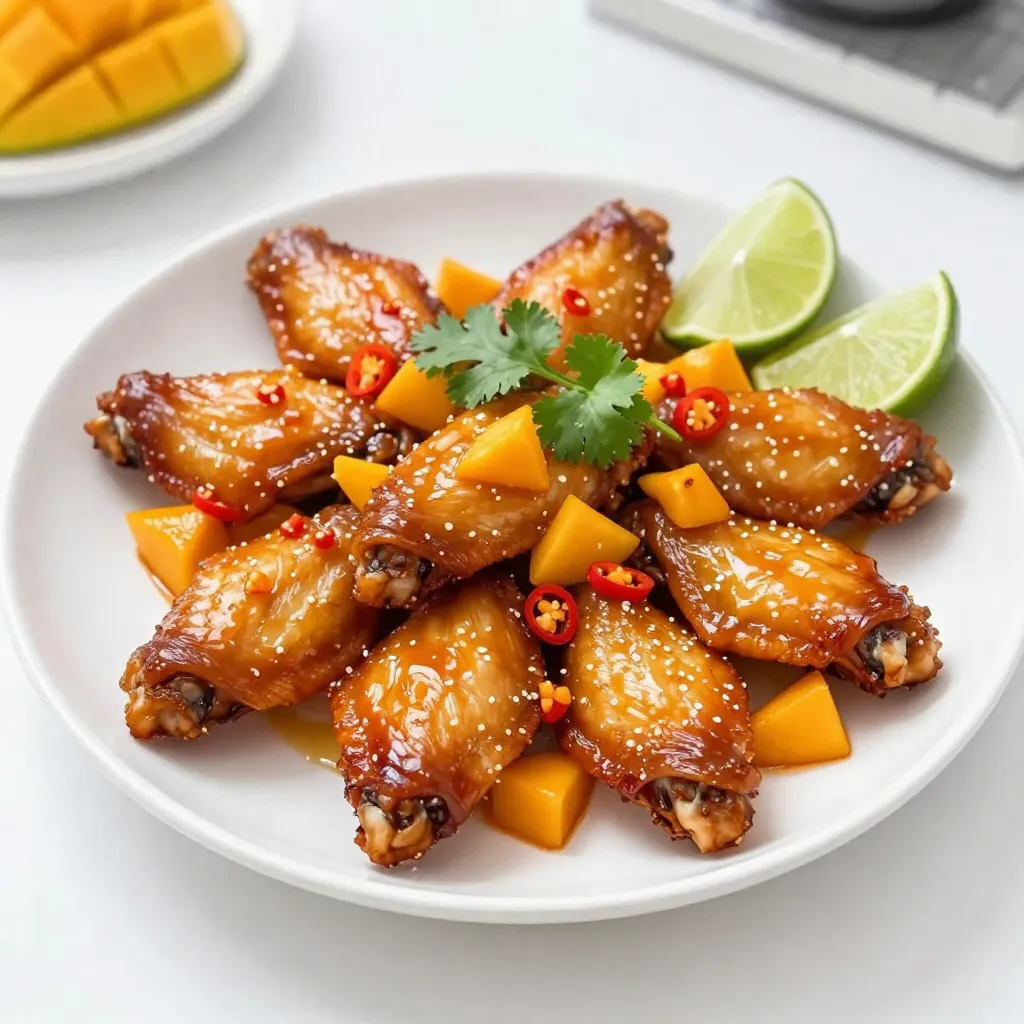 - 2 pounds chicken wings - 1 ripe mango, peeled and diced - 2 habanero peppers, deseeded and minced (adjust according to taste) - 1/4 cup honey - 2 tablespoons soy sauce - 1 tablespoon lime juice - 2 cloves garlic, minced - 1 teaspoon ginger, grated - Salt and pepper to taste - 1 tablespoon olive oil To make Mango Habanero Wings, you need fresh ingredients. Start with chicken wings. They are the star of this dish. You want about 2 pounds, perfect for sharing. Next, grab a ripe mango. The fruit should be sweet and juicy. Peel and dice it. This will give your sauce a tropical twist. Now, for some heat, use habanero peppers. I like to use two, but you can adjust this. Deseed and mince them. This step is key for flavor. To sweeten the sauce, use 1/4 cup of honey. It balances the heat well. Then, add 2 tablespoons of soy sauce and 1 tablespoon of lime juice for depth. Don’t forget the garlic. You need 2 cloves, minced, and 1 teaspoon of grated ginger. These add a nice kick to your wings. Finally, season with salt and pepper. A drizzle of olive oil helps the wings marinate. Mixing all these ingredients creates a vibrant and spicy sauce. It’s easy to get excited about these Mango Habanero Wings! {{ingredient_image_1}} To start, you need to marinate the wings. In a big bowl, mix the chicken wings with olive oil, salt, and pepper. Make sure the wings get coated well. This step is key for flavor. Let the wings sit for at least 30 minutes. If you can, marinate them overnight. This extra time adds more taste. Next, let’s make the sauce. In a blender, combine the diced mango, minced habanero peppers, honey, soy sauce, lime juice, garlic, and ginger. Blend until smooth. Check the flavor. If you want more sweetness, add more mango. For more heat, toss in extra habanero. This sauce is the star of your dish! Now, preheat your oven to 425°F (220°C). Line a baking sheet with aluminum foil. Place a wire rack on top. This helps the wings cook evenly. Arrange the marinated wings on the rack in one layer. Bake them for about 35-40 minutes. Turn them halfway through for crispiness. In the last 5 minutes of baking, take the wings out. Brush them with the mango habanero sauce. Put them back in the oven for 5 more minutes. This caramelizes the glaze and adds a nice finish. Once done, let them rest for a few minutes. Serve hot, with extra sauce on the side for dipping. For a beautiful presentation, arrange the wings on a platter. Drizzle with more sauce and garnish with fresh cilantro and lime wedges. Enjoy your spicy and flavorful mango habanero wings! Importance of Marination Marinating chicken wings is key to flavor and crispiness. When you coat the wings in olive oil, salt, and pepper, they absorb those flavors. Try marinating for at least 30 minutes, or longer if you can. This time allows the wings to soak up every bit of goodness. The longer, the better! Utilizing a Wire Rack Using a wire rack helps air circulate around the wings. This technique prevents sogginess. Place the wings on the rack over a baking sheet. This setup lets the fat drip away and keeps the wings from steaming. Bake them until they are golden and crispy, which usually takes about 35 to 40 minutes. Adjusting Spiciness with Habanero Habanero peppers pack a punch! You can control the heat by adjusting the number of peppers. For a milder version, use just one. If you love spice, add more. Remember to deseed the peppers for a milder kick. Always taste your sauce before using it to ensure it suits your taste. Options for Sweetness and Flavor Enhancements If you like your wings sweeter, add more mango or honey to the sauce. You can also include a splash of orange juice for a fruity twist. Experiment with different flavors that excite your palate! Adding a bit of lime zest can brighten the sauce, making it even more refreshing. Pro Tips Adjust Heat Level: If you prefer a milder flavor, reduce the number of habanero peppers or replace them with a less spicy pepper like jalapeño. Marination Time: For the best flavor, marinate the wings overnight in the refrigerator, allowing the spices to penetrate the meat thoroughly. Crispy Texture: Baking on a wire rack helps circulate heat around the wings, ensuring they become crispy on all sides. Serving Suggestion: Serve with a side of cooling ranch or blue cheese dressing to balance the heat of the wings. {{image_2}} Air Fryer Instructions You can make these wings in an air fryer for a quicker meal. Start by marinating the wings as usual. Set your air fryer to 375°F (190°C) and arrange the wings in a single layer. Cook for about 25 minutes, turning halfway through. This method gives you crispy wings with less oil. Grill Option for Outdoor Cooking Grilling the wings adds a smoky flavor. After marinating, preheat your grill to medium-high heat. Place the wings directly on the grill and cook for 15-20 minutes, flipping them often. Brush on the mango habanero sauce in the last few minutes for a tasty glaze. Substituting Fruits for Different Flavors You can swap mango with other fruits like pineapple or peach. Each fruit brings its own unique taste and sweetness. If you choose a sweeter fruit, you may want to cut back on honey to balance the flavors. Gluten-free Options for Soy Sauce If you need a gluten-free option, use tamari sauce instead of regular soy sauce. It has a similar taste and works well in this recipe. This small change keeps your wings tasty and safe for those with gluten sensitivities. To store leftover mango habanero wings, follow these tips: - Refrigeration Tips and Timeframe: Place your wings in an airtight container. They will stay fresh for about 3 to 4 days in the fridge. Make sure they cool down first to keep them crispy. - Freezing Instructions for Long-term Storage: For long-term storage, put the wings in a freezer-safe bag. Remove as much air as possible. You can freeze them for up to 3 months. When you’re ready to eat, let them thaw in the fridge overnight. Reheating wings can be tricky. Here are some great methods to keep them crispy: - Best Methods to Maintain Crispiness: The oven is best for reheating. Preheat it to 350°F (175°C). Place the wings on a baking sheet lined with foil. Bake for about 10 to 15 minutes until warm and crispy. - Stovetop vs. Microwave: You can use the stovetop too. Heat a pan on medium and add a little oil. Cook the wings for a few minutes on each side. Avoid the microwave if you want to keep the wings crispy. Microwaving makes them soggy and less tasty. To make your wings spicier, you can adjust the habanero quantity. Start with two habanero peppers. If you want more heat, add one or two more. Make sure to taste as you go. You can also use additional spicy ingredients. Consider adding cayenne pepper or a dash of hot sauce. These will enhance the spice without changing the flavor too much. Yes, you can use frozen wings. However, it’s best to thaw them first. You can thaw wings overnight in the fridge or use a microwave. Cooking times will change slightly. Frozen wings might need an extra 5-10 minutes in the oven. Always check for doneness to ensure they are cooked through. Great sides include coleslaw, rice, or corn on the cob. These complement the wings nicely. For beverage pairing, try a cold beer or a sweet mango soda. These drinks balance the spicy flavor of the wings well. You now have all the steps to make delicious Mango Habanero Chicken Wings. From marinating the wings to preparing the sauce, each detail matters. You can customize the flavor to suit your taste. Try different cooking methods like air frying or grilling for variety. Remember, leftover wings can be stored and reheated easily. Enjoy experimenting with this fun recipe! Dive into this cooking adventure and impress yourself and others with your skills.