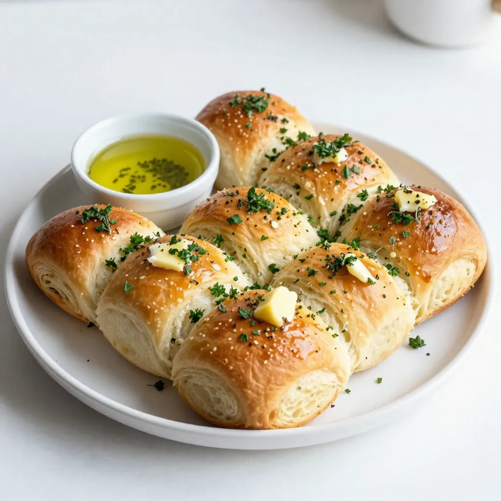 - 3 cups all-purpose flour - 1 packet (2 1/4 tsp) instant yeast - 1 tablespoon sugar - 1 teaspoon salt - 1 cup warm milk (about 110°F or 43°C) - 2 tablespoons unsalted butter, melted - 2 tablespoons olive oil - 4 cloves garlic, minced - 2 tablespoons fresh parsley, chopped - 1 tablespoon fresh rosemary, chopped - 1 tablespoon fresh thyme, chopped - 1/4 cup grated Parmesan cheese - 1 tablespoon Italian seasoning - Extra melted butter for brushing To create these herb garlic pull-apart rolls, you need simple yet flavorful ingredients. The all-purpose flour gives the rolls their structure. Instant yeast helps the dough rise quickly, giving you fluffy rolls. Sugar and salt balance the flavors. Warm milk activates the yeast and makes the dough soft. Unsalted butter adds richness, while olive oil enhances moisture. Garlic and fresh herbs bring bold flavors to each bite. Parmesan cheese adds a savory edge, and Italian seasoning ties everything together. Don’t forget the extra melted butter for brushing! It gives your rolls a beautiful, golden finish. With these ingredients, you can create a delightful treat that is perfect for sharing. Each roll pulls apart easily, revealing a soft, herb-filled center. Enjoy making these rolls and impressing your friends and family! {{ingredient_image_1}} - Mixing Dry Ingredients In a large bowl, mix 3 cups of all-purpose flour, 1 packet of instant yeast, 1 tablespoon of sugar, and 1 teaspoon of salt. This mix will give your rolls a great base. - Adding Wet Ingredients In another bowl, whisk together 1 cup of warm milk, 2 tablespoons of melted butter, and 2 tablespoons of olive oil. Slowly add this to the dry mix, stirring until a dough forms. - Kneading the Dough Knead the dough on a floured surface for about 5 to 7 minutes. You want it smooth and elastic. This step builds the dough's structure. - Placing the Dough to Rise Place the kneaded dough in a greased bowl. This prevents sticking and helps it rise. - Covering and Timing Cover the bowl with a kitchen towel. Let it rise in a warm spot for about 1 hour. The dough should double in size. - Combining Ingredients for Filling In a small bowl, mix 4 cloves of minced garlic, 2 tablespoons of chopped parsley, 1 tablespoon of chopped rosemary, 1 tablespoon of chopped thyme, 1/4 cup of grated Parmesan cheese, and 1 tablespoon of Italian seasoning. This filling adds a burst of flavor. - Setting It Aside Set the herb-garlic filling aside for later. This will be the heart of your rolls. - Dividing the Dough After the first rise, punch down the dough. Divide it into 16 equal pieces. This makes it easy to shape each roll. - Filling and Sealing Rolls Flatten each piece slightly. Place a teaspoon of the herb-garlic filling in the center. Fold the dough over the filling, pinch to seal, and roll it into a ball. - Arranging in the Baking Dish Place the balls in a greased bundt pan or round dish. Stack them closely for pull-apart fun. - Preheating the Oven Preheat your oven to 350°F (175°C) while the rolls rise again. - Baking Time and Temperature Cover the pan with a towel, letting it rise for another 30 minutes. Bake for 25-30 minutes, until golden brown. Enjoy the warm aroma filling your kitchen. Kneading Techniques Kneading helps develop gluten. This makes the rolls soft and chewy. Use your palms to push the dough away. Fold it back and repeat. Do this for 5-7 minutes until the dough is smooth. If it feels sticky, add a little flour. Importance of Rising Time Rising time is key to light rolls. Let the dough rise in a warm spot. Cover it with a towel to keep it warm. The dough should double in size in about an hour. This gives the yeast time to work. Additional Herbs or Cheeses You can boost flavor with more herbs. Try adding basil, oregano, or dill. For a cheesy twist, mix in mozzarella or feta. This gives each bite more taste. Experiment with what you love! Adjusting Seasoning Taste is important. If you like more flavor, increase the garlic or salt. Add a pinch of red pepper flakes for a kick. Adjust the seasonings to suit your family's taste buds. Serving Suggestions Serve your rolls warm on a wooden board. Place a small bowl of herb-infused olive oil next to them. This adds a nice touch and flavor for dipping. Garnishing Ideas Garnish your rolls with fresh herbs. Sprinkle chopped parsley or thyme on top. It looks pretty and adds a fresh taste. You can also drizzle a bit of melted butter on top for extra shine. Pro Tips Use Fresh Herbs: Fresh herbs provide a vibrant flavor that dried herbs can't match. Make sure to use fresh parsley, rosemary, and thyme for the best taste. Check Dough Temperature: The milk should be warm, not hot, to activate the yeast without killing it. Aim for about 110°F (43°C) to create the perfect environment for rising. Let Them Rise: Allowing the rolls to rise twice is key to achieving a light and fluffy texture. Don’t rush this step, as it enhances the flavor and texture. Brush with Butter: Brushing the rolls with melted butter before and after baking adds richness and helps achieve a beautifully golden crust. {{image_2}} You can add cheese to your pull-apart rolls for extra flavor. Popular choices include mozzarella, cheddar, or even feta. Each cheese gives a unique taste and texture. Just be careful with the amount. A bit goes a long way. When adding cheese, you may need to adjust cooking times. If you use thicker cheese, the rolls might take longer to bake. Start checking for doneness a few minutes early. Look for a golden-brown top and a soft center. You can mix up the herbs in your rolls. Use fresh herbs for a bright flavor or dried herbs for ease. Fresh herbs give a strong taste, while dried herbs are more subtle but still tasty. Consider seasonal herbs too. In spring, you might use fresh basil or chives. In fall, try sage or dill. These combinations can change the whole vibe of your rolls. To make these rolls vegan, swap out dairy and eggs easily. Use plant-based milk like almond or oat milk. For butter, try coconut oil or vegan butter. You can also replace Parmesan cheese with a vegan version or nutritional yeast. This keeps the savory flavor without using animal products. Adjust the ingredients to fit your taste. Enjoy a delicious vegan treat! - Store leftover rolls in an airtight container. - Keep them at room temperature for up to two days. - For longer storage, place them in the fridge. They last about five days. - Use an oven to reheat for the best taste. - Preheat the oven to 350°F (175°C). - Heat for about 10 minutes or until warm. - If you use a microwave, heat on low for 15-20 seconds. - Microwaving can make the rolls soft but may lose crispness. - To freeze, wrap each roll in plastic wrap. - Place them in a freezer bag or container. - They can be frozen for up to three months. - To thaw, take them out of the freezer overnight. - Reheat in the oven for about 10 minutes for best results. - Can I use active dry yeast instead of instant yeast? Yes, you can. Just proof it first. Mix it with warm milk and sugar. Wait until it bubbles, then add it to the dry mix. - How can I make the rolls ahead of time? You can prepare the dough and let it rise. Then, shape the rolls and store them in the fridge. Bake them the next day after a quick rise. - What are the best dipping sauces for these rolls? Olive oil with herbs is great. A garlic butter sauce or marinara also works well. You can even try a creamy ranch dip for something different. - Why did my rolls turn out dense? This often means the dough did not rise properly. Check your yeast's freshness and ensure your dough rises in a warm space. - What if my dough doesn't rise? If your dough doesn't rise, it might be too cold. Try placing it near a warm oven or in a sunny spot. If the yeast is old, it may not work. - Caloric Content per Serving Each roll has about 150 calories. This can vary based on your ingredients and portion size. - Healthier Ingredient Swaps Use whole wheat flour for added fiber. Substitute olive oil with avocado oil for healthy fats. You can reduce cheese for fewer calories. You now have the tools to make the perfect herb garlic pull-apart rolls. We covered essential ingredients, simple steps, and helpful tips to boost flavor. Remember, kneading and rising are key to great texture. You can tailor these rolls to your taste with different herbs or cheeses. Don't forget the best storage methods to keep leftovers fresh. Baking should be fun, and now you can impress your friends and family with delicious rolls. Enjoy every bite and happy cooking!