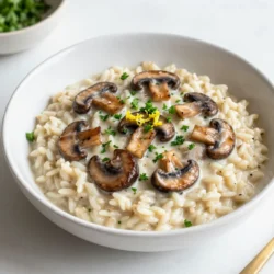 - 1 cup Arborio rice - 4 cups vegetable broth - 2 cups mixed mushrooms (cremini, shiitake, oyster), sliced - 1 small onion, finely chopped - 2 cloves garlic, minced - 1/2 cup heavy cream - 1/2 cup grated Parmesan cheese (optional for serving) - 2 tablespoons olive oil - 2 tablespoons butter - Salt and pepper to taste - Zest of 1 lemon - Fresh parsley, chopped for garnish Gathering the right ingredients is key to a great risotto. Arborio rice is a must. It has the right starch level. This gives risotto its creamy texture. You will need vegetable broth. Using warm broth helps the rice cook evenly. For the mushrooms, choose a mix. Cremini, shiitake, and oyster mushrooms add depth. The umami flavor from these mushrooms makes the dish rich. You will also need a small onion and garlic. These aromatics add great flavor to the base. Heavy cream adds richness. It makes the risotto silky and smooth. Parmesan cheese is optional but adds a nice touch. Olive oil and butter will help sauté the vegetables. Seasonings are also important. Salt, pepper, and lemon zest brighten the dish. Fresh parsley adds color and freshness when you serve. With these ingredients, you can create a tasty and creamy mushroom risotto. Enjoy the blend of flavors and textures! {{ingredient_image_1}} Start with a medium saucepan. Pour in 4 cups of vegetable broth. Heat it over low heat. Keep it warm but do not boil. This will help the rice cook evenly. Next, grab a large skillet. Add 2 tablespoons of olive oil and 2 tablespoons of butter. Heat them over medium heat. Once hot, add 1 small chopped onion. Stir it for about 3 to 4 minutes. Then, add 2 minced garlic cloves. Cook until fragrant. Now, toss in 2 cups of sliced mixed mushrooms. Stir them until they turn brown and tender, around 5 to 7 minutes. Season with salt and pepper to your taste. Now it’s time for the rice. Add 1 cup of Arborio rice to the skillet. Stir well to coat the rice with oil and butter. Cook for about 2 minutes. You want the rice to look slightly translucent. After that, take a ladle of the warm broth. Pour it into the skillet while stirring. Wait until the liquid is mostly absorbed before adding more broth. Repeat this process for 18 to 20 minutes. You want the rice to be al dente and creamy. Once done, turn off the heat. Stir in 1/2 cup of heavy cream and the zest of 1 lemon. Taste it and add more salt and pepper if needed. Serve hot and enjoy your creamy mushroom risotto! To get that creamy texture, you must stir often. Stirring helps release the starch from the Arborio rice. This starchy goodness makes risotto creamy. Always add warm broth, one ladle at a time. Let each ladle soak in before adding more. This slow process creates the best texture. Don't rush it; patience is key. Choose fresh mushrooms for the best flavor. I love mixing cremini, shiitake, and oyster mushrooms. Each type adds a unique taste. Look for firm mushrooms with no dark spots. Store them in a paper bag, not plastic. This keeps them fresh longer. Always clean mushrooms with a damp cloth, not water. Too much water can make them soggy. Many cooks make the mistake of adding too much broth at once. This can lead to a gluey texture. Always remember to stir and taste often. If you feel the risotto is too thick, add more broth. Another mistake is not seasoning enough. Season each layer as you cook. This builds great flavor. Lastly, don’t forget to let it rest for a few minutes after cooking. This helps the flavors meld together beautifully. Pro Tips Use Quality Mushrooms: For the best flavor, choose fresh, high-quality mushrooms. A mix of different types adds depth to your risotto. Stir Constantly: Continuous stirring helps release the starch from the rice, creating the creamy texture you want in risotto. Add Broth Gradually: Adding the broth one ladle at a time allows the rice to absorb the liquid slowly, ensuring perfectly cooked grains. Finish with Butter: For an extra rich taste, stir in a tablespoon of butter right before serving to enhance the creaminess. {{image_2}} You can easily add proteins to your risotto. Chicken adds a savory taste. Cook diced chicken in the skillet before adding the mushrooms. Shrimp gives a nice seafood flavor. Sauté the shrimp until pink and tender. For a vegetarian option, use tofu. Firm tofu works best. Cube it and sauté until golden. Adding proteins makes the dish heartier and more filling. Mixing in different veggies can change the dish. Spinach adds a fresh, green flavor. Stir it in when the rice is nearly done. Peas give a sweet pop and bright color. They cook quickly, so add them in the last few minutes. Asparagus brings a crunchy texture. Cut it into small pieces and sauté with mushrooms. These veggie swaps keep the dish exciting and nutritious. You can boost the flavor with simple additions. Truffle oil adds richness and a unique taste. Drizzle a little on top before serving. Fresh herbs like thyme or basil brighten the dish. Stir them in at the end for a fresh kick. Spices like smoked paprika or nutmeg give warmth. Just a pinch can elevate the flavors. These enhancements create a gourmet feel in your risotto. After enjoying your creamy mushroom risotto, you might have some left. To store it, place the risotto in an airtight container. Make sure it cools first. This keeps it fresh and tasty for a few days. Leftovers can last in the fridge for up to three days. If you want to store risotto for longer, freezing works well. First, let the risotto cool completely. Then, divide it into portions. Use freezer-safe bags or containers. Be sure to remove as much air as possible. Risotto can last up to three months in the freezer. When it's time to eat your risotto again, reheat it gently. You can use the microwave or a saucepan. If using the stove, add a splash of broth or water to help it warm up. Stir often for even heating. It should be creamy again in no time! Risotto gets its creamy texture from Arborio rice. This rice has high starch content. When you cook it slowly and stir often, the starches release. This creates a rich, smooth sauce. Adding heavy cream at the end also boosts the creaminess. Lemon zest brightens the flavors too. You can use regular rice, but it won't be the same. Arborio rice is short-grain and absorbs liquid well. It creates a creamy texture that long-grain rice cannot. If you use regular rice, your risotto may be less creamy and more watery. So, stick with Arborio for the best results. Risotto can last in the fridge for about three days. Store it in an airtight container. Make sure it cools down before putting it in the fridge. If you plan to keep it longer, you should freeze it. You can make risotto ahead of time, but it won’t be as creamy. It is best to cook it fresh. If you must prepare it in advance, stop cooking just before it’s fully done. When you reheat it, add a bit of broth to bring back the creaminess. This blog post covers how to make a rich, creamy mushroom risotto. We explored the necessary ingredients, step-by-step cooking instructions, and tips for perfect texture. I shared variations to customize your dish and storage tips to keep your risotto fresh. Remember, risotto is versatile, allowing you to add different proteins or veggies. With these steps and insights, you can create a delicious meal for any occasion. Enjoy cooking!