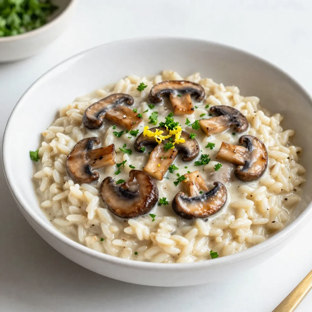 - 1 cup Arborio rice - 4 cups vegetable broth - 2 cups mixed mushrooms (cremini, shiitake, oyster), sliced - 1 small onion, finely chopped - 2 cloves garlic, minced - 1/2 cup heavy cream - 1/2 cup grated Parmesan cheese (optional for serving) - 2 tablespoons olive oil - 2 tablespoons butter - Salt and pepper to taste - Zest of 1 lemon - Fresh parsley, chopped for garnish Gathering the right ingredients is key to a great risotto. Arborio rice is a must. It has the right starch level. This gives risotto its creamy texture. You will need vegetable broth. Using warm broth helps the rice cook evenly. For the mushrooms, choose a mix. Cremini, shiitake, and oyster mushrooms add depth. The umami flavor from these mushrooms makes the dish rich. You will also need a small onion and garlic. These aromatics add great flavor to the base. Heavy cream adds richness. It makes the risotto silky and smooth. Parmesan cheese is optional but adds a nice touch. Olive oil and butter will help sauté the vegetables. Seasonings are also important. Salt, pepper, and lemon zest brighten the dish. Fresh parsley adds color and freshness when you serve. With these ingredients, you can create a tasty and creamy mushroom risotto. Enjoy the blend of flavors and textures! {{ingredient_image_1}} Start with a medium saucepan. Pour in 4 cups of vegetable broth. Heat it over low heat. Keep it warm but do not boil. This will help the rice cook evenly. Next, grab a large skillet. Add 2 tablespoons of olive oil and 2 tablespoons of butter. Heat them over medium heat. Once hot, add 1 small chopped onion. Stir it for about 3 to 4 minutes. Then, add 2 minced garlic cloves. Cook until fragrant. Now, toss in 2 cups of sliced mixed mushrooms. Stir them until they turn brown and tender, around 5 to 7 minutes. Season with salt and pepper to your taste. Now it’s time for the rice. Add 1 cup of Arborio rice to the skillet. Stir well to coat the rice with oil and butter. Cook for about 2 minutes. You want the rice to look slightly translucent. After that, take a ladle of the warm broth. Pour it into the skillet while stirring. Wait until the liquid is mostly absorbed before adding more broth. Repeat this process for 18 to 20 minutes. You want the rice to be al dente and creamy. Once done, turn off the heat. Stir in 1/2 cup of heavy cream and the zest of 1 lemon. Taste it and add more salt and pepper if needed. Serve hot and enjoy your creamy mushroom risotto! To get that creamy texture, you must stir often. Stirring helps release the starch from the Arborio rice. This starchy goodness makes risotto creamy. Always add warm broth, one ladle at a time. Let each ladle soak in before adding more. This slow process creates the best texture. Don't rush it; patience is key. Choose fresh mushrooms for the best flavor. I love mixing cremini, shiitake, and oyster mushrooms. Each type adds a unique taste. Look for firm mushrooms with no dark spots. Store them in a paper bag, not plastic. This keeps them fresh longer. Always clean mushrooms with a damp cloth, not water. Too much water can make them soggy. Many cooks make the mistake of adding too much broth at once. This can lead to a gluey texture. Always remember to stir and taste often. If you feel the risotto is too thick, add more broth. Another mistake is not seasoning enough. Season each layer as you cook. This builds great flavor. Lastly, don’t forget to let it rest for a few minutes after cooking. This helps the flavors meld together beautifully. Pro Tips Use Quality Mushrooms: For the best flavor, choose fresh, high-quality mushrooms. A mix of different types adds depth to your risotto. Stir Constantly: Continuous stirring helps release the starch from the rice, creating the creamy texture you want in risotto. Add Broth Gradually: Adding the broth one ladle at a time allows the rice to absorb the liquid slowly, ensuring perfectly cooked grains. Finish with Butter: For an extra rich taste, stir in a tablespoon of butter right before serving to enhance the creaminess. {{image_2}} You can easily add proteins to your risotto. Chicken adds a savory taste. Cook diced chicken in the skillet before adding the mushrooms. Shrimp gives a nice seafood flavor. Sauté the shrimp until pink and tender. For a vegetarian option, use tofu. Firm tofu works best. Cube it and sauté until golden. Adding proteins makes the dish heartier and more filling. Mixing in different veggies can change the dish. Spinach adds a fresh, green flavor. Stir it in when the rice is nearly done. Peas give a sweet pop and bright color. They cook quickly, so add them in the last few minutes. Asparagus brings a crunchy texture. Cut it into small pieces and sauté with mushrooms. These veggie swaps keep the dish exciting and nutritious. You can boost the flavor with simple additions. Truffle oil adds richness and a unique taste. Drizzle a little on top before serving. Fresh herbs like thyme or basil brighten the dish. Stir them in at the end for a fresh kick. Spices like smoked paprika or nutmeg give warmth. Just a pinch can elevate the flavors. These enhancements create a gourmet feel in your risotto. After enjoying your creamy mushroom risotto, you might have some left. To store it, place the risotto in an airtight container. Make sure it cools first. This keeps it fresh and tasty for a few days. Leftovers can last in the fridge for up to three days. If you want to store risotto for longer, freezing works well. First, let the risotto cool completely. Then, divide it into portions. Use freezer-safe bags or containers. Be sure to remove as much air as possible. Risotto can last up to three months in the freezer. When it's time to eat your risotto again, reheat it gently. You can use the microwave or a saucepan. If using the stove, add a splash of broth or water to help it warm up. Stir often for even heating. It should be creamy again in no time! Risotto gets its creamy texture from Arborio rice. This rice has high starch content. When you cook it slowly and stir often, the starches release. This creates a rich, smooth sauce. Adding heavy cream at the end also boosts the creaminess. Lemon zest brightens the flavors too. You can use regular rice, but it won't be the same. Arborio rice is short-grain and absorbs liquid well. It creates a creamy texture that long-grain rice cannot. If you use regular rice, your risotto may be less creamy and more watery. So, stick with Arborio for the best results. Risotto can last in the fridge for about three days. Store it in an airtight container. Make sure it cools down before putting it in the fridge. If you plan to keep it longer, you should freeze it. You can make risotto ahead of time, but it won’t be as creamy. It is best to cook it fresh. If you must prepare it in advance, stop cooking just before it’s fully done. When you reheat it, add a bit of broth to bring back the creaminess. This blog post covers how to make a rich, creamy mushroom risotto. We explored the necessary ingredients, step-by-step cooking instructions, and tips for perfect texture. I shared variations to customize your dish and storage tips to keep your risotto fresh. Remember, risotto is versatile, allowing you to add different proteins or veggies. With these steps and insights, you can create a delicious meal for any occasion. Enjoy cooking!
