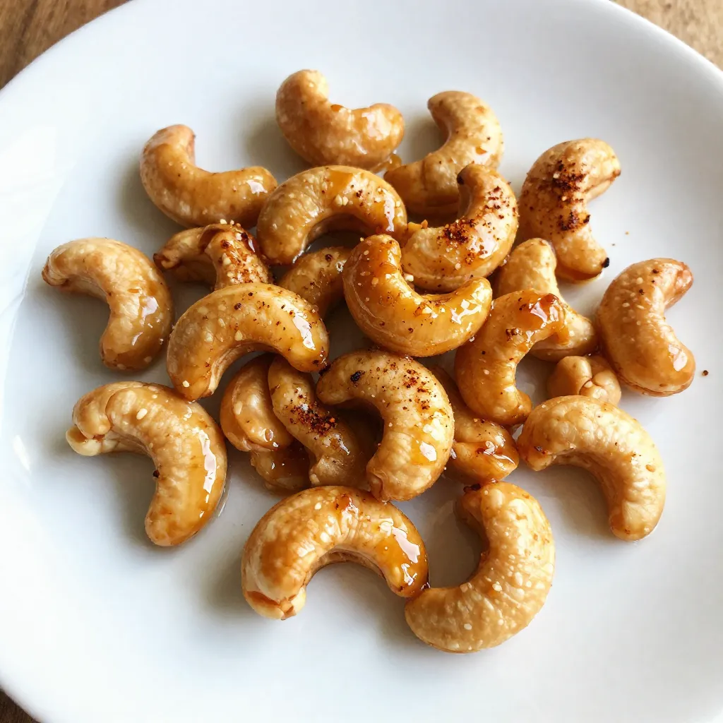 - 2 cups raw cashews - 2 tablespoons honey - 2 tablespoons Sriracha sauce - 1 tablespoon olive oil - 1 teaspoon garlic powder - 1/2 teaspoon salt - 1/4 teaspoon black pepper - 1/4 teaspoon smoked paprika (optional) Each ingredient plays a big role in flavor and texture. - Raw cashews: These nuts are crunchy, creamy, and full of healthy fats. They form the base of our snack. - Honey: This natural sweetener adds a nice balance to the spicy Sriracha. It also helps the nuts caramelize. - Sriracha sauce: This hot sauce gives the cashews a kick. It has garlic and vinegar, adding depth to the flavor. - Olive oil: This keeps the cashews moist and helps the spices stick. - Garlic powder: This adds a savory taste that complements the heat from Sriracha. - Salt: A must to enhance all the flavors. - Black pepper: This adds a subtle heat to the mix. - Smoked paprika: Optional, but it adds a smoky flavor. It can make the snack even more interesting. You might not have some ingredients at home. Here are some easy swaps. - Cashews: Use almonds or walnuts for a different crunch. - Honey: Maple syrup or agave syrup can work well if you're vegan. - Sriracha: Hot sauce or chili paste can replace Sriracha if you need a milder option. - Olive oil: Any neutral oil like canola or avocado oil will work fine. - Garlic powder: Fresh minced garlic can be used, but use less for less strong flavor. - Smoked paprika: Regular paprika works too if you lack smoked flavor. These swaps keep the spirit of the recipe alive while catering to your pantry. Enjoy making this tasty snack! {{ingredient_image_1}} Start by preheating your oven to 350°F (175°C). This temperature is key for a perfect roast. While the oven heats, line a baking sheet with parchment paper. This paper helps the nuts not stick and makes cleanup easy. In a large bowl, mix these ingredients: - 2 tablespoons honey - 2 tablespoons Sriracha sauce - 1 tablespoon olive oil - 1 teaspoon garlic powder - 1/2 teaspoon salt - 1/4 teaspoon black pepper - 1/4 teaspoon smoked paprika (optional) Stir well until everything blends together. This mixture gives the cashews a sweet and spicy kick. Now, add 2 cups of raw cashews to your bowl. Toss them with the Sriracha honey coating until they are fully covered. Make sure every nut gets a good amount of that zesty mix. This step is where the magic happens. Spread the coated cashews in a single layer on your baking sheet. Bake them in the oven for 15-20 minutes. Stir them every 5 minutes. This helps them roast evenly and prevents burning. They are ready when they turn golden brown and smell amazing. Let them cool on the sheet. They will get crunchier as they cool, making them a delightful snack. To get that perfect crunch, roast the cashews until they turn golden brown. This usually takes about 15-20 minutes. Stir them every five minutes. This helps them roast evenly and prevents burning. After you take them out of the oven, let them cool on the baking sheet. Cooling is key, as the cashews will get crunchier as they sit. If you like it hot, add more Sriracha to the mix! Try starting with one tablespoon. Then taste it before you add the cashews. You can also cut back on the Sriracha if you want less heat. A touch of honey can balance the spice. Don't be afraid to play with the spice level to fit your taste. Sriracha honey roasted cashews make a great snack on their own. Try serving them in small bowls at parties. You can also mix them into a trail mix. Pair them with cheese or crackers for a fun appetizer. These cashews also work as a topping for salads or grain bowls. The options are endless, so get creative! Pro Tips Use Fresh Cashews: For the best flavor and crunch, choose fresh, high-quality raw cashews. Stale nuts can affect the taste and texture. Adjust the Heat: If you prefer a milder snack, reduce the amount of Sriracha. Start with one tablespoon and adjust to your taste. Experiment with Spices: Feel free to add other spices such as cayenne pepper or chili powder for extra heat, or even cinnamon for a sweet twist. Store Properly: Keep leftovers in an airtight container at room temperature to maintain their crunchiness. They can last up to a week. {{image_2}} You can easily play with the sweetness and heat. Try adding a touch of brown sugar for extra sweetness. You can also mix in some cayenne pepper for a bolder spice. A dash of cinnamon adds warmth and depth. These small tweaks make a big difference in taste. Not a fan of cashews? No problem! Almonds and pecans work great too. They add a different crunch and flavor. You can even mix nuts to create a nut medley. If you want a nut-free option, sunflower seeds are a good choice. They also roast well and soak up flavors nicely. Add herbs and spices to change the vibe of your snack. Fresh rosemary or thyme can add a nice herbal note. For a twist, consider adding chili flakes or cumin for a unique flavor. You can also use lemon zest for a fresh, zesty kick. Experiment with your favorite herbs to find the perfect blend. To keep your Sriracha honey roasted cashews fresh, store them in an airtight container. A glass jar or a sealed plastic bag works well. Keep them in a cool, dry place away from light. This helps maintain their crunch and flavor. Homemade cashews can last about two weeks. After that, they may lose their crunch. If you want to keep them longer, you can freeze them. In the freezer, they can last up to six months. Just remember to thaw them before serving. If your cashews lose some crunch, you can reheat them. Spread them on a baking sheet and warm them in the oven at 350°F for about 5-10 minutes. Keep an eye on them to prevent burning. This will help bring back their crispiness and flavor. Enjoy your snack! Homemade Sriracha honey roasted cashews last about two weeks. Store them in an airtight container. This keeps them fresh and crunchy. If you want them to last longer, you can freeze them. Just make sure to seal them well. They can stay good for up to three months in the freezer. Yes, you can make Sriracha honey roasted cashews in a microwave. Use a microwave-safe bowl. Mix the honey, Sriracha, and spices as usual. Add the cashews, then stir to coat. Microwave them in short bursts, about one to two minutes. Stir after each burst to prevent burning. Keep an eye on them until they look golden. You can serve Sriracha honey roasted cashews in many fun ways. They work great as a snack on their own. You can add them to salads for a crunch. They also make a good topping for soups. Try them in trail mix for a sweet and spicy kick. You can even serve them with cheese and crackers. Sriracha honey roasted cashews can be a healthy snack. Cashews provide protein and healthy fats. Honey offers natural sweetness, while Sriracha adds flavor without too many calories. Just watch the portion size. They can be high in calories if eaten in large amounts. Enjoy them as part of a balanced diet for the best benefits. You now know how to make Sriracha honey roasted cashews, from start to finish. We covered key ingredients, their best substitutes, and how to achieve that perfect crunch. You learned roasting tips and ways to store cashews for freshness. Explore variations to keep it interesting or adjust the spice to fit your taste. Enjoy making these tasty snacks. They are great for sharing or just for you! Your kitchen will have a wonderful smell, and your taste buds will thank you. Happy roasting!