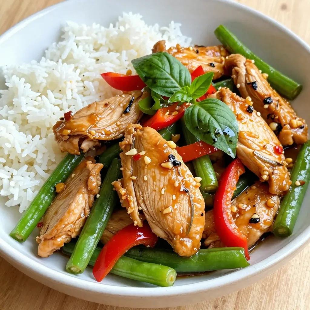 - 1 lb (450g) boneless, skinless chicken thighs - 4 cloves garlic - 2-3 Thai bird's eye chilies - 1 tablespoon soy sauce - 1 tablespoon oyster sauce - 1 tablespoon fish sauce - 1 red bell pepper - 1 cup green beans - 1 cup fresh Thai basil leaves When I whip up Thai basil chicken stir-fry, I start with the main ingredients. The chicken thighs bring juiciness and flavor. I slice them thinly for quick cooking. Garlic adds a strong aroma, while Thai bird's eye chilies bring heat. You can adjust the number based on your spice level. Next, I prepare the sauces. The soy sauce adds saltiness, and the oyster sauce gives a hint of sweetness. Fish sauce brings depth. Together, they create a balanced sauce that enhances the dish. For vegetables, I choose a red bell pepper and green beans. The red bell pepper adds sweetness and color, while green beans offer a nice crunch. Finally, fresh Thai basil leaves bring a unique and fragrant touch. They add freshness that ties everything together. {{ingredient_image_1}} 1. Slice the chicken thighs: Take 1 lb of boneless, skinless chicken thighs. Use a sharp knife to slice them thinly. This helps the chicken cook fast and evenly. 2. Mince the garlic and chop the chilies: Grab 4 cloves of garlic. Mince them finely. Next, take 2-3 Thai bird's eye chilies. Chop them based on how spicy you like your dish. 1. Heat oil and sauté garlic and chilies: In a large skillet or wok, pour in 2 tablespoons of vegetable oil. Heat it over medium-high heat. Once hot, add the minced garlic and chopped chilies. Sauté for about 30 seconds until they smell great. 2. Stir-fry the chicken until cooked through: Increase the heat to high. Add the sliced chicken to the skillet. Stir-fry for 4-5 minutes. The chicken should be cooked through and lightly browned. 1. Toss in veggies and stir-fry: Now, add 1 sliced red bell pepper and 1 cup of trimmed green beans to the skillet. Stir-fry for another 2-3 minutes. The veggies should be tender but still crisp. 2. Mix and pour over sauce: In a small bowl, mix 1 tablespoon of soy sauce, 1 tablespoon of oyster sauce, 1 tablespoon of fish sauce, and 1 teaspoon of sugar. Pour this sauce over the chicken and veggies. Stir everything well and cook for another 1-2 minutes until heated through. - Choosing the right heat: Start with medium-high heat for the oil. This helps cook the garlic and chilies quickly without burning them. Once they’re fragrant, turn the heat to high. This cooks the chicken fast, keeping it juicy and tender. - Timing for ideal vegetable texture: Add the vegetables after the chicken is mostly cooked. Stir-fry them just until they are bright and slightly tender. This keeps them crisp and colorful, enhancing both taste and look. - Adding more spices: If you like heat, toss in extra bird's eye chilies. For a deeper flavor, add a dash of black pepper or a sprinkle of crushed red pepper flakes. These small changes can elevate your dish. - Incorporating additional vegetables: Feel free to mix in other veggies. Broccoli, snap peas, or carrots work great. Just cut them to similar sizes for even cooking. More colors add fun and nutrition. - Ideal side dishes: Serve your stir-fry with steamed jasmine rice or rice noodles. Both absorb the sauce well and make the meal filling. - Garnishing tips for presentation: Top the dish with extra fresh Thai basil leaves. A lime wedge on the side adds a fresh zing when squeezed over the stir-fry. These touches make your meal look and taste better. Pro Tips Use Fresh Ingredients: Fresh Thai basil and vegetables will enhance the flavor and aroma of your dish, making it truly authentic. Adjust the Heat: Feel free to modify the number of chilies based on your preferred spice level. Start with fewer and add more if needed. Wok or Skillet: A wok is ideal for stir-frying due to its shape, which allows for even cooking and easy tossing of ingredients. Let It Rest: Allow the stir-fry to sit for a minute after cooking before serving. This helps the flavors meld together beautifully. {{image_2}} You can switch the chicken for shrimp or tofu. Shrimp cooks fast and adds a nice taste. Just toss them in when the garlic is fragrant. Tofu is a great choice for a meatless meal. Use firm tofu, cut it into cubes, and sauté until golden. You can also substitute with pork or beef. Thin slices of pork work well. Beef adds a hearty flavor. Just ensure you cook it until tender. If you want to change the veggies, try zucchini or snap peas. They give a fresh crunch. Carrots can add a sweet note, too. Seasonal veggies, like asparagus in spring, are fun to use. Feel free to mix and match. The key is to keep them vibrant and crisp. You can adjust the sauce for diets. Use low-sodium soy sauce for a healthier option. If you are gluten-free, swap soy sauce for tamari. To enhance flavor, add hoisin sauce or teriyaki sauce. A splash of lime juice can brighten the dish. A dash of sesame oil adds depth too. To store leftovers, place them in an airtight container. Make sure the stir-fry is cool before sealing it. This keeps moisture in check and helps flavor stay strong. The shelf life in the refrigerator is about 3 to 4 days. Always check for any off smells or changes in color before eating. For freezing stir-fry, cool it completely first. Then, use a freezer-safe container or bag. Remove as much air as possible to prevent freezer burn. The best practice is to eat it within 2 to 3 months for best taste. When you want to eat it, thaw in the fridge overnight. Reheat in a pan over low heat, stirring until hot. You can also use a microwave, but stir midway for even heating. Preparing in advance helps save time. Chop the chicken and veggies a day before cooking. Store them separately in containers. This keeps them fresh and ready. Ideal storage containers are glass or BPA-free plastic. They should seal well to keep air out and flavors in. To lower the heat, you can skip the chilies. Use a sweet bell pepper instead. You can also use fewer chilies or remove their seeds. Adding more sugar can help balance the spice, too. Serve with extra rice to soften the heat. This way, everyone can enjoy the dish! Dried basil has a different taste than fresh basil. Fresh basil gives a bright, sweet flavor. Dried basil can taste a bit dull. If you use dried basil, add less. Start with one teaspoon and adjust to your taste. Fresh basil is always best for the full flavor. Serve Thai Basil Chicken over jasmine rice or rice noodles. This adds a nice touch. You can also garnish with extra basil leaves and a lime wedge. A side of pickled vegetables can add crunch and flavor. This makes your meal bright and colorful! This article covered how to make Thai Basil Chicken using fresh ingredients and simple steps. You learned about the main ingredients, cooking methods, and helpful tips for great flavor. Remember, you can customize the protein and vegetables to suit your taste. Storage tips will help keep your leftovers fresh. Thai Basil Chicken is quick, tasty, and perfect for any meal. Enjoy your cooking and impress your friends with this dish!