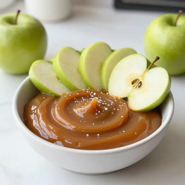 - 2 large apples (Granny Smith or Honeycrisp) - 1 cup granulated sugar - 6 tablespoons unsalted butter - 1/2 cup heavy cream - 1 teaspoon vanilla extract - 1/2 teaspoon flaky sea salt (plus more for garnish) To make my salted caramel apple dip, you need fresh, crisp apples. I often choose Granny Smith for their tartness or Honeycrisp for their sweetness. You will also need granulated sugar to create that rich caramel flavor. Unsalted butter adds creaminess, while heavy cream gives the dip a smooth texture. Don’t forget the vanilla extract for warmth and depth. Finally, flaky sea salt enhances the sweetness and balances the flavors. Gather these ingredients before you start cooking. It makes the process easier and more fun. The combination of flavors is simple but truly amazing. Each bite of apple dipped in caramel makes for a rich and irresistible treat. For added flair, sprinkle a bit more sea salt on top right before serving. This little touch makes a big difference! {{ingredient_image_1}} Heating the sugar Start with a medium-sized saucepan. Pour in 1 cup of granulated sugar. Set the heat to medium-low. Stir the sugar with a wooden spoon. Keep stirring until it melts. This should take about 7 to 10 minutes. Watch it closely so it doesn’t burn. The sugar will turn a nice amber color. Adding butter to the melted sugar Once the sugar melts, quickly add 6 tablespoons of unsalted butter. Stir it in well. The butter will melt fast in the hot sugar. Make sure everything is blended together smoothly. Incorporating heavy cream Next, pour in 1/2 cup of heavy cream slowly while stirring. The mixture will bubble a lot. Keep stirring until the caramel is nice and smooth. This step makes the caramel creamy and rich. Stirring in vanilla extract and sea salt Remove the saucepan from the heat. Add 1 teaspoon of vanilla extract and 1/2 teaspoon of flaky sea salt. Stir well to mix everything together. This adds flavor and balance to the dip. Cooling the caramel Let the caramel cool for a few minutes. It will thicken as it cools. This is the perfect time to prepare your serving area. Transferring to a serving bowl Once the caramel has cooled, pour it into a nice serving bowl. Choose a rustic bowl for a charming look. Arranging apple slices on a platter Slice 2 large apples, like Granny Smith or Honeycrisp. Arrange the apple slices around the bowl of caramel. You can drizzle a bit of extra caramel over the top. Finish with a sprinkle of more flaky sea salt for a beautiful touch. Enjoy your sweet and salty treat! To get the perfect texture for your salted caramel, watch the sugar closely. Heat it over medium-low heat. Stir it with a wooden spoon. Keep stirring until it melts and turns a deep amber color. This usually takes about 7 to 10 minutes. If you let the sugar burn, the caramel will taste bitter. If it starts to darken too quickly, reduce the heat. Once the sugar melts, add in the butter right away. Stir until it combines well. Then, slowly pour in the heavy cream while stirring. The mixture will bubble up, so be careful! Keep stirring until the caramel is smooth and shiny. This method helps you avoid lumps and ensures a creamy texture. Presentation matters! Serve the dip in a rustic bowl for a warm feel. Arrange apple slices around the bowl. This makes the dish inviting. You can prop some apple slices upright for added flair. For extra visual appeal, drizzle some caramel over the top. Then, sprinkle with more flaky sea salt. You can even add a small dish of extra salt on the side. This lets guests choose their salt level, making it fun and interactive. To customize the flavor, play with the salt levels. If you love a stronger salty taste, add a bit more flaky sea salt. Just do it gradually so it doesn't overpower the sweetness. You can also choose different apple varieties. Granny Smith apples are tart and crisp, while Honeycrisp apples are sweet and juicy. Mixing these can create a unique taste experience. Feel free to experiment with other flavored apples too! Each variety brings its own charm to this delicious dip. Pro Tips Choose the Right Apples: Opt for tart apples like Granny Smith or sweet ones like Honeycrisp for a perfect balance with the caramel. Watch the Caramel Closely: Caramel can go from perfect to burnt quickly, so keep stirring and be attentive to the color change. Cool Before Serving: Allow the caramel to cool slightly before serving to avoid burns and to enhance the flavors. Presentation Matters: Use a rustic bowl for the caramel and arrange apple slices in a visually appealing way to impress your guests. {{image_2}} You can make this salted caramel apple dip even better. Add spices like cinnamon or nutmeg. These spices bring warmth and depth to the flavor. Just a pinch can change everything. You might also mix in chocolate or nuts. Drizzling melted chocolate on top adds a rich taste. Chopped nuts give a tasty crunch. Both options make the dip feel special. If you're looking for lighter options, you can use alternative sweeteners. Stevia or monk fruit sweetener works well. They keep the sweetness without all the sugar. You can also choose low-fat cream options. Look for low-fat sour cream or yogurt. They still add creaminess while cutting calories. The best fruits to serve with this dip are crisp and fresh. Apples are a classic, but pears or bananas work well too. Their flavors blend nicely with the caramel. For a seasonal twist, think about using fall fruits. Slices of ripe peaches or juicy plums add a delightful touch. You can even use berries in warmer months for a bright pop. To store your salted caramel apple dip, first let it cool completely. Then, transfer it to an airtight container. This keeps the dip fresh and safe from odors. In the fridge, it lasts about one week. Make sure to label the container with the date. If you have leftover dip, you can reheat it safely. Place the dip in a microwave-safe bowl. Heat it in short bursts, about 15 seconds at a time. Stir after each burst. This helps keep the texture smooth. Avoid overheating, as it can change the flavor. Yes, you can freeze caramel dip! Pour it into a freezer-safe container, leaving some space for expansion. It lasts up to three months in the freezer. When you're ready to use it, move it to the fridge overnight to thaw. Stir it well before serving to restore its creamy texture. For the best flavor, I love using Granny Smith or Honeycrisp apples. - Granny Smith: These apples are tart and crisp. They add a nice balance to the sweet caramel. - Honeycrisp: They are sweet and juicy, making each bite a delight. Their texture holds up well when dipped. You can also mix apple types for fun flavor variations. This adds depth to your dip experience. Yes, you can prepare the caramel dip a day in advance. Just follow these steps: - Let the caramel cool completely after cooking. - Store it in an airtight container in the fridge. When you are ready to serve, gently reheat the caramel until warm. Stir well to restore its smooth texture. You can add a splash of cream if it thickens too much. Besides apple slices, you have many fun options for dippers. Here are some ideas: - Pears: Their sweetness pairs well with the dip. - Pretzels: They give a salty crunch that contrasts nicely. - Marshmallows: Soft and sweet, they absorb the caramel flavor. - Graham crackers: Their crispness adds a different texture. - Cookies: Try chocolate chip or snickerdoodle cookies for a tasty treat. Feel free to mix and match to keep things interesting! This blog post shared how to make a delicious salted caramel apple dip. You learned about the key ingredients, easy steps to create the dip, and tips for serving it. I encouraged you to try variations to personalize your flavor. Storing and reheating options ensure you keep enjoying it later. As you create this dip, make it your own and enjoy every bite! With practice, you'll master the art of caramel and impress your friends. Enjoy your tasty creation!