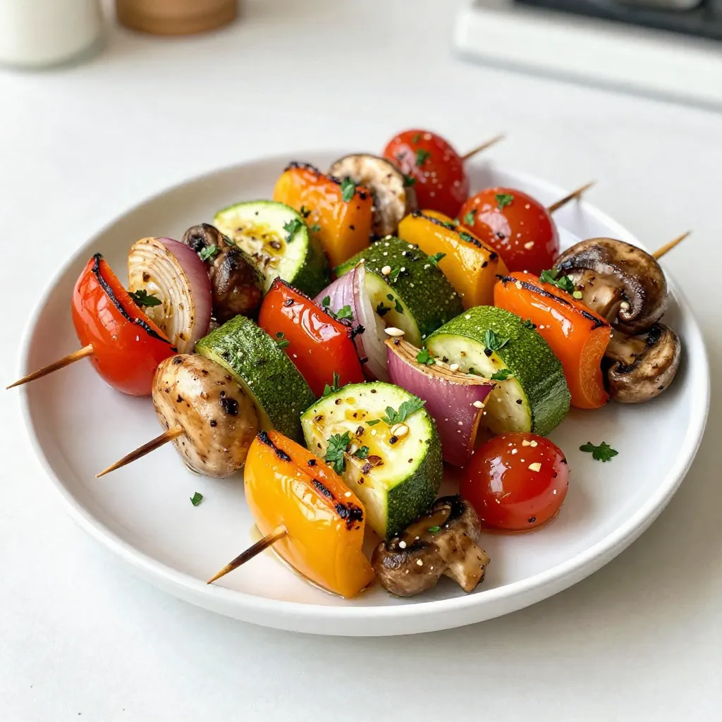 For my Garlic Herb Grilled Veggie Skewers, I love to use a mix of colorful vegetables. Here are the must-have veggies: - 1 bell pepper (red, yellow, or green), cut into chunks - 1 zucchini, sliced into thick rounds - 1 yellow squash, sliced into thick rounds - 1 red onion, cut into wedges - 8 ounces cherry tomatoes - 2 cups mushrooms (cremini or button), cleaned and stems removed Using different colors makes the dish look great. Each vegetable adds its own unique flavor and texture. You can also change them up based on what you like. The marinade is key to making these skewers tasty. Here are the simple ingredients you’ll need: - 4 tablespoons olive oil - 3 cloves garlic, minced - 2 teaspoons dried oregano - 1 teaspoon dried thyme - Salt and pepper to taste I mix these ingredients in a bowl. The olive oil helps the veggies soak up the flavors. Garlic adds a punch of taste, and the herbs give a lovely aroma. The salt and pepper enhance everything, making each bite pop. After grilling, I like to add some fresh parsley. It brightens up the dish with color and freshness. You can also try other garnishes like: - Feta cheese for a creamy touch - Lemon juice for a tangy kick - Balsamic glaze for sweetness These garnishes are optional but can take your skewers to the next level. Feel free to get creative and use what you have! {{ingredient_image_1}} First, gather your ingredients. You need olive oil, garlic, oregano, thyme, salt, and pepper. In a small bowl, mix 4 tablespoons of olive oil with 3 minced garlic cloves. Then add 2 teaspoons of dried oregano, 1 teaspoon of dried thyme, and a pinch of salt and pepper. Stir well until the mix is smooth. This marinade adds great flavor to the veggies. Next, take a large mixing bowl and add all your chopped vegetables. Use bell pepper, zucchini, yellow squash, red onion, cherry tomatoes, and mushrooms. Pour the marinade over the vegetables. Gently toss them until they are well coated. Cover the bowl and let it sit for at least 30 minutes. This helps the veggies soak up all the tasty flavors. Now, it’s time to grill! First, preheat your grill to medium-high heat. If you use wooden skewers, soak them in water for about 20 minutes to stop them from burning. Then, take your marinated vegetables and thread them onto the skewers. Alternate the colors and types for a beautiful look. Place the skewers on the grill and cook for 10-12 minutes. Turn them occasionally until they become tender and have nice grill marks. Once done, remove the skewers and let them cool slightly. Before serving, add fresh parsley as a garnish for extra color and taste. Enjoy your tasty garlic herb grilled veggie skewers! Grilling veggies can be fun and easy. First, always preheat your grill. A hot grill gives veggies nice grill marks. Keep your grill at medium-high heat. This helps cook them fast while keeping them tender. Use oil to coat the veggies. It keeps them from sticking and adds flavor. Pick fresh and colorful veggies. Bell peppers, zucchini, yellow squash, red onion, cherry tomatoes, and mushrooms work great. Choose firm veggies. They hold up better on the grill. For a sweet touch, add red or yellow bell peppers. For a nice bite, red onions are perfect. Cut veggies into similar sizes. This helps them cook evenly. For thicker pieces, like zucchini and squash, slice them into rounds. This way, they cook at the same rate as smaller pieces. When grilling, turn the skewers often. This helps all sides get heat. Keep an eye on them to avoid burning. Cook until they are tender but still vibrant. Enjoy the colorful, tasty results! Pro Tips Choose Fresh Vegetables: Opt for seasonal and fresh vegetables to enhance the flavor and texture of your skewers. Marination Time: Allow the veggies to marinate for at least 30 minutes to absorb the garlic and herbs for a more robust flavor. Grill Temperature: Make sure your grill is preheated to medium-high heat for perfect char marks and to prevent sticking. Experiment with Veggies: Feel free to mix in your favorite vegetables like eggplant, asparagus, or bell peppers for variety and color. {{image_2}} You can add protein for a heartier meal. Chicken, shrimp, or tofu work well. Cut your protein into bite-sized pieces. Marinate it the same way as the veggies. Then, thread the protein onto the skewers with the veggies. This adds flavor and makes the skewers more filling. Feel free to mix up the herbs and spices! Instead of oregano and thyme, try rosemary or basil. You can even use a spicy blend like chili flakes for some heat. Experiment with fresh herbs for a bright taste. The more you play with flavors, the more fun your skewers will be! If you want to switch up the veggies, go for it! Asparagus, eggplant, or bell peppers are great choices. You can also use sweet potatoes or cauliflower for a unique twist. Just make sure to cut them into similar sizes for even cooking. The goal is to enjoy your time in the kitchen while making tasty food! After you enjoy your Garlic Herb Grilled Veggie Skewers, save any leftovers. Let the skewers cool down first. Place them in an airtight container. Store them in the fridge. They will stay fresh for about 3 to 5 days. When you want to eat the leftovers, you can reheat them easily. The best way is to use the grill. Preheat your grill to medium heat. Place the skewers on the grill for about 5 minutes. Turn them halfway through. You can also use a microwave. Heat them in short bursts of 30 seconds. Check often to avoid overcooking. If you want to save skewers for a long time, freezing is a great option. First, let the skewers cool completely. Wrap them tightly in plastic wrap or aluminum foil. Place them in a freezer bag. Be sure to remove as much air as possible. They can last for up to 3 months in the freezer. When you are ready to use them, thaw in the fridge overnight. Then, reheat as mentioned before. Yes, you can use many vegetables. Try carrots, bell peppers, or asparagus. You can mix and match your favorites. Just cut them to similar sizes for even cooking. This way, they all get the same grill time and heat. Soak wooden skewers for about 20 minutes. This helps stop them from burning on the grill. If you forget to soak them, use metal skewers instead. They won’t burn and work just as well. These skewers pair well with rice or quinoa. You can also serve them with a light salad. For a fun twist, add some grilled chicken or shrimp. This adds protein and makes a complete meal. In this post, we explored the best veggies for skewers, how to make a tasty marinade, and the art of grilling. You learned about choosing the right vegetables and ensuring they cook evenly. We also touched on ways to add protein and create unique flavors. Don't forget to store any leftovers properly. Grilled veggie skewers are fun, healthy, and easy. With these tips, you can enjoy delicious skewers any time! Now, it’s time to fire up the grill and get cooking!