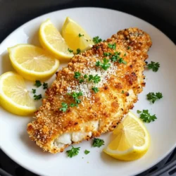 - 4 cod fillets (about 6 oz each) - 1 cup panko breadcrumbs - 1/2 cup grated Parmesan cheese - 1 teaspoon garlic powder - 1 teaspoon onion powder - 1 teaspoon dried parsley - 1/2 teaspoon paprika - Salt and black pepper to taste - 2 tablespoons melted butter - 1 tablespoon olive oil When making Air Fryer Parmesan Crusted Cod, I love using fresh ingredients. The cod fillets are the star of the dish. They should be about 6 ounces each for even cooking. Panko breadcrumbs give the dish a light and crunchy texture. I always choose high-quality grated Parmesan cheese. It adds a rich, salty flavor that works perfectly with the cod. Spices like garlic powder and onion powder enhance the taste without overpowering the fish. Dried parsley adds a nice touch of color and freshness. Paprika gives a slight kick and beautiful color. I use salt and black pepper to season the fillets just right. The melted butter and olive oil help the coating stick to the fish while adding flavor. - Calories per serving: 360 - Macronutrient breakdown: - Protein: 30g - Carbohydrates: 20g - Fat: 18g This dish is not only tasty but also healthy. Each serving has about 360 calories, making it a great choice for dinner. It packs 30 grams of protein, helping you feel full and satisfied. The carbs and fats balance the meal nicely. Enjoy this meal knowing you’re eating something delicious and nutritious! {{ingredient_image_1}} 1. Preheating the air fryer Start by preheating your air fryer to 400°F (200°C) for about 5 minutes. This step helps create a crispy crust on the cod. 2. Mixing the breadcrumb coating In a mixing bowl, combine 1 cup of panko breadcrumbs, 1/2 cup of grated Parmesan cheese, 1 teaspoon of garlic powder, 1 teaspoon of onion powder, 1 teaspoon of dried parsley, 1/2 teaspoon of paprika, and salt and black pepper to taste. Stir well until everything mixes evenly. 1. Coating the cod fillets Take each cod fillet and dip it into a mixture of 2 tablespoons of melted butter and 1 tablespoon of olive oil. Make sure each fillet gets a good coat. Then, dredge the fillet in the breadcrumb mix. Press lightly to help the crumbs stick. 2. Air frying the cod fillets Place the coated cod fillets in the air fryer basket. Arrange them in a single layer. Cook the cod for 10-12 minutes, flipping them halfway through. They are ready when they turn golden brown and reach an internal temperature of 145°F (63°C). 1. Resting time before serving After cooking, remove the fillets from the air fryer. Let them rest for a couple of minutes. This time helps the juices settle and keeps them moist. 2. Presentation suggestions Serve the Parmesan crusted cod on a plate. Garnish with lemon wedges and some fresh parsley. A side of steamed vegetables or a light salad makes a great addition to your meal. To get the best crust on your cod, use panko breadcrumbs. They give a light, crispy texture. Mix the breadcrumbs with cheese and spices well. This helps the flavors stick to the fish. When coating the fillets, press down gently. This ensures the mixture stays on during cooking. If your cod fillets are thick, adjust the cooking time. Thicker pieces need more time to cook through. Start with 12 minutes, then check if they are golden brown and flake easily with a fork. The fish should reach an internal temperature of 145°F (63°C). You can flip them halfway for even cooking. Cleaning your air fryer is key. After each use, wipe the basket with a damp cloth. Make sure to clean off any food bits. This keeps your air fryer in great shape and ready for next time. Avoid common air fryer mistakes. Don’t overcrowd the basket. Leave space for air to flow. This helps your food cook evenly. Also, don’t forget to preheat the air fryer. This step makes a big difference in cooking time and texture. Pro Tips Use Fresh Cod: Fresh cod fillets will yield the best flavor and texture. Check for bright, clear eyes and a mild scent when selecting your fish. Customize the Coating: Feel free to add your favorite herbs or spices to the breadcrumb mixture for a personal touch. Thyme or oregano can enhance the flavor nicely. Don't Overcrowd the Basket: For even cooking and crispy coating, ensure that the cod fillets are spaced out in the air fryer basket. Cook in batches if necessary. Check for Doneness: Use a meat thermometer to ensure the cod reaches an internal temperature of 145°F (63°C) for optimal safety and taste. {{image_2}} You can change the taste of your cod easily. Fresh herbs can add great flavor. Try using dill or thyme. These herbs bring a fresh taste to the dish. You can also spice things up. Adding cayenne pepper gives a nice kick. Just a pinch can make a big difference. You don’t have to stick to breadcrumbs. Almond flour is a great choice. It makes a tasty and gluten-free option. You can also try different cheeses. Cheddar or mozzarella can work well too. Each cheese gives a unique flavor. Experimenting with coatings can lead to new favorites. To store cooked cod fillets, let them cool first. Place the fillets in an airtight container. You can keep them in the fridge for up to three days. If you want to reheat, use the air fryer. Preheat it to 350°F (175°C). Heat the fillets for about 5 to 7 minutes, or until they are warm and crispy. This method keeps the crust nice and crunchy. You can freeze both uncooked and cooked fillets. For uncooked cod, wrap each fillet tightly in plastic wrap. Then place them in a freezer bag. This helps prevent freezer burn. They can last up to three months in the freezer. For cooked fillets, let them cool completely. Then wrap them in foil and put them in a freezer bag. They can also freeze well for up to three months. When you’re ready to use the frozen fillets, thaw them in the fridge overnight. For quicker thawing, place them in a sealed bag and submerge in cold water for about an hour. This way, you can enjoy your delicious cod anytime! Can I use frozen cod fillets? Yes, you can use frozen cod fillets. Just be sure to thaw them first. Place them in the fridge overnight or run cold water over them. This will help them cook evenly. How do I know when the cod is cooked through? The cod is done when it reaches 145°F (63°C) inside. You can also check if it flakes easily with a fork. Cook until the coating is golden brown and crispy. What to serve with Parmesan crusted cod? I love serving this cod with lemon wedges and fresh parsley. You can also pair it with steamed veggies or a light salad. These sides balance the richness of the dish. Can I make this recipe without an air fryer? Yes, you can bake the cod in a regular oven. Preheat your oven to 400°F (200°C). Place the coated fillets on a baking sheet. Bake for 15-20 minutes until golden brown. What side dishes pair well with it? Some great sides include garlic mashed potatoes or quinoa salad. You can also serve it with a tangy coleslaw. These complement the flavors of the cod nicely. This blog post covered how to make delicious Parmesan crusted cod in an air fryer. We discussed key ingredients like cod fillets and panko breadcrumbs. You learned about the preparation and cooking steps, plus tips for perfecting the dish. I also shared storage and freezing tips, along with answers to common questions. For tasty variations, feel free to experiment with herbs and spices. Enjoy your cooking and remember, trying new things makes meals fun!
