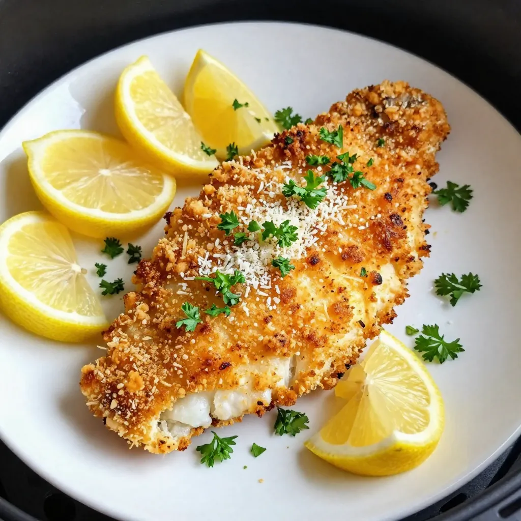 - 4 cod fillets (about 6 oz each) - 1 cup panko breadcrumbs - 1/2 cup grated Parmesan cheese - 1 teaspoon garlic powder - 1 teaspoon onion powder - 1 teaspoon dried parsley - 1/2 teaspoon paprika - Salt and black pepper to taste - 2 tablespoons melted butter - 1 tablespoon olive oil When making Air Fryer Parmesan Crusted Cod, I love using fresh ingredients. The cod fillets are the star of the dish. They should be about 6 ounces each for even cooking. Panko breadcrumbs give the dish a light and crunchy texture. I always choose high-quality grated Parmesan cheese. It adds a rich, salty flavor that works perfectly with the cod. Spices like garlic powder and onion powder enhance the taste without overpowering the fish. Dried parsley adds a nice touch of color and freshness. Paprika gives a slight kick and beautiful color. I use salt and black pepper to season the fillets just right. The melted butter and olive oil help the coating stick to the fish while adding flavor. - Calories per serving: 360 - Macronutrient breakdown: - Protein: 30g - Carbohydrates: 20g - Fat: 18g This dish is not only tasty but also healthy. Each serving has about 360 calories, making it a great choice for dinner. It packs 30 grams of protein, helping you feel full and satisfied. The carbs and fats balance the meal nicely. Enjoy this meal knowing you’re eating something delicious and nutritious! {{ingredient_image_1}} 1. Preheating the air fryer Start by preheating your air fryer to 400°F (200°C) for about 5 minutes. This step helps create a crispy crust on the cod. 2. Mixing the breadcrumb coating In a mixing bowl, combine 1 cup of panko breadcrumbs, 1/2 cup of grated Parmesan cheese, 1 teaspoon of garlic powder, 1 teaspoon of onion powder, 1 teaspoon of dried parsley, 1/2 teaspoon of paprika, and salt and black pepper to taste. Stir well until everything mixes evenly. 1. Coating the cod fillets Take each cod fillet and dip it into a mixture of 2 tablespoons of melted butter and 1 tablespoon of olive oil. Make sure each fillet gets a good coat. Then, dredge the fillet in the breadcrumb mix. Press lightly to help the crumbs stick. 2. Air frying the cod fillets Place the coated cod fillets in the air fryer basket. Arrange them in a single layer. Cook the cod for 10-12 minutes, flipping them halfway through. They are ready when they turn golden brown and reach an internal temperature of 145°F (63°C). 1. Resting time before serving After cooking, remove the fillets from the air fryer. Let them rest for a couple of minutes. This time helps the juices settle and keeps them moist. 2. Presentation suggestions Serve the Parmesan crusted cod on a plate. Garnish with lemon wedges and some fresh parsley. A side of steamed vegetables or a light salad makes a great addition to your meal. To get the best crust on your cod, use panko breadcrumbs. They give a light, crispy texture. Mix the breadcrumbs with cheese and spices well. This helps the flavors stick to the fish. When coating the fillets, press down gently. This ensures the mixture stays on during cooking. If your cod fillets are thick, adjust the cooking time. Thicker pieces need more time to cook through. Start with 12 minutes, then check if they are golden brown and flake easily with a fork. The fish should reach an internal temperature of 145°F (63°C). You can flip them halfway for even cooking. Cleaning your air fryer is key. After each use, wipe the basket with a damp cloth. Make sure to clean off any food bits. This keeps your air fryer in great shape and ready for next time. Avoid common air fryer mistakes. Don’t overcrowd the basket. Leave space for air to flow. This helps your food cook evenly. Also, don’t forget to preheat the air fryer. This step makes a big difference in cooking time and texture. Pro Tips Use Fresh Cod: Fresh cod fillets will yield the best flavor and texture. Check for bright, clear eyes and a mild scent when selecting your fish. Customize the Coating: Feel free to add your favorite herbs or spices to the breadcrumb mixture for a personal touch. Thyme or oregano can enhance the flavor nicely. Don't Overcrowd the Basket: For even cooking and crispy coating, ensure that the cod fillets are spaced out in the air fryer basket. Cook in batches if necessary. Check for Doneness: Use a meat thermometer to ensure the cod reaches an internal temperature of 145°F (63°C) for optimal safety and taste. {{image_2}} You can change the taste of your cod easily. Fresh herbs can add great flavor. Try using dill or thyme. These herbs bring a fresh taste to the dish. You can also spice things up. Adding cayenne pepper gives a nice kick. Just a pinch can make a big difference. You don’t have to stick to breadcrumbs. Almond flour is a great choice. It makes a tasty and gluten-free option. You can also try different cheeses. Cheddar or mozzarella can work well too. Each cheese gives a unique flavor. Experimenting with coatings can lead to new favorites. To store cooked cod fillets, let them cool first. Place the fillets in an airtight container. You can keep them in the fridge for up to three days. If you want to reheat, use the air fryer. Preheat it to 350°F (175°C). Heat the fillets for about 5 to 7 minutes, or until they are warm and crispy. This method keeps the crust nice and crunchy. You can freeze both uncooked and cooked fillets. For uncooked cod, wrap each fillet tightly in plastic wrap. Then place them in a freezer bag. This helps prevent freezer burn. They can last up to three months in the freezer. For cooked fillets, let them cool completely. Then wrap them in foil and put them in a freezer bag. They can also freeze well for up to three months. When you’re ready to use the frozen fillets, thaw them in the fridge overnight. For quicker thawing, place them in a sealed bag and submerge in cold water for about an hour. This way, you can enjoy your delicious cod anytime! Can I use frozen cod fillets? Yes, you can use frozen cod fillets. Just be sure to thaw them first. Place them in the fridge overnight or run cold water over them. This will help them cook evenly. How do I know when the cod is cooked through? The cod is done when it reaches 145°F (63°C) inside. You can also check if it flakes easily with a fork. Cook until the coating is golden brown and crispy. What to serve with Parmesan crusted cod? I love serving this cod with lemon wedges and fresh parsley. You can also pair it with steamed veggies or a light salad. These sides balance the richness of the dish. Can I make this recipe without an air fryer? Yes, you can bake the cod in a regular oven. Preheat your oven to 400°F (200°C). Place the coated fillets on a baking sheet. Bake for 15-20 minutes until golden brown. What side dishes pair well with it? Some great sides include garlic mashed potatoes or quinoa salad. You can also serve it with a tangy coleslaw. These complement the flavors of the cod nicely. This blog post covered how to make delicious Parmesan crusted cod in an air fryer. We discussed key ingredients like cod fillets and panko breadcrumbs. You learned about the preparation and cooking steps, plus tips for perfecting the dish. I also shared storage and freezing tips, along with answers to common questions. For tasty variations, feel free to experiment with herbs and spices. Enjoy your cooking and remember, trying new things makes meals fun!