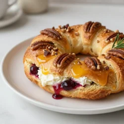 - 1 can of refrigerated crescent roll dough - 1 cup brie cheese, cut into wedges - 1/2 cup cranberry sauce - 1/2 cup pecans, chopped - 1 tablespoon fresh rosemary, finely chopped - 1 egg for egg wash - Salt and pepper to taste - Optional: honey for drizzling The main star of this dish is the brie cheese. It melts beautifully and adds a creamy texture. I like to use fresh rosemary for a fragrant touch. The pecans give a nice crunch, while the cranberry sauce adds sweetness. You can use homemade cranberry sauce or store-bought, depending on your time. The crescent roll dough is easy to work with and forms a lovely golden crust. Don't skip the egg wash; it helps the dough turn golden and shiny. If you want a sweet finish, drizzling honey on top adds a lovely touch. Make sure to have all your ingredients ready before you start. This dish comes together quickly, and having everything at hand makes the process smooth. Enjoy the mix of flavors in this tasty holiday treat! {{ingredient_image_1}} 1. Preheat oven and prepare baking sheet: Start by setting your oven to 375°F (190°C). Line a baking sheet with parchment paper. This helps with easy cleanup later. 2. Unroll and arrange crescent roll dough: Open the can of crescent roll dough. Unroll it onto a lightly floured surface. Separate the dough into triangles. Arrange these triangles in a circle on the baking sheet. The wide ends should overlap a little to form a ring. 3. Layer brie, cranberry sauce, pecans, and rosemary: In the center of the dough ring, place your brie cheese wedges. Spread the cranberry sauce over the cheese. Sprinkle the chopped pecans on top, then add the fresh rosemary. Season with a pinch of salt and pepper to enhance the flavors. 4. Fold and seal the crescent dough over filling: Take the points of the crescent dough and fold them over the filling. Pinch and tuck the dough to seal the ring. Make sure the filling is well-covered. 5. Brush with egg wash and bake: Beat one egg in a small bowl. Use a brush to apply the egg wash over the crescent dough. This will give it a nice golden color. Place the baking sheet in the oven and bake for 20-25 minutes. Watch for a golden brown color on the dough. 6. Cooling time and drizzling honey: Once baked, remove the ring from the oven. Let it cool for a few minutes. If you like, drizzle honey over the top for extra sweetness. 7. Presentation tips for serving: Serve the crescent ring warm on a wooden charcuterie board. Add extra nuts and cranberries around the ring for a rustic look. Providing toothpicks will make it easy for your guests to enjoy. To get a golden crescent ring, even cooking is key. Start by preheating your oven to 375°F. This ensures the heat is just right. If you use a baking sheet lined with parchment paper, the dough won't stick. To avoid a soggy bottom, make sure the brie cheese is not too wet. Press the cranberry sauce gently to remove some liquid. When you layer the filling, a little goes a long way. This helps keep the dough crisp. If you want to switch up the cheese, try goat cheese or cream cheese. Both can add a different flavor. For added texture, sprinkle in some walnuts or almonds. To add fun toppings, think of fresh herbs like thyme or sage. You can also use different jams, like raspberry or apricot. Want some spice? Add a dash of chili flakes for a little kick! Pro Tips Chill the Brie: For easier handling and cutting, chill the brie cheese in the refrigerator for about 30 minutes before using it in the recipe. Customize the Filling: Feel free to experiment with other ingredients like dried fruits, different nuts, or even a sprinkle of cinnamon for added flavor. Egg Wash Alternatives: If you want a vegan option, brush the dough with almond milk or a mixture of water and cornstarch for a nice sheen. Perfectly Golden Dough: For an even bake, rotate the baking sheet halfway through the baking time to ensure all sides get that perfect golden color. {{image_2}} You can easily change up the flavors in your Cranberry Pecan Brie Crescent Ring. For the holidays, try adding spices like cinnamon or nutmeg. These spices bring warmth and cheer, making your dish perfect for festive gatherings. In summer, think fresh fruits! Swap cranberry sauce with a mix of strawberries or peaches. Their sweetness will brighten your dish and add a fresh twist. If you need gluten-free options, look for gluten-free crescent dough. Many brands offer this, making it easy to keep the taste intact. For vegan versions, use plant-based cheese instead of brie. You can also make a flaxseed egg to brush on the dough. This way, everyone can enjoy this tasty treat, no matter their diet. After enjoying your Cranberry Pecan Brie Crescent Ring, store leftovers in the fridge. Wrap the ring in plastic wrap or foil. This keeps it fresh and prevents it from drying out. I recommend using an airtight container for extra protection. You can keep your leftovers for about 3 to 4 days. After that, the flavors may fade. If you want to enjoy it longer, consider freezing it. To reheat the crescent ring, use your oven. Preheat it to 350°F (175°C). Place the ring on a baking sheet and cover it with foil. This helps it heat evenly and keeps it moist. Bake for about 10 to 15 minutes. If you want to keep that crunchiness, try reheating in a toaster oven. This method helps maintain the flaky texture. Remember, nobody likes a soggy crescent ring! You can serve this dish with many tasty sides. Here are some great pairings: - Fresh fruit, like apple slices or grapes - Crackers for a crunchy bite - A simple green salad with light dressing - Cheese boards with assorted cheeses and nuts - Warm bread or baguette slices These sides add flavor and texture. They also make the dish more fun to share. Watch for a few signs to check if it’s ready: - The dough should look golden brown. - The filling should be bubbly and warm. - A toothpick inserted into the dough should come out clean. These signs show the ring is baked well. It should smell amazing too! Yes, you can prepare this dish in advance. Here are some tips: - You can assemble the ring and cover it with plastic wrap. - Store it in the fridge for up to a day. - Bake it just before serving for the best taste. This makes it easy to serve at parties. Just pop it in the oven when you need it! The Cranberry Pecan Brie Crescent Ring is a delightful dish made with simple ingredients. You learned how to prepare, bake, and serve it perfectly. With tips on variations, substitutions, and storage, you can customize this recipe to fit any occasion. Remember to have fun while cooking and experimenting. This dish is sure to impress at any gathering, and I hope you enjoy making it as much as I do.