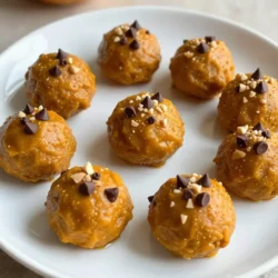 To make Pumpkin Spice Energy Bites, you need the following ingredients: - 1 cup rolled oats - 1/2 cup almond butter (or peanut butter) - 1/2 cup pure pumpkin puree - 1/4 cup honey or maple syrup - 1 teaspoon pumpkin spice blend - 1/2 teaspoon vanilla extract - 1/4 cup mini chocolate chips (optional) - Pinch of salt - 1/4 cup chopped nuts (optional) These ingredients create a tasty and healthy snack. The rolled oats give you energy, while the pumpkin puree adds flavor and moisture. Almond butter or peanut butter provides healthy fats and protein. Honey or maple syrup sweetens the bites naturally. Adding pumpkin spice blend gives the bites that cozy fall flavor. The vanilla extract enhances the taste, while mini chocolate chips and chopped nuts add texture and fun. You can mix and match based on your taste! {{ingredient_image_1}} - In a large bowl, combine 1 cup rolled oats, 1/2 cup almond butter, 1/2 cup pure pumpkin puree, and 1/4 cup honey or maple syrup. - Mix until well combined. You want a thick, sticky texture. - Next, add 1 teaspoon pumpkin spice blend and 1/2 teaspoon vanilla extract. - Mix in a pinch of salt. This enhances the sweet and spicy flavors. - If you want, fold in 1/4 cup mini chocolate chips and 1/4 cup chopped nuts. - Shape the mixture into 1-inch balls, then place them on a baking sheet. - Refrigerate for at least 30 minutes to firm up. - Ensure ingredients are at room temperature for easier mixing. - Use a spatula for thorough blending. This helps combine flavors well. When mixing, I find it best to start with the almond butter. It gives a nice base. Then, add the pumpkin puree and honey. This keeps everything moist and tasty. - Chill for at least 30 minutes for best texture. - Use an airtight container to keep bites fresh. Chilling helps the bites firm up nicely. Once you form the balls, refrigerate them. The longer they sit, the better they hold their shape. - Pair with a smoothie or fruit for a nutritious snack. - Great for meal prepping and on-the-go energy. These bites make a perfect snack. You can grab them before school or work. They are tasty and packed with energy to keep you going. Pro Tips Chill for Better Texture: Refrigerating the energy bites helps them firm up, making them easier to handle and giving them a more satisfying texture. Custom Spice Blend: Experiment with your own spice blend by adding extra cinnamon or a dash of cardamom for a unique flavor twist. Nut Butter Substitutions: Feel free to swap almond butter with sunflower seed butter for a nut-free version, perfect for those with allergies. Storage Tips: Keep the energy bites in an airtight container in the fridge for up to a week, or freeze them for up to three months for a quick snack later. {{image_2}} If you need a nut-free snack, try sunflower seed butter. It keeps the bites creamy and rich. This swap works well without losing flavor. Just measure the same amount as almond butter. Get creative with your energy bites! You can roll them in shredded coconut for a tropical touch. Ground nuts also add a nice crunch. Another fun idea is to try different spice blends. A dash of cardamom or allspice can change the taste. Explore what you love best! For a vegan version, use maple syrup instead of honey. This keeps the bites sweet and plant-based. Also, check that your chocolate chips are dairy-free. These simple swaps make a tasty treat for everyone! To keep your Pumpkin Spice Energy Bites fresh, store them in an airtight container in the fridge. This method locks in the flavor and keeps them moist. You can enjoy these tasty bites for up to one week when stored properly. Just grab one whenever you need a quick snack! If you want to save some for later, freezing is a great option. To freeze, place the energy bites in a single layer on a baking sheet. Once they are firm, transfer them to a freezer-safe bag or container. Make sure to label it with the date. These bites can last in the freezer for up to three months. When you're ready to enjoy, just thaw them in the fridge overnight. Pumpkin spice energy bites are small, tasty snacks. They mix oats, nut butter, and pumpkin puree. This blend gives them a chewy texture. The pumpkin spice blend adds warm flavors of cinnamon, nutmeg, and ginger. You can also add chocolate chips or nuts for extra crunch. These bites are perfect for a quick snack or boost of energy. They are easy to make and great for meal prep. Yes, you can use other nut butters. Peanut butter works well if you prefer its flavor. Sunflower seed butter is a great nut-free option. Each nut butter brings a unique taste to the bites. Just keep the same amount as in the recipe. If you use a different nut butter, make sure to check for allergies. To make these bites sweeter, try adding more honey or maple syrup. You can also mix in some chopped dried fruit. Adjust the sweetness to your taste. Start with a small amount, then taste. You can always add more if needed. This way, you can create a snack that fits your sweet tooth! These Pumpkin Spice Energy Bites are simple and quick to make. You mix healthy ingredients like oats, almond butter, and pumpkin puree. You can add spices and chocolate for flavor. With a bit of chilling, these bites turn into a tasty snack. They are great for busy days and can be stored easily. Whether you want a nut-free or vegan option, the recipe is flexible. I hope you enjoy making and sharing these bites as much as I do. They're a fun, healthy treat for everyone!