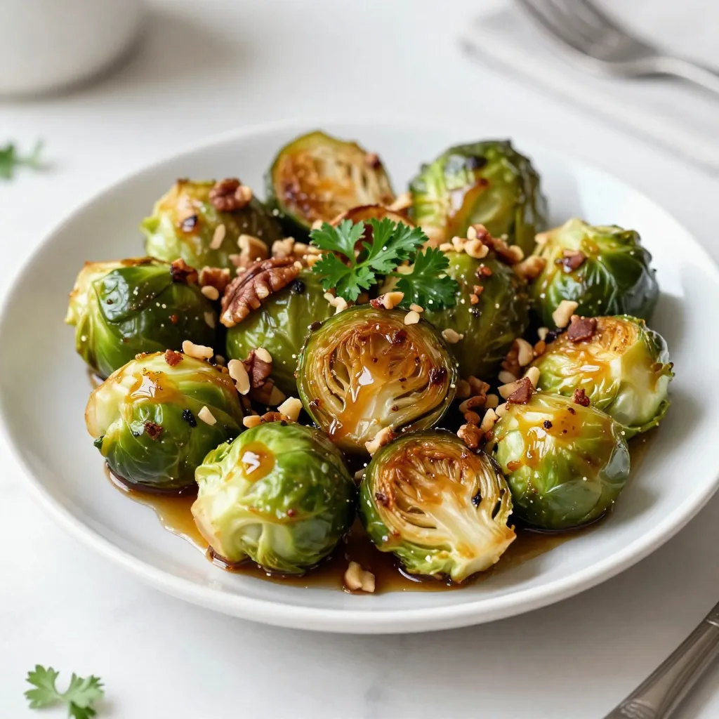 - 1 lb Brussels sprouts, trimmed and halved - 3 tablespoons balsamic vinegar - 2 tablespoons honey - 2 tablespoons olive oil - 1 teaspoon garlic powder - ½ teaspoon salt - ¼ teaspoon black pepper - Optional: ¼ cup chopped pecans or walnuts for crunch - Optional: Fresh parsley for garnish Balsamic honey roasted Brussels sprouts are a delight! The main ingredients create a sweet and tangy mix. The Brussels sprouts bring a nutty flavor that pairs well with the balsamic vinegar. You need fresh Brussels sprouts for the best taste. Trim and halve them to ensure even cooking. The balsamic vinegar adds a sharp tang. Honey balances that sharpness with sweetness. Olive oil helps everything roast nicely. The seasonings make a big difference. Garlic powder adds depth. Salt brings out the flavors, while black pepper adds a little kick. If you want a crunch, toss in some nuts. Pecans or walnuts can add a fun texture. Fresh parsley is great for a pop of color. It also adds a fresh taste to the dish. These ingredients come together to make a dish that everyone will love. With these simple items, you can create a flavorful and healthy side dish. {{ingredient_image_1}} - Preheat the oven to 400°F (200°C). - In a large bowl, whisk together the balsamic vinegar, honey, olive oil, garlic powder, salt, and black pepper until well combined. This mix adds sweet and tangy flavors to the Brussels sprouts. - Add the halved Brussels sprouts to the bowl. Toss them in the mixture until they are evenly coated. This step is key for flavor. - Spread the coated Brussels sprouts in a single layer on a baking sheet lined with parchment paper. This helps with easy cleanup and even roasting. - Roast in the preheated oven for 25-30 minutes. Stir halfway through. The sprouts should turn golden brown and tender. This caramelization really boosts the flavor! - Add nuts in the last 5 minutes if you like crunch. Pecan or walnut options are great choices. - Remove from the oven and let cool slightly. Garnish with fresh parsley before serving. This adds a pop of color and freshness to your dish. To get the best flavor, coat your Brussels sprouts well. This helps them soak up the balsamic mixture. A good coating ensures every bite is tasty. Stir the sprouts halfway through cooking. This step helps them cook evenly and caramelize nicely. Caramelization adds a sweet, rich flavor that is hard to beat. Want to boost the taste? Consider adding spices like paprika or cayenne. These spices can add warmth and depth. Fresh herbs like thyme or rosemary can also brighten the dish. If you want a sweeter dish, add more honey. For more acidity, increase the balsamic vinegar a bit. Adjust these to fit your taste! Make your dish look great by garnishing with fresh parsley. It adds a pop of color and freshness. You can also sprinkle chopped pecans or walnuts for a crunchy finish. Serving on a bright plate can make the Brussels sprouts stand out. A beautiful presentation makes the meal more inviting. Pro Tips Choose Fresh Brussels Sprouts: Look for compact, firm Brussels sprouts with vibrant green leaves. Avoid any that are yellowing or wilting for the best flavor. Don’t Skip the Parchment Paper: Lining your baking sheet with parchment paper not only makes cleanup easier but also helps prevent the Brussels sprouts from sticking and promotes even roasting. Adjust Sweetness to Taste: Depending on your preference, you can add more or less honey to the balsamic mixture. Taste the sauce before tossing it with the Brussels sprouts to ensure it’s to your liking. Experiment with Nuts: While pecans and walnuts add a great crunch, feel free to try other nuts like almonds or even seeds for a different texture and flavor profile. {{image_2}} You can change the honey if you want. Use maple syrup or agave for a different taste. Both options add sweetness and work well with balsamic. If you want to try a different vinegar, apple cider or red wine will do the trick. They offer unique flavors that can change the dish’s profile. To give your Brussels sprouts a smoky flavor, add some bacon or pancetta. This adds richness that many people love. For a sweet twist, try tossing in apple slices or dried cranberries. Both options add a fun burst of flavor and color. If you want a quicker option, use an air fryer. This method cooks the sprouts fast and makes them crispy. Grilling is another fun way to prepare them. The charred flavor from the grill adds an extra layer of taste. Both methods keep the sprouts tender and flavorful. To store leftovers, let the Brussels sprouts cool first. Place them in an airtight container. This helps keep them fresh. You can store them in the fridge for up to three days. Remember, the sooner you eat them, the better they taste! To reheat, you can use either an oven or a microwave. The oven is best for crispy sprouts. Preheat it to 350°F (175°C). Spread the sprouts on a baking sheet and heat for about 10-15 minutes. This helps regain that nice crunch. If you use a microwave, heat them in 30-second bursts. This method is quicker but may not keep them crispy. You can freeze roasted Brussels sprouts for longer storage. First, let them cool completely. Then, spread them in a single layer on a baking sheet. Freeze them for about an hour. Once frozen, transfer them to a freezer bag. Remove as much air as possible. They can last up to three months in the freezer. To thaw, leave them in the fridge overnight. Reheat them in the oven to keep their crispiness. You can tell when Brussels sprouts are cooked by looking for a deep golden color. They should be tender when pierced with a fork. The outer leaves may char slightly, adding to the flavor. If the sprouts are crispy and caramelized, you’ve nailed it! Yes, you can prepare the Brussels sprouts ahead. Just coat them in the balsamic honey mix and store them in the fridge. You can do this a day in advance. When you're ready to roast, simply spread them on a baking sheet and follow the cooking steps. These Brussels sprouts shine next to roasted chicken or grilled salmon. They also work great with quinoa or rice dishes. For a hearty meal, serve them alongside steak or pork chops. Don't forget a fresh salad to balance the meal! Balsamic Honey Roasted Brussels Sprouts are tasty and easy to make. We covered the ingredients, preparation, roasting, and tips for success. You can adjust flavors and even change ingredients to suit your taste. Remember to store and reheat leftovers properly for the best result. This dish shines as a side or even a main feature. Enjoy making it your own, and share it with others. Your kitchen will smell amazing, and your taste buds will thank you.