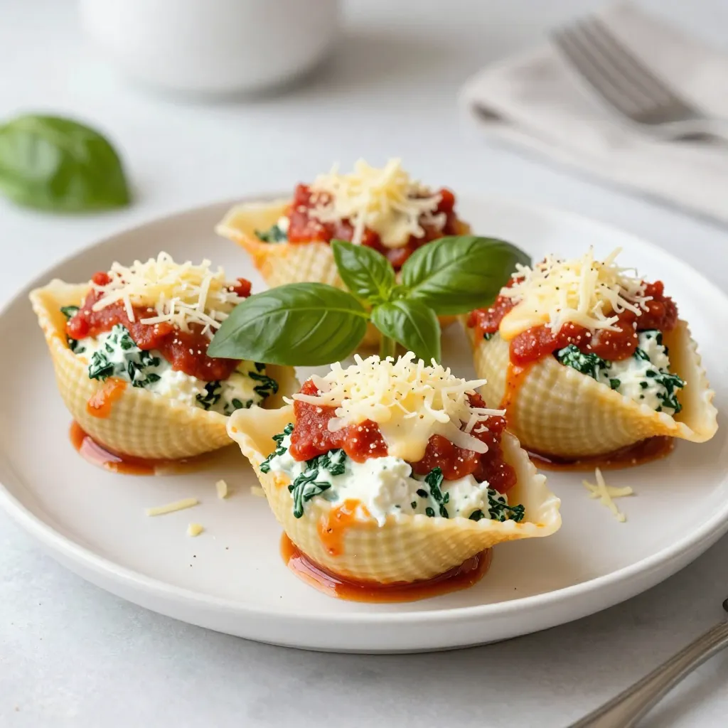 For Cheesy Spinach Stuffed Shells, gather these items: - 12 large pasta shells - 2 cups fresh spinach, chopped - 1 cup ricotta cheese - 1 cup shredded mozzarella cheese, divided - 1/2 cup grated Parmesan cheese - 1 egg, beaten - 1 teaspoon garlic powder - 1/2 teaspoon red pepper flakes (optional) - 2 cups marinara sauce - Salt and pepper to taste - Fresh basil, for garnish Using fresh ingredients makes a big difference. Fresh spinach has a bright flavor and a nice texture. It wilts perfectly in the filling. Fresh ricotta cheese offers a creamier taste. If you can't find fresh, frozen works too. Just thaw and drain it well before use. Frozen spinach may have extra water, so squeeze it out. You can easily adapt this recipe for dietary needs. For a dairy-free option, use vegan ricotta and mozzarella. If you want a gluten-free dish, swap regular pasta shells for gluten-free ones. For a lower-carb version, try using zucchini slices instead of pasta. Just slice the zucchini thinly and layer it. {{ingredient_image_1}} Start by cooking the pasta shells. Boil a large pot of water. Add a pinch of salt for flavor. Cook the shells according to the package directions until they are al dente. This means they should be firm but not hard. Once done, drain the shells and let them cool for a few minutes. This helps prevent burns when you stuff them later. In a large mixing bowl, mix the filling. Add the chopped spinach, ricotta cheese, half of the mozzarella cheese, and grated Parmesan cheese. Then, crack an egg and beat it before adding to the bowl. Stir in the garlic powder, red pepper flakes, salt, and pepper. Mix everything until it’s well blended. This filling is creamy and packed with flavor. Now, it’s time to assemble. Take a pasta shell and carefully stuff it with the cheese and spinach mix. Place each filled shell in a greased baking dish. Once all shells are in the dish, pour the marinara sauce evenly over them. Make sure every shell is covered in sauce. Then, sprinkle the remaining mozzarella cheese on top. Cover the dish with aluminum foil and bake it in a preheated oven at 375°F (190°C) for 25 minutes. After that, remove the foil and bake for another 10 to 15 minutes. The cheese should be bubbly and slightly golden. Let it cool for a few minutes before serving. Enjoy your tasty family dinner! To keep your pasta shells from breaking, cook them just until they are al dente. This means they should still have a bit of firmness. Drain them gently and let them cool a little. You can also toss them with a bit of olive oil to keep them from sticking together. Handle them carefully as you stuff them. If they feel too soft, wait until they cool down more. For the best cheese melt, use fresh mozzarella instead of pre-shredded cheese. Fresh mozzarella melts evenly and gives a great stretch. When you bake the shells, cover them with foil first. This keeps the heat in and helps the cheese melt smoothly. After 25 minutes, remove the foil for the last 10 to 15 minutes. This lets the cheese bubble up and turn golden brown. To make your Cheesy Spinach Stuffed Shells even better, add fresh herbs. Chopped basil or parsley really brightens the dish. Serve them with a side salad to balance the meal. You can also pair them with garlic bread for a cozy dinner. Drizzle a bit of extra marinara on top before serving for added flavor and a pretty look. Pro Tips Use Fresh Spinach: Fresh spinach will provide a vibrant flavor and better texture than frozen spinach, which can be watery. Perfectly Cooked Shells: Make sure to cook the pasta shells al dente, as they will continue to cook in the oven, preventing them from becoming mushy. Cheese Variations: Feel free to mix in other cheeses like feta or goat cheese for a unique twist on flavor. Make Ahead: You can prepare the stuffed shells ahead of time and refrigerate them before baking. Just add a few extra minutes to the baking time. {{image_2}} You can mix things up by changing the spinach and cheese. Try using kale instead of spinach for a different taste. Cream cheese can work too. It gives a creamy texture. You can also swap mozzarella for gouda or cheddar. These changes add a fun twist to your stuffed shells. Want to add some meat? Ground beef or sausage goes well. Just cook the meat first. You can also add chopped bell peppers or mushrooms to the filling. These veggies add a nice crunch and flavor. Mix and match to create your perfect dish. If you need a gluten-free meal, use gluten-free pasta shells. They taste great and hold the filling well. Make sure to check the sauce too. Some marinara sauces are gluten-free. Enjoy a tasty meal without worry! To store leftovers, let the Cheesy Spinach Stuffed Shells cool down first. Place them in an airtight container. Use a container that fits well to avoid excess air. Store in the fridge for up to three days. This helps keep the flavors fresh and the texture nice. If you want to freeze the shells, assemble them but do not bake. Cover the baking dish tightly with plastic wrap, then foil. This prevents freezer burn. You can freeze them for up to three months. When you're ready to eat, thaw them in the fridge overnight before baking. To reheat, place the shells in an oven-safe dish. Add a splash of marinara sauce to keep them moist. Cover with foil to avoid drying out. Heat in a preheated oven at 350°F (175°C) for about 20 minutes. This keeps the cheese gooey and the pasta tender. Yes, you can prepare Cheesy Spinach Stuffed Shells ahead of time. Just make the filling and stuff the shells. Then, cover them with sauce and cheese. Store the dish in the fridge for up to two days. When you are ready to bake, preheat the oven and cook as usual. This makes dinner easy on busy nights! If your stuffed shells are frozen, bake them for about 50 to 60 minutes. Start with the oven at 375°F (190°C). Cover the dish with foil for the first 30 minutes. Then, remove the foil to let the cheese melt nicely. Check that the center is hot before serving. Cheesy Spinach Stuffed Shells pair well with many sides. A fresh side salad makes a nice choice. You can add garlic bread for extra flavor and crunch. Roasted vegetables also work well. Each option adds color and taste to your meal. You now have a clear guide to make Cheesy Spinach Stuffed Shells. We covered the ingredients, cooking steps, and helpful tips to avoid common mistakes. You can easily customize this dish to fit your needs, whether you need gluten-free options or different fillings. Remember, the right storage methods make a big difference for leftovers. Keep this recipe handy for a quick, tasty meal anytime. Dive into this delicious dish and enjoy!