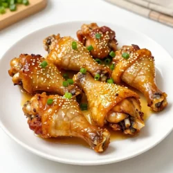 To make honey garlic chicken drumsticks, you need the following main ingredients: - 8 chicken drumsticks - 1/2 cup honey - 1/4 cup soy sauce (low sodium is best) - 4 cloves garlic, minced - 1 tablespoon fresh ginger, grated - 1 tablespoon apple cider vinegar - 1 teaspoon sesame oil - Salt and pepper to taste These ingredients work together to create a tasty marinade. The honey adds sweetness, while the soy sauce gives it a nice salty flavor. Garlic and ginger add depth and warmth. You can elevate your dish with these optional garnishes: - 2 green onions, sliced - Sesame seeds Using green onions adds a fresh crunch. The sesame seeds give a nice touch and flavor. You can easily swap ingredients if needed. Here are some ideas: - Use chicken thighs instead of drumsticks for more meat. - Maple syrup can replace honey for a different sweetness. - Use coconut aminos instead of soy sauce for a gluten-free option. - Any vinegar can stand in for apple cider vinegar, like rice vinegar. These substitutions let you customize the recipe while keeping it delicious. {{ingredient_image_1}} To start, grab a large bowl for the marinade. Mix together: - 1/2 cup honey - 1/4 cup soy sauce - 4 minced garlic cloves - 1 tablespoon grated fresh ginger - 1 tablespoon apple cider vinegar - 1 teaspoon sesame oil - Salt and pepper to taste Stir these well until everything blends. Now, take your 8 chicken drumsticks and add them to the bowl. Make sure they are coated fully with the marinade. Cover the bowl and put it in the fridge. For best flavor, let it marinate for at least 1 hour, but overnight is even better. Preheat your oven to 425°F (220°C). This step is key for a crispy finish. Line a baking sheet with aluminum foil. On top, place a cooling rack. This helps air flow around the chicken, giving it that perfect crunch. Next, take the drumsticks out of the marinade and place them on the rack. Don’t throw away the marinade yet; you will use it later. Bake the chicken for 25 minutes. After that time, remove them from the oven. Brush the drumsticks with the reserved marinade to add flavor. Put them back in the oven for another 10 to 15 minutes. Check the internal temperature. It should read 165°F (74°C) to ensure they are cooked through. If you want extra crispiness, switch your oven to broil. Broil the drumsticks for 3 to 5 minutes. Keep an eye on them so they don’t burn. Once done, take them out and let them rest for a few minutes. For a nice finish, garnish the chicken with sliced green onions and a sprinkle of sesame seeds. This not only adds flavor but also makes it look great on your plate. Enjoy your delicious honey garlic chicken drumsticks! To get that nice, shiny glaze on your honey garlic chicken drumsticks, you need to baste them. After baking for 25 minutes, take the drumsticks out. Use the reserved marinade to coat them well. Put them back in the oven for another 10-15 minutes. This step helps the glaze stick and caramelize, making it sweet and sticky. For extra crispiness, broil the drumsticks for 3-5 minutes at the end. Keep an eye on them so they don’t burn! Baking is my go-to method for cooking drumsticks. It cooks them evenly and keeps them juicy. Preheat your oven to 425°F (220°C) for the best results. Use a cooling rack on your baking sheet. This allows heat to circulate all around the chicken, giving you a crispy skin. You can also grill them for a smoky flavor. Just make sure the grill is hot, and cook them until they reach 165°F (74°C) inside. If you have leftovers, store them in an airtight container. They can last up to 3 days in the fridge. You can also freeze them for up to 3 months. Just make sure to wrap them well in plastic wrap and then in foil. To reheat, place them in the oven at 350°F (175°C) for about 15-20 minutes until heated through. This keeps the skin crispy and the meat juicy. Pro Tips Marinate Longer for More Flavor: For the best flavor, marinate the chicken drumsticks overnight. This allows the flavors to penetrate the meat more deeply. Use Fresh Ingredients: Fresh garlic and ginger will enhance the overall taste of the dish. Avoid pre-minced options for a more vibrant flavor. Check Internal Temperature: Always use a meat thermometer to check that the internal temperature of the chicken reaches 165°F (74°C) to ensure it is safely cooked. Experiment with Accompaniments: Serve the drumsticks with a side of steamed vegetables or rice to balance the sweetness of the honey glaze. {{image_2}} You can swap chicken drumsticks for other proteins. Try chicken thighs for a juicier bite. If you prefer, use chicken breasts for a leaner option. You can even use pork or beef. Just adjust the cooking time based on the protein. Always check the internal temp; it should be 165°F for chicken. Feel free to switch up the sauce. Add some chili paste for heat. Or use teriyaki sauce for a sweeter twist. You can create a citrus version by adding orange juice. Mix in herbs like rosemary or thyme for fresh flavor. Experimenting keeps your meals exciting and fun! Grilling gives your chicken a smoky flavor. It adds nice char marks, too. If grilling, marinate as usual. Preheat the grill to medium heat. Cook for about 20-25 minutes, turning frequently. The oven method is easy and hands-off. Both ways yield tasty results, so choose what you love! To store leftover chicken drumsticks, let them cool first. Place them in an airtight container. You can also use a zip-top bag. Make sure to remove as much air as possible. Store them in the fridge for up to three days. This keeps the chicken fresh and tasty. You can freeze honey garlic chicken for later use. First, let the drumsticks cool completely. Wrap each one in plastic wrap, then place them in a freezer bag. Label the bag with the date. This method helps prevent freezer burn. You can freeze them for up to three months. When you are ready to eat, thaw them in the fridge overnight. To reheat the chicken drumsticks, preheat your oven to 350°F (175°C). Place the drumsticks on a baking sheet. Cover them with foil to keep them moist. Heat for about 15-20 minutes or until they reach 165°F (74°C). You can also reheat them in the microwave. Just place them on a safe plate and heat for 2-3 minutes, checking for warmth. Enjoy your delicious leftovers! Yes, you can use chicken thighs. They have more fat and flavor. They will cook well with the same marinade. Just make sure to adjust the cooking time. Thighs may need a bit longer than drumsticks. Always check the internal temperature. It should reach 165°F or 74°C. Check the internal temperature with a meat thermometer. The safe temp is 165°F or 74°C. Another way is to pierce the drumstick. If the juices run clear, it is done. Look for no pink meat near the bone. These signs ensure your chicken is safe and tasty. Honey garlic chicken pairs well with many sides. Here are some great options: - Steamed rice - Roasted vegetables - Mashed potatoes - A fresh salad - Noodles These sides balance the sweet and savory flavors of the chicken. This post walked you through the key ingredients for honey garlic chicken drumsticks and the steps to make them. We covered tips for a great glaze and how to store leftovers. You learned about variations and cooking methods that suit your taste. Remember, experimenting with proteins and sauces can lead to even tastier meals. Enjoy the flavors and make this dish your own! Your kitchen adventure awaits.