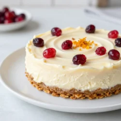 - 1 ½ cups graham cracker crumbs - ½ cup unsalted butter, melted - 2 cups cream cheese, softened - 1 cup granulated sugar - 1 teaspoon vanilla extract - 3 large eggs - 1 cup sour cream - 1 cup dried cranberries - ½ cup white chocolate chips - Zest of 1 orange - ¼ teaspoon salt I love how each ingredient adds a unique layer to the cheesecake. The graham cracker crumbs form a crunchy crust that balances the creamy filling. The butter brings richness, while cream cheese gives that classic cheesecake texture. Sugar adds sweetness, and vanilla enhances the other flavors. When you use three large eggs, they bind everything together. Sour cream adds a lovely tang, and the dried cranberries give bursts of tartness. White chocolate chips melt in, creating a creamy texture, and the orange zest brightens the cake with freshness. The salt rounds it all out. This simple list makes a delightful treat. Each bite is a balance of sweet and tart, creamy and crunchy. I can’t wait for you to try it! {{ingredient_image_1}} 1. Preheat the oven to 325°F (160°C). This step warms the oven for even baking. 2. Grease a 9-inch springform pan and wrap the bottom with aluminum foil. This keeps the water out during baking. 3. Mix the graham cracker crumbs and melted butter in a medium bowl. Stir until the crumbs are well coated. 4. Press the mixture firmly into the bottom of the prepared pan. This forms a solid crust. 5. Bake for 10 minutes, then remove and let it cool. This gives the crust a nice golden color. 1. Beat the softened cream cheese and granulated sugar in a large bowl. Mix until it’s smooth and creamy. This is the base of your filling. 2. Add the vanilla extract and mix until combined. The vanilla adds great flavor. 3. Add the eggs one at a time, mixing on low speed after each addition. This helps keep the mixture smooth. 4. Gently fold in the sour cream, dried cranberries, white chocolate chips, orange zest, and salt. Make sure everything is evenly mixed. 1. Pour the cheesecake mixture over the cooled crust. Use a spatula to smooth the top. 2. Place the springform pan in a larger baking dish. Fill the dish with hot water until it reaches halfway up the sides of the springform pan. This water bath helps the cheesecake bake evenly. 3. Bake in the preheated oven for 55-65 minutes. The edges should be set, and the center should jiggle slightly. 4. Turn off the oven and crack the door open. Let the cheesecake cool in the oven for one hour. 5. Remove the cheesecake from the oven. Let it cool to room temperature. Then, cover and refrigerate for at least 4 hours, or overnight. This helps it set and makes it easier to slice. To make your cheesecake great, use room temperature ingredients. This helps the cream cheese mix well. Cold ingredients can cause lumps in your batter. Always soften the cream cheese before mixing. Avoid overmixing. Mix just until the batter is smooth. Overmixing can add air, making the cheesecake rise and fall. This can lead to cracks. When adding eggs, mix each one slowly. This keeps your batter silky and rich. For a stunning finish, drizzle white chocolate over the cheesecake. Melt the chocolate gently and use a spoon to create a beautiful design. This adds a sweet touch and makes it look fancy. A cranberry garnish adds color and flavor. Sprinkle extra dried cranberries on top. This gives a pop of tartness that pairs well with the sweet cheesecake. Together, these tips will make your cheesecake a showstopper! Pro Tips Chill Thoroughly: Make sure to refrigerate the cheesecake for at least 4 hours, preferably overnight, to allow it to set properly and enhance the flavors. Water Bath Importance: Using a water bath ensures even baking and prevents cracks on the surface of the cheesecake, resulting in a smooth texture. Room Temperature Ingredients: Allow cream cheese, sour cream, and eggs to come to room temperature before mixing to ensure a creamy and lump-free batter. Clean Slicing: For perfect slices, dip your knife in hot water and wipe it clean between cuts to maintain neat edges on each piece. {{image_2}} You can make this cheesecake unique by adding different flavors. Try using other fruit purees, like raspberry or strawberry. These will give your cheesecake a fresh twist. You can also mix in spices, like cinnamon or nutmeg, for warmth. Another fun change is to use different types of chocolate. Instead of white chocolate chips, use dark or milk chocolate chips. This will change the taste and richness of your cheesecake. You can even add a swirl of melted chocolate for visual appeal. If you want a lighter version, use low-fat cream cheese. This keeps the cheesecake creamy while cutting calories. You can also swap out granulated sugar with natural sweeteners like honey or maple syrup. This will keep the sweetness but make it a bit healthier. These simple swaps let you enjoy the cheesecake while staying mindful of your diet. You can still savor the taste without losing the joy of dessert. To keep your cranberry bliss cheesecake fresh, you should refrigerate it. First, make sure it is completely cool. Then, cover it tightly with plastic wrap. You can also use an airtight container. This helps keep it moist and prevents odors from other foods. If you want to store it for a longer time, freezing is a great option. Slice the cheesecake and wrap each piece in plastic wrap. Then, place the slices in a freezer-safe bag or container. This way, you can enjoy a piece anytime! When reheating cheesecake, you want to keep its texture smooth. Start by taking it out of the fridge. Let it sit at room temperature for about 30 minutes. This helps it warm up gently. To reheat, use a microwave on low power. Heat in 10-second bursts, checking between each one. This way, you avoid overcooking it. You can also use a warm oven. Set it to 200°F (93°C) and heat for about 10 minutes. Enjoy your cheesecake just like it was fresh! Can I make this cheesecake ahead of time? Yes, you can! This cheesecake tastes even better after chilling. I suggest making it a day before. This gives the flavors time to blend. Just cover it well after it cools. It will stay fresh in the fridge for up to five days. How do I tell when my cheesecake is done? Watch for the edges to set. The center should still jiggle slightly. It will continue to firm up as it cools. You can also use a toothpick to check. If it comes out mostly clean, it's ready. What can I serve with Cranberry Bliss Cheesecake? You can serve it with whipped cream for extra creaminess. A drizzle of caramel or chocolate sauce adds sweetness. Fresh cranberries or orange slices make a pretty garnish. You could also pair it with a cup of coffee or tea. Enjoying it with friends makes it even better! To sum up, this blog post covers the key steps for making a delicious cranberry bliss cheesecake. We discussed ingredients, preparation, and baking techniques. You learned tips for perfecting texture and creative presentation ideas. We also explored variations and storage methods for lasting enjoyment. Remember, every step counts in this process. Enjoy your cheesecake journey, and don’t hesitate to experiment! Your taste buds will thank you.
