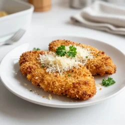 - Chicken cutlets - Parmesan cheese - Breadcrumbs - Eggs - Dijon mustard - Garlic powder - Italian seasoning - Salt and pepper - Fresh parsley - Olive oil or cooking spray For this dish, you need simple and fresh ingredients. First, grab four boneless, skinless chicken cutlets. Choose the best quality you can find. Next, get one cup of grated Parmesan cheese. This cheese gives a rich, nutty flavor. You will also need one cup of breadcrumbs. I suggest whole-wheat breadcrumbs for an extra crunch. Then, take two eggs. They help the coating stick to the chicken. Add one tablespoon of Dijon mustard. This adds a nice tangy taste. Next, include two teaspoons of garlic powder. This spice gives the chicken a warm flavor. You will also need one teaspoon of Italian seasoning. This mix of herbs brings great depth to your cutlets. Don't forget to add salt and pepper to taste. For garnish, chop two tablespoons of fresh parsley. This adds color and brightness. Lastly, have some olive oil or cooking spray for frying. This keeps the chicken from sticking and helps it crisp up. With these ingredients ready, you are set to make delicious Parmesan crusted chicken cutlets. Enjoy the cooking process! {{ingredient_image_1}} To start, you need to pound the chicken cutlets. This step is key for even cooking. If the cutlets are thick, use a meat mallet to pound them gently. Aim for about a ½ inch thickness. This helps them cook evenly and stay juicy. Next, you will set up your breading stations. In one bowl, mix the eggs with a tablespoon of Dijon mustard. Whisk them well until smooth. In another bowl, combine the grated Parmesan cheese, breadcrumbs, garlic powder, Italian seasoning, salt, and pepper. Mix these dry ingredients well to ensure even flavor. Now, it’s time to bread the chicken. First, dip each cutlet into the egg mixture. Let the excess egg drip off. Then, coat the cutlet in the Parmesan-breadcrumb mixture. Press down slightly so the coating sticks well. This creates a nice, crunchy layer when you cook them. You need to preheat your pan for frying. Choose a large skillet that fits all cutlets without crowding. Heat it over medium heat. Add enough olive oil to coat the bottom. If you prefer a lighter option, use cooking spray instead. Wait until the oil shimmers before adding the chicken. When the pan is ready, add the breaded cutlets. Cook them in batches to avoid overcrowding. Each side will need about 4-5 minutes. Look for a golden brown color. Use a meat thermometer to check that the internal temperature reaches 165°F (75°C). This ensures your chicken is safe to eat. Once cooked, remove the cutlets from the skillet. Place them on a paper towel-lined plate. This helps drain any excess oil. For garnishing, sprinkle fresh parsley over the cutlets. It adds a nice touch of color and flavor. Serve them on a bed of arugula or with a fresh salad for a complete meal. To get that perfect crunch, use the right breadcrumbs. Whole-wheat breadcrumbs add nice texture and flavor. They stay crispy longer than regular ones. For frying, make sure your oil is hot. If the oil isn’t hot enough, the chicken will soak up too much oil. Use enough oil to cover the bottom of the pan. This helps create a golden crust. Cook in batches to avoid overcrowding the pan. If you add too many cutlets at once, they won't crisp up. They will steam instead. To maintain heat, keep the first batch warm in a low oven. Set it to around 200°F (93°C) while you cook more cutlets. This way, your chicken stays hot and crunchy. To boost flavor, add spices and herbs. I like to use paprika, onion powder, or even a bit of cayenne for heat. Fresh herbs like thyme or rosemary can also elevate the taste. For serving, pair these cutlets with a fresh salad or on a bed of arugula. They also taste great with a side of roasted vegetables or pasta. A squeeze of lemon adds a nice touch too! Pro Tips Even Thickness: Ensure your chicken cutlets are pounded to an even thickness of about ½ inch. This helps them cook more evenly and prevents drying out. Coating Adherence: After dipping the cutlets in the egg mixture, press them firmly into the Parmesan-breadcrumb mixture. This ensures a robust coating that won’t fall off while cooking. Oil Temperature: Make sure your oil is hot enough before adding the cutlets. A shimmering surface indicates the right temperature, helping to achieve a crispy exterior. Resting Time: Allow the cooked cutlets to rest on a paper towel-lined plate. This helps absorb excess oil, keeping them crispy and delicious. {{image_2}} If you want to switch up the cheese, try using Pecorino Romano instead of Parmesan. It gives a nice salty kick. You can also use nutritional yeast for a dairy-free option that still tastes great. For a gluten-free version, swap regular breadcrumbs with crushed gluten-free crackers or panko. This keeps the crunch without the gluten. Want some heat? Add a pinch of chili flakes to the breading mix. This gives your cutlets a nice spicy twist. You can also mix in herbs like fresh basil or thyme for extra flavor. They make the dish taste fresh and bright. These cutlets shine with marinara sauce on top. The sauce adds moisture and a burst of flavor. You can also serve them with a fresh salad. A simple arugula salad with lemon dressing pairs perfectly. It balances the richness of the cutlets. After you enjoy your Parmesan crusted chicken cutlets, store any leftovers in the fridge. Place them in an airtight container. This helps keep them fresh. It’s best to eat them within three days. To freeze cooked cutlets, wrap them tightly in plastic wrap. Then, put them in a freezer bag. Mark the date on the bag. They can last up to three months in the freezer. For the best results, reheat your cutlets in the oven. Preheat the oven to 350°F (175°C). Place the chicken on a baking sheet. Bake for about 10-15 minutes, or until warm. This keeps the crust crispy. If you're short on time, use the microwave. Place one cutlet on a microwave-safe plate. Heat for 1-2 minutes. This method is quick but may soften the crust. Leftover cutlets last about three days in the fridge. Always check for signs of spoilage. If the chicken smells off or has a slimy texture, it’s best to throw it away. When frozen, the cutlets can stay good for three months. Always label your bags to avoid confusion later. You can serve many sides with Parmesan crusted chicken cutlets. Here are some great options: - Salad: A fresh green salad adds crunch. Try arugula or mixed greens. - Vegetables: Roasted or steamed veggies like broccoli or green beans work well. - Potatoes: Mashed, baked, or roasted potatoes pair nicely with the chicken. - Pasta: A light pasta dish with olive oil and herbs complements the cutlets. Yes, you can make these cutlets ahead of time. Here are some tips: - Prep: Bread the chicken cutlets and store them in the fridge. - Cook Later: Fry or bake them when you're ready to eat. - Store: Keep cooked cutlets in an airtight container for up to three days. To check if the chicken is done, use these methods: - Internal Temperature: The chicken should reach 165°F (75°C) for safety. - Visual Cues: The cutlets should be golden brown. The juices should run clear. Yes, baking is a great option. Follow these tips for the best results: - Preheat Oven: Set your oven to 400°F (200°C). - Prepare Cutlets: Place the breaded cutlets on a baking sheet. - Spray: Lightly mist the cutlets with cooking spray for a crispier texture. - Bake: Cook for 20-25 minutes, flipping halfway, until golden and cooked through. The blog post covered key ingredients and steps for making Parmesan crusted chicken cutlets. You learned how to prep, coat, and cook them for crispy perfection. Tips for enhancing flavor and storage help make this dish even better. Final thoughts: Mastering this recipe opens up tasty options. Try variations to match your taste. Enjoy the cooking journey and share your amazing results!