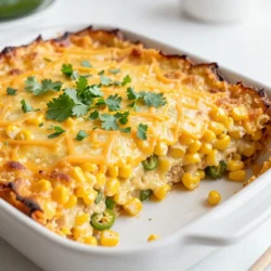 To make Jalapeño Cheddar Corn Casserole, you will need: - 2 cans (15 oz each) sweet corn, drained - 1 can (15 oz) creamed corn - 1 cup sharp cheddar cheese, shredded - 2 jalapeños, finely diced (seeds removed for less heat if desired) - 1 cup milk - 1/2 cup unsalted butter, melted - 1/2 cup cornmeal - 1/2 cup all-purpose flour - 1 tablespoon baking powder - 1 teaspoon salt - 1/2 teaspoon black pepper - 2 eggs, beaten - Optional: 1/4 cup chopped fresh cilantro for garnish For this recipe, gather these items: - Large mixing bowl - Measuring cups and spoons - Whisk - 9x13-inch baking dish - Oven You can swap ingredients for different flavors or needs: - Use frozen corn instead of canned for fresh taste. - Replace sharp cheddar with Monterey Jack or pepper jack for more spice. - Use almond milk or oat milk for a dairy-free option. - Swap all-purpose flour with gluten-free flour for a gluten-free dish. - Add diced bell peppers for a sweeter touch instead of jalapeños. This dish is flexible and fun to customize! {{ingredient_image_1}} First, gather all your ingredients. You need: - 2 cans (15 oz each) sweet corn, drained - 1 can (15 oz) creamed corn - 1 cup sharp cheddar cheese, shredded - 2 jalapeños, finely diced (seeds removed for less heat if desired) - 1 cup milk - 1/2 cup unsalted butter, melted - 1/2 cup cornmeal - 1/2 cup all-purpose flour - 1 tablespoon baking powder - 1 teaspoon salt - 1/2 teaspoon black pepper - 2 eggs, beaten - Optional: 1/4 cup chopped fresh cilantro for garnish Next, preheat your oven to 350°F (175°C). Grease a 9x13-inch baking dish with butter or oil. This step helps prevent sticking. In a large bowl, mix the drained sweet corn, creamed corn, and diced jalapeños. Stir them well to blend the flavors. In another bowl, whisk the melted butter, milk, and beaten eggs together. This mixture adds moisture and richness to the casserole. Gradually pour the wet ingredients into the corn mixture. Stir until they combine completely. In a separate bowl, mix cornmeal, flour, baking powder, salt, and black pepper. Whisk until there are no lumps. This dry mix gives the casserole its texture. Slowly add the dry mixture into the corn mixture. Combine everything evenly. Then, fold in the shredded cheese. This step adds creaminess and flavor. Pour the mixture into the prepared baking dish. Spread it out evenly so it cooks well. Bake in the preheated oven for 45-50 minutes. The top should turn golden brown. To check if it’s done, insert a toothpick into the center. If it comes out clean, your casserole is ready. Once it's done baking, take it out of the oven. Let it cool for 10-15 minutes before serving. This cooling time makes it easier to cut and enjoy. To keep the casserole from being soggy, drain the sweet corn well. Always use fresh or well-drained canned corn. If you want, you can cook the cornmeal slightly before mixing. This step helps it absorb moisture without getting mushy. Also, avoid using too much liquid in the mix. Stick to the amounts in the recipe for best results. Sharp cheddar cheese is my go-to choice for this dish. It gives a rich flavor that pairs well with corn. If you want a twist, try pepper jack cheese. This cheese adds a hint of spice and creaminess. For a milder taste, use mild cheddar. Remember, the cheese should be shredded for even melting and mixing. To change the spice level, start with fewer jalapeños. Remove the seeds for less heat. You can also use sweet peppers if you prefer no spice. For more heat, try adding diced habaneros or a dash of hot sauce. Always taste as you go to find the right balance for you and your guests. Pro Tips Choose the Right Jalapeños: Selecting fresh, firm jalapeños will enhance the flavor of your casserole. If you're looking for less heat, opt for milder varieties or remove the seeds and membranes. Cheese Variations: Feel free to experiment with different types of cheese. Pepper jack cheese can add an extra kick, while Monterey Jack offers a milder option for a creamier texture. Add Texture: For a crunchy topping, consider adding crushed cornflakes or breadcrumbs mixed with melted butter on top for the last 10 minutes of baking. Make-Ahead Option: This casserole can be prepared a day in advance. Just cover it tightly and refrigerate, then bake it when you’re ready to serve. It may need a few extra minutes in the oven if baked straight from the fridge. {{image_2}} You can easily add protein to this casserole. Try cooked chicken or ground beef for a heartier dish. Simply mix in about two cups of shredded meat when you combine the corn. For a smoky flavor, consider adding bacon bits. They add crunch and a nice taste. If you want to keep it vegetarian, skip the meat. Use black beans or chickpeas instead. They add protein and fiber, making the dish filling. You can also add extra cheese for a richer flavor. Seasonal veggies make this casserole even better. In summer, add diced zucchini or bell peppers. In fall, try corn or butternut squash. Just chop them small and mix them into the corn. They add more color and nutrition. After enjoying your Jalapeño Cheddar Corn Casserole, let it cool. Once cooled, cover it tightly with plastic wrap or aluminum foil. You can also store it in an airtight container. This way, it stays fresh for up to three days in the fridge. Always check for any signs of spoilage before using leftovers. When you're ready to enjoy leftovers, preheat your oven to 350°F (175°C). Place the casserole in an oven-safe dish and cover it with foil. This helps keep moisture in. Heat for about 20-25 minutes or until it is warmed through. If you prefer, you can use a microwave. Heat individual portions in short bursts, stirring in between, until hot. Freezing the casserole is a great idea if you want to save it longer. First, let it cool completely. Then, cut it into portions for easy use. Wrap each piece tightly in plastic wrap, and then place them in a freezer bag. Squeeze out as much air as possible. It can last up to three months in the freezer. When ready to eat, thaw it overnight in the fridge before reheating. Yes, you can prepare the casserole ahead of time. Mix all the ingredients as directed. Then, cover the dish and place it in the fridge. It can sit overnight. When ready to bake, let it sit at room temperature for about 30 minutes. This helps it cook evenly. This casserole pairs well with many dishes. Here are some ideas: - Grilled chicken for a hearty meal. - A fresh salad for a light side. - Chili for a spicy kick. - Sour cream for a creamy topping. - Fresh cilantro for extra flavor. The baking time for Jalapeño Cheddar Corn Casserole is about 45-50 minutes. Preheat your oven to 350°F (175°C). The casserole is ready when the top turns golden brown. A toothpick inserted in the center should come out clean. Let it cool for 10-15 minutes before serving. By exploring ingredients, cooking steps, and helpful tips, you can make a great casserole. I shared ways to tailor the dish to your taste and how to store it. This recipe is easy and fun, perfect for any meal. Remember, you can mix in proteins or veggies based on your pantry. With these tips, I hope you feel ready to try this tasty dish today!