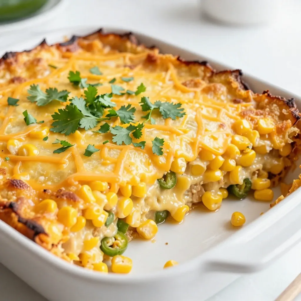 To make Jalapeño Cheddar Corn Casserole, you will need: - 2 cans (15 oz each) sweet corn, drained - 1 can (15 oz) creamed corn - 1 cup sharp cheddar cheese, shredded - 2 jalapeños, finely diced (seeds removed for less heat if desired) - 1 cup milk - 1/2 cup unsalted butter, melted - 1/2 cup cornmeal - 1/2 cup all-purpose flour - 1 tablespoon baking powder - 1 teaspoon salt - 1/2 teaspoon black pepper - 2 eggs, beaten - Optional: 1/4 cup chopped fresh cilantro for garnish For this recipe, gather these items: - Large mixing bowl - Measuring cups and spoons - Whisk - 9x13-inch baking dish - Oven You can swap ingredients for different flavors or needs: - Use frozen corn instead of canned for fresh taste. - Replace sharp cheddar with Monterey Jack or pepper jack for more spice. - Use almond milk or oat milk for a dairy-free option. - Swap all-purpose flour with gluten-free flour for a gluten-free dish. - Add diced bell peppers for a sweeter touch instead of jalapeños. This dish is flexible and fun to customize! {{ingredient_image_1}} First, gather all your ingredients. You need: - 2 cans (15 oz each) sweet corn, drained - 1 can (15 oz) creamed corn - 1 cup sharp cheddar cheese, shredded - 2 jalapeños, finely diced (seeds removed for less heat if desired) - 1 cup milk - 1/2 cup unsalted butter, melted - 1/2 cup cornmeal - 1/2 cup all-purpose flour - 1 tablespoon baking powder - 1 teaspoon salt - 1/2 teaspoon black pepper - 2 eggs, beaten - Optional: 1/4 cup chopped fresh cilantro for garnish Next, preheat your oven to 350°F (175°C). Grease a 9x13-inch baking dish with butter or oil. This step helps prevent sticking. In a large bowl, mix the drained sweet corn, creamed corn, and diced jalapeños. Stir them well to blend the flavors. In another bowl, whisk the melted butter, milk, and beaten eggs together. This mixture adds moisture and richness to the casserole. Gradually pour the wet ingredients into the corn mixture. Stir until they combine completely. In a separate bowl, mix cornmeal, flour, baking powder, salt, and black pepper. Whisk until there are no lumps. This dry mix gives the casserole its texture. Slowly add the dry mixture into the corn mixture. Combine everything evenly. Then, fold in the shredded cheese. This step adds creaminess and flavor. Pour the mixture into the prepared baking dish. Spread it out evenly so it cooks well. Bake in the preheated oven for 45-50 minutes. The top should turn golden brown. To check if it’s done, insert a toothpick into the center. If it comes out clean, your casserole is ready. Once it's done baking, take it out of the oven. Let it cool for 10-15 minutes before serving. This cooling time makes it easier to cut and enjoy. To keep the casserole from being soggy, drain the sweet corn well. Always use fresh or well-drained canned corn. If you want, you can cook the cornmeal slightly before mixing. This step helps it absorb moisture without getting mushy. Also, avoid using too much liquid in the mix. Stick to the amounts in the recipe for best results. Sharp cheddar cheese is my go-to choice for this dish. It gives a rich flavor that pairs well with corn. If you want a twist, try pepper jack cheese. This cheese adds a hint of spice and creaminess. For a milder taste, use mild cheddar. Remember, the cheese should be shredded for even melting and mixing. To change the spice level, start with fewer jalapeños. Remove the seeds for less heat. You can also use sweet peppers if you prefer no spice. For more heat, try adding diced habaneros or a dash of hot sauce. Always taste as you go to find the right balance for you and your guests. Pro Tips Choose the Right Jalapeños: Selecting fresh, firm jalapeños will enhance the flavor of your casserole. If you're looking for less heat, opt for milder varieties or remove the seeds and membranes. Cheese Variations: Feel free to experiment with different types of cheese. Pepper jack cheese can add an extra kick, while Monterey Jack offers a milder option for a creamier texture. Add Texture: For a crunchy topping, consider adding crushed cornflakes or breadcrumbs mixed with melted butter on top for the last 10 minutes of baking. Make-Ahead Option: This casserole can be prepared a day in advance. Just cover it tightly and refrigerate, then bake it when you’re ready to serve. It may need a few extra minutes in the oven if baked straight from the fridge. {{image_2}} You can easily add protein to this casserole. Try cooked chicken or ground beef for a heartier dish. Simply mix in about two cups of shredded meat when you combine the corn. For a smoky flavor, consider adding bacon bits. They add crunch and a nice taste. If you want to keep it vegetarian, skip the meat. Use black beans or chickpeas instead. They add protein and fiber, making the dish filling. You can also add extra cheese for a richer flavor. Seasonal veggies make this casserole even better. In summer, add diced zucchini or bell peppers. In fall, try corn or butternut squash. Just chop them small and mix them into the corn. They add more color and nutrition. After enjoying your Jalapeño Cheddar Corn Casserole, let it cool. Once cooled, cover it tightly with plastic wrap or aluminum foil. You can also store it in an airtight container. This way, it stays fresh for up to three days in the fridge. Always check for any signs of spoilage before using leftovers. When you're ready to enjoy leftovers, preheat your oven to 350°F (175°C). Place the casserole in an oven-safe dish and cover it with foil. This helps keep moisture in. Heat for about 20-25 minutes or until it is warmed through. If you prefer, you can use a microwave. Heat individual portions in short bursts, stirring in between, until hot. Freezing the casserole is a great idea if you want to save it longer. First, let it cool completely. Then, cut it into portions for easy use. Wrap each piece tightly in plastic wrap, and then place them in a freezer bag. Squeeze out as much air as possible. It can last up to three months in the freezer. When ready to eat, thaw it overnight in the fridge before reheating. Yes, you can prepare the casserole ahead of time. Mix all the ingredients as directed. Then, cover the dish and place it in the fridge. It can sit overnight. When ready to bake, let it sit at room temperature for about 30 minutes. This helps it cook evenly. This casserole pairs well with many dishes. Here are some ideas: - Grilled chicken for a hearty meal. - A fresh salad for a light side. - Chili for a spicy kick. - Sour cream for a creamy topping. - Fresh cilantro for extra flavor. The baking time for Jalapeño Cheddar Corn Casserole is about 45-50 minutes. Preheat your oven to 350°F (175°C). The casserole is ready when the top turns golden brown. A toothpick inserted in the center should come out clean. Let it cool for 10-15 minutes before serving. By exploring ingredients, cooking steps, and helpful tips, you can make a great casserole. I shared ways to tailor the dish to your taste and how to store it. This recipe is easy and fun, perfect for any meal. Remember, you can mix in proteins or veggies based on your pantry. With these tips, I hope you feel ready to try this tasty dish today!