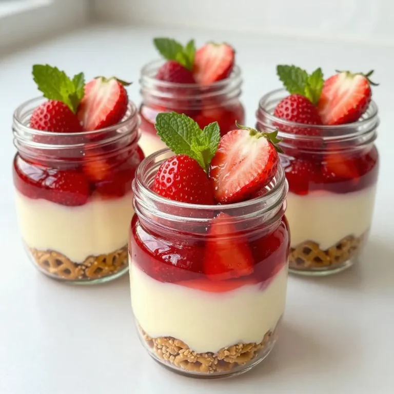 To make these delightful jars, gather the following ingredients: - 2 cups crushed pretzels - 1/2 cup unsalted butter, melted - 1/4 cup sugar - 8 oz cream cheese, softened - 1 cup powdered sugar - 1 cup whipped topping (like Cool Whip) - 2 cups fresh strawberries, hulled and sliced - 1/2 cup granulated sugar - 1 cup strawberry gelatin (Jell-O) - 2 cups boiling water Accurate measurements make a big difference. Here are some tips to help you: - Use dry measuring cups for dry ingredients like pretzels and sugar. - Use liquid measuring cups for wet ingredients like melted butter. - Level off the measuring cup with a flat edge for precision. - For sticky ingredients like cream cheese, use a spatula to get every bit out. You can swap some ingredients to fit your taste or diet: - Use gluten-free pretzels for a gluten-free option. - Replace cream cheese with a dairy-free cream cheese for a vegan choice. - Try using fresh blueberries or raspberries in place of strawberries for a twist. - Substitute whipped topping with homemade whipped cream for a fresher taste. {{ingredient_image_1}} To start, preheat your oven to 350°F (175°C). In a bowl, mix 2 cups of crushed pretzels with 1/2 cup of melted unsalted butter and 1/4 cup of sugar. Stir well until the pretzels are fully coated. Next, spread this pretzel mixture into a greased 9x13-inch baking dish. Bake it for about 10 minutes. Once done, let it cool completely. This crust will add a nice crunch to your jars. In a separate bowl, beat together 8 oz of softened cream cheese and 1 cup of powdered sugar until smooth. This step is key for a creamy texture. Then, gently fold in 1 cup of whipped topping, like Cool Whip, to keep it light. Spread this cream cheese layer evenly over the cooled pretzel crust. This layer brings a rich and sweet element to the dish. Now, let's make the strawberry topping. Take 2 cups of fresh strawberries, hull and slice them, then mix them with 1/2 cup of granulated sugar. Let them sit for about 10 minutes. This helps the strawberries release their juices. In another bowl, dissolve 1 cup of strawberry gelatin in 2 cups of boiling water. Stir until it’s fully dissolved. After a few minutes, add the macerated strawberries with their juices to the gelatin and mix well. Pour this mixture over the cream cheese layer. Refrigerate for at least 2-4 hours until it sets. This topping adds a fruity burst to every bite. To create stunning layers in your jars, use clear glass. This lets you see each layer. Start with the pretzel crust at the bottom. Make sure it is cool before adding the cream cheese mixture. Spread the cream cheese evenly. Use a spatula for a smooth finish. Next, gently add the strawberry gelatin mix on top. Pour slowly to avoid mixing layers. Finally, top with a fresh strawberry and mint leaf for color. One common mistake is using warm layers. Always cool the pretzel crust completely. If the cream cheese mix is too warm, it will melt into the crust. Another issue is not letting the gelatin set long enough. Refrigerate for at least 2-4 hours. This ensures the layers stay separated. Lastly, don’t rush the maceration of strawberries. Let them sit for at least 10 minutes. This step makes them juicy and flavorful. These jars are perfect for parties and picnics. They are fun and easy to serve. Set up a dessert table with colorful jars. You can make them ahead of time. Just remember to keep them chilled until serving. Consider pairing them with whipped cream or a scoop of ice cream for extra indulgence. If you want to impress guests, use a mix of different fruits in some jars. This way, you create a variety of flavors. Pro Tips Use Fresh Strawberries: Opt for ripe, fresh strawberries for the best flavor and texture in your salad jars. Cool the Gelatin: Allow the gelatin to cool slightly before mixing in the strawberries to prevent them from cooking or becoming mushy. Layering Technique: For a visually appealing jar, layer the ingredients carefully and consider using a piping bag for the cream cheese mixture. Make Ahead: This dessert is perfect for making ahead of time; it can be prepared a day in advance and stored in the refrigerator until serving. {{image_2}} You can make your Strawberry Pretzel Salad Jars even better by adding other fruits. Try using blueberries, raspberries, or diced peaches. These fruits add color and flavor. Just make sure to cut them small. Mix them in with the strawberries or layer them on top. This gives your jars a fun twist. It also makes them more colorful and tasty. To make a gluten-free version, swap regular pretzels for gluten-free pretzels. Check the label to make sure they are safe. Use the same amount as the recipe calls for. This way, you can enjoy the same great taste without gluten. You can also check for gluten-free whipped toppings and gelatin. You can switch up the flavor of the gelatin for a new taste. Instead of strawberry gelatin, try raspberry, peach, or even lemon. Each flavor brings a different vibe to the dish. Just remember to mix the new flavor with the same amount of boiling water. This keeps the texture nice. Layering different gelatins makes your jars look pretty, too! To keep your Strawberry Pretzel Salad Jars fresh, store them in the fridge. Use airtight containers or simply cover the jars tightly. This helps keep the layers intact and prevents drying out. Avoid stacking jars to keep the layers from mixing. These jars can last up to four days in the refrigerator. After that, the pretzel crust might become soggy. To enjoy the best texture, eat them within this time frame. If you see any changes in color or smell, it’s best to toss them. Freezing these jars is not ideal. The cream cheese layer and gelatin do not freeze well. If you must freeze them, do so without the cream cheese layer. You can freeze just the pretzel crust and gelatin separately. When ready to serve, prepare the cream cheese layer fresh. This keeps everything tasting great! Yes, you can make these jars the night before. Just assemble them and chill. This way, the flavors meld nicely. The layers stay fresh and tasty. Plus, it saves you time on the day you serve them. If you don’t have Cool Whip, you can use homemade whipped cream. Simply whip heavy cream with a bit of sugar. You can also use any store-bought whipped topping. Just ensure it has a similar texture. This keeps your jars light and fluffy. To check if the gelatin is set, gently press it with your finger. If it feels firm and holds its shape, it's ready. You can also look for a wobbly surface. It should not jiggle too much. This means your strawberry layer is good to go! Yes, you can use frozen strawberries. Just thaw them first and drain excess liquid. This helps keep your jars from getting too watery. Frozen strawberries work great in this recipe if fresh ones are not available. Enjoy the sweet flavors! In this post, we explored how to make Strawberry Pretzel Salad Jars from start to finish. We covered the ingredients, step-by-step instructions, useful tips, and even variations you can try. Remember, layering is key for a pretty dessert. Don't hesitate to play with fruits or flavors to make it your own. With the right storage, your jars will stay fresh for days. Dive into this tasty treat, and enjoy every bite!