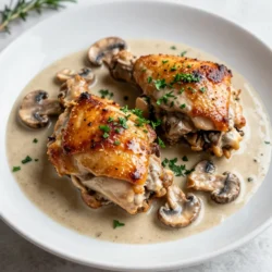 - 4 bone-in, skin-on chicken thighs - 1 tablespoon olive oil - 1 medium onion, chopped - 3 cloves garlic, minced - 8 ounces cremini mushrooms, sliced - 1 cup heavy cream - 1 cup chicken broth - 1 teaspoon dried thyme - 1 teaspoon dried rosemary - Salt and pepper to taste - Fresh parsley, chopped (for garnish) You can swap bone-in thighs for boneless ones. They cook faster. Use any cooking oil instead of olive oil. If you want a lighter dish, use half-and-half instead of heavy cream. For mushrooms, try button or shiitake mushrooms. Both will add great flavor. If you lack fresh herbs, use dried ones, but cut the amount in half for best results. Choose chicken thighs with a pink hue and no odor. The skin should be smooth, not slimy. For onions, look for firm, heavy bulbs without soft spots. Garlic should be firm and dry, not sprouted. When picking mushrooms, choose ones that are firm and dry, with no dark spots. Fresh parsley should be vibrant green, not wilted. These simple tips help ensure you make the best dish possible. {{ingredient_image_1}} 1. Start by patting the chicken thighs dry. This helps the skin get crispy. 2. Season both sides with salt and pepper. Use a good amount for flavor. 3. Chop one medium onion and mince three cloves of garlic. These add great taste. 4. Slice eight ounces of cremini mushrooms. They bring a rich, earthy flavor. 1. Heat one tablespoon of olive oil in a large skillet over medium-high heat. 2. Once hot, add the chicken thighs skin-side down. Sear for about 5-7 minutes. 3. Flip the chicken and cook for another 5 minutes. The skin should be golden brown. 4. Remove the chicken from the skillet and set it aside on a plate. 5. In the same skillet, add the chopped onion. Sauté for 2-3 minutes until it turns translucent. 6. Next, add the minced garlic. Cook for another minute until it smells great. 7. Toss in the sliced mushrooms. Cook for about 5 minutes until they brown and lose moisture. 8. Pour in one cup of chicken broth. Scrape up any brown bits from the skillet. 9. Stir in one cup of heavy cream, one teaspoon of dried thyme, and one teaspoon of dried rosemary. 10. Bring the mixture to a gentle simmer. This will create a creamy sauce. 11. Return the chicken thighs to the skillet, skin-side up. Spoon some sauce over the top. 12. Cover the skillet and reduce the heat to low. Let it simmer for 20-25 minutes. 13. Check that the chicken reaches an internal temperature of 165°F (75°C). 1. Taste the sauce and adjust seasoning if needed. A little extra salt can help. 2. Serve the creamy mushroom chicken thighs over mashed potatoes or rice. 3. Drizzle more sauce on top. This makes the dish look delicious. 4. Garnish with chopped fresh parsley. It adds color and freshness. To ensure chicken thighs cook well, start with dry skin. Pat them with paper towels. Season both sides with salt and pepper. Heat olive oil until hot in your skillet. Place the chicken skin-side down and sear for 5-7 minutes. This makes the skin crispy. Flip and cook for another 5 minutes. The internal temperature should reach 165°F (75°C) for safety. To make the sauce richer, use heavy cream. Sauté onions and garlic until soft and fragrant. Cook the mushrooms until they release moisture, then add chicken broth. This adds depth. For flavor, include dried thyme or rosemary. Let the sauce simmer gently. This allows the flavors to blend well. If you want more taste, adjust the seasoning at the end. Avoid cooking chicken straight from the fridge. Let it sit at room temperature for about 15 minutes. This helps with even cooking. Don’t rush the searing process; give it time to brown. Also, don’t skip the simmering step. It helps the chicken absorb the sauce's flavor. Finally, taste the sauce before serving. Adjusting the seasoning is key for a great dish. Pro Tips Use Fresh Herbs: Fresh thyme and rosemary can elevate the flavor of the dish significantly compared to dried herbs. Perfectly Sear the Chicken: Make sure the pan is hot before adding the chicken to achieve a crispy skin. Deglaze the Pan: Scraping up the brown bits after cooking the onions and garlic adds a rich flavor to the sauce. Let it Rest: Allow the chicken to rest for a few minutes after cooking to keep it juicy and tender. {{image_2}} If you want to switch things up, try other proteins. Boneless chicken thighs work great too. You can also use chicken breasts if you prefer. For a meatless option, mushrooms can shine as the star. Try using portobello mushrooms. They have a meaty texture and add depth to the dish. Mushrooms add flavor and texture to your meal. While cremini mushrooms are a favorite, you can experiment with others. Shiitake mushrooms bring a rich taste that many love. Button mushrooms are mild but can still enhance the dish. Mix different types for a fun twist! Herbs and spices can change the game for this recipe. You can add fresh thyme or rosemary for a stronger taste. A pinch of red pepper flakes can give a nice kick. For a hint of sweetness, try adding some balsamic vinegar. This will brighten the creamy sauce and impress your family. To store leftovers, let the chicken cool first. Place it in an airtight container. Make sure to add the sauce too. Store in the fridge for up to three days. This keeps the chicken moist and tasty. When you're ready to eat, take the chicken out. You can reheat it in a skillet over medium heat. Add a splash of chicken broth to keep it moist. Stir until hot, which takes about 5-10 minutes. You can also use a microwave. Heat on medium for about 2-3 minutes. Cover it to keep the steam in. To freeze the dish, let it cool completely. Transfer the chicken and sauce into a freezer-safe bag. Try to remove as much air as possible. Label the bag with the date. You can freeze it for up to three months. When you’re ready to use it, thaw it in the fridge overnight. Reheat it as mentioned before. Enjoy your creamy mushroom chicken thighs anytime! Yes, you can use boneless chicken thighs. They cook faster and still taste great. Just adjust the cooking time. Sear them for about 4-5 minutes per side. Check their internal temperature to ensure they reach 165°F (75°C). Boneless thighs soak up the creamy sauce well too. You have many options! Here are some great sides: - Mashed potatoes - Cooked rice - Steamed green beans - Roasted asparagus - A fresh garden salad These sides complement the creamy sauce and enhance your meal. You can also drizzle extra sauce over your sides for added flavor. Check the internal temperature of the chicken. It should reach 165°F (75°C) for safe eating. Use a meat thermometer for accuracy. If you don't have one, the juices should run clear when you cut into it. The meat should not be pink inside. Cooking times may vary, so always double-check. In this post, I detailed the key ingredients for a creamy mushroom chicken dish. You learned how to choose fresh items and swap ingredients when needed. I provided clear steps for cooking and serving, along with tips for perfectly cooked chicken. You also explored variations and storage methods for leftovers. Remember, cooking is about creativity and fun. With these tips, you can enjoy a tasty meal and impress your family. Happy cooking!