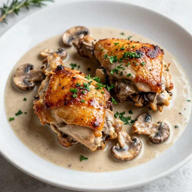 - 4 bone-in, skin-on chicken thighs - 1 tablespoon olive oil - 1 medium onion, chopped - 3 cloves garlic, minced - 8 ounces cremini mushrooms, sliced - 1 cup heavy cream - 1 cup chicken broth - 1 teaspoon dried thyme - 1 teaspoon dried rosemary - Salt and pepper to taste - Fresh parsley, chopped (for garnish) You can swap bone-in thighs for boneless ones. They cook faster. Use any cooking oil instead of olive oil. If you want a lighter dish, use half-and-half instead of heavy cream. For mushrooms, try button or shiitake mushrooms. Both will add great flavor. If you lack fresh herbs, use dried ones, but cut the amount in half for best results. Choose chicken thighs with a pink hue and no odor. The skin should be smooth, not slimy. For onions, look for firm, heavy bulbs without soft spots. Garlic should be firm and dry, not sprouted. When picking mushrooms, choose ones that are firm and dry, with no dark spots. Fresh parsley should be vibrant green, not wilted. These simple tips help ensure you make the best dish possible. {{ingredient_image_1}} 1. Start by patting the chicken thighs dry. This helps the skin get crispy. 2. Season both sides with salt and pepper. Use a good amount for flavor. 3. Chop one medium onion and mince three cloves of garlic. These add great taste. 4. Slice eight ounces of cremini mushrooms. They bring a rich, earthy flavor. 1. Heat one tablespoon of olive oil in a large skillet over medium-high heat. 2. Once hot, add the chicken thighs skin-side down. Sear for about 5-7 minutes. 3. Flip the chicken and cook for another 5 minutes. The skin should be golden brown. 4. Remove the chicken from the skillet and set it aside on a plate. 5. In the same skillet, add the chopped onion. Sauté for 2-3 minutes until it turns translucent. 6. Next, add the minced garlic. Cook for another minute until it smells great. 7. Toss in the sliced mushrooms. Cook for about 5 minutes until they brown and lose moisture. 8. Pour in one cup of chicken broth. Scrape up any brown bits from the skillet. 9. Stir in one cup of heavy cream, one teaspoon of dried thyme, and one teaspoon of dried rosemary. 10. Bring the mixture to a gentle simmer. This will create a creamy sauce. 11. Return the chicken thighs to the skillet, skin-side up. Spoon some sauce over the top. 12. Cover the skillet and reduce the heat to low. Let it simmer for 20-25 minutes. 13. Check that the chicken reaches an internal temperature of 165°F (75°C). 1. Taste the sauce and adjust seasoning if needed. A little extra salt can help. 2. Serve the creamy mushroom chicken thighs over mashed potatoes or rice. 3. Drizzle more sauce on top. This makes the dish look delicious. 4. Garnish with chopped fresh parsley. It adds color and freshness. To ensure chicken thighs cook well, start with dry skin. Pat them with paper towels. Season both sides with salt and pepper. Heat olive oil until hot in your skillet. Place the chicken skin-side down and sear for 5-7 minutes. This makes the skin crispy. Flip and cook for another 5 minutes. The internal temperature should reach 165°F (75°C) for safety. To make the sauce richer, use heavy cream. Sauté onions and garlic until soft and fragrant. Cook the mushrooms until they release moisture, then add chicken broth. This adds depth. For flavor, include dried thyme or rosemary. Let the sauce simmer gently. This allows the flavors to blend well. If you want more taste, adjust the seasoning at the end. Avoid cooking chicken straight from the fridge. Let it sit at room temperature for about 15 minutes. This helps with even cooking. Don’t rush the searing process; give it time to brown. Also, don’t skip the simmering step. It helps the chicken absorb the sauce's flavor. Finally, taste the sauce before serving. Adjusting the seasoning is key for a great dish. Pro Tips Use Fresh Herbs: Fresh thyme and rosemary can elevate the flavor of the dish significantly compared to dried herbs. Perfectly Sear the Chicken: Make sure the pan is hot before adding the chicken to achieve a crispy skin. Deglaze the Pan: Scraping up the brown bits after cooking the onions and garlic adds a rich flavor to the sauce. Let it Rest: Allow the chicken to rest for a few minutes after cooking to keep it juicy and tender. {{image_2}} If you want to switch things up, try other proteins. Boneless chicken thighs work great too. You can also use chicken breasts if you prefer. For a meatless option, mushrooms can shine as the star. Try using portobello mushrooms. They have a meaty texture and add depth to the dish. Mushrooms add flavor and texture to your meal. While cremini mushrooms are a favorite, you can experiment with others. Shiitake mushrooms bring a rich taste that many love. Button mushrooms are mild but can still enhance the dish. Mix different types for a fun twist! Herbs and spices can change the game for this recipe. You can add fresh thyme or rosemary for a stronger taste. A pinch of red pepper flakes can give a nice kick. For a hint of sweetness, try adding some balsamic vinegar. This will brighten the creamy sauce and impress your family. To store leftovers, let the chicken cool first. Place it in an airtight container. Make sure to add the sauce too. Store in the fridge for up to three days. This keeps the chicken moist and tasty. When you're ready to eat, take the chicken out. You can reheat it in a skillet over medium heat. Add a splash of chicken broth to keep it moist. Stir until hot, which takes about 5-10 minutes. You can also use a microwave. Heat on medium for about 2-3 minutes. Cover it to keep the steam in. To freeze the dish, let it cool completely. Transfer the chicken and sauce into a freezer-safe bag. Try to remove as much air as possible. Label the bag with the date. You can freeze it for up to three months. When you’re ready to use it, thaw it in the fridge overnight. Reheat it as mentioned before. Enjoy your creamy mushroom chicken thighs anytime! Yes, you can use boneless chicken thighs. They cook faster and still taste great. Just adjust the cooking time. Sear them for about 4-5 minutes per side. Check their internal temperature to ensure they reach 165°F (75°C). Boneless thighs soak up the creamy sauce well too. You have many options! Here are some great sides: - Mashed potatoes - Cooked rice - Steamed green beans - Roasted asparagus - A fresh garden salad These sides complement the creamy sauce and enhance your meal. You can also drizzle extra sauce over your sides for added flavor. Check the internal temperature of the chicken. It should reach 165°F (75°C) for safe eating. Use a meat thermometer for accuracy. If you don't have one, the juices should run clear when you cut into it. The meat should not be pink inside. Cooking times may vary, so always double-check. In this post, I detailed the key ingredients for a creamy mushroom chicken dish. You learned how to choose fresh items and swap ingredients when needed. I provided clear steps for cooking and serving, along with tips for perfectly cooked chicken. You also explored variations and storage methods for leftovers. Remember, cooking is about creativity and fun. With these tips, you can enjoy a tasty meal and impress your family. Happy cooking!