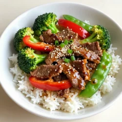 For a tasty Sesame Ginger Beef Stir Fry, gather these key ingredients: - 1 lb flank steak, thinly sliced against the grain - 2 tablespoons sesame oil - 1 tablespoon fresh ginger, grated - 3 cloves garlic, minced - 2 cups broccoli florets - 1 red bell pepper, sliced - 1 cup snap peas - 3 tablespoons soy sauce - 2 tablespoons honey - 1 tablespoon rice vinegar - 1 teaspoon cornstarch mixed with 2 tablespoons water - Sesame seeds for garnish - Green onions, sliced for garnish Each ingredient plays a role in building flavor and texture. The flank steak gives richness, while the ginger and garlic add zest. Sesame oil brings a nutty taste, and the veggies provide crunch and color. Soy sauce and honey balance sweetness and saltiness, while rice vinegar gives a bit of tang. Cornstarch thickens the sauce, making it glossy and delicious. Don't forget the sesame seeds and green onions for that final touch! {{ingredient_image_1}} Marinating the flank steak Start by slicing the flank steak thinly. This helps to make it tender. Place the slices in a bowl. Add one tablespoon of sesame oil, fresh ginger, and minced garlic. Mix this well. Let it marinate for at least 15 minutes. This time adds flavor to the beef. Tips for slicing against the grain Slicing against the grain means cutting across the muscle fibers. Look for the lines on the beef. Cut perpendicular to these lines. This technique makes the beef easier to chew. Timing for marination Marinating for 15 minutes works well. You can marinate longer if needed. Just avoid over-marinating, as it can change the beef's texture. Heating the sesame oil In a large wok or skillet, heat the remaining tablespoon of sesame oil. Use medium-high heat for best results. Wait until the oil shimmers before adding the beef. Searing the beef Add the marinated beef in a single layer. Avoid crowding the pan. Sear for about 1-2 minutes on each side. You want a nice brown color. Once done, remove the beef and set it aside. Best practices for browning meat Ensure the pan is hot. This helps create a good sear. Do not stir the meat too much. Let it sit in the pan to develop flavor. Cooking times for each vegetable Add the broccoli, red bell pepper, and snap peas to the same pan. Stir-fry these for about 3-4 minutes. You want them bright and tender-crisp. Techniques for keeping vegetables crisp Cook over high heat and keep stirring. This helps to cook them fast while keeping their crunch. Incorporating the beef back Once the vegetables are done, return the beef to the pan. Mix everything well to combine. Preparing the sauce In a small bowl, mix soy sauce, honey, rice vinegar, and cornstarch mixed with water. This sauce brings all the flavors together. Combining all ingredients Pour the sauce over the beef and vegetables. Stir constantly until the sauce thickens. This should take about 1-2 minutes. Achieving the right sauce consistency A good sauce should coat the beef and veggies, not be too runny. Adjust by adding more cornstarch if needed. Enjoy your delicious Sesame Ginger Beef Stir Fry! - Balancing sweetness and saltiness: Use honey and soy sauce to create a tasty mix. Start with a small amount of honey. Taste as you go to find the right balance. - Adjusting spice levels: If you want heat, add red pepper flakes or fresh chili. Start with a pinch and increase to your liking. - Adding more vegetables: Feel free to mix in your favorite veggies. Carrots, bell peppers, or snap peas add crunch and color. - Best pan choices for stir-frying: A wok or large skillet works best. They heat evenly and give great results. - Temperature control for optimal results: Keep the heat high when stir-frying. This helps brown the meat and keep the veggies crisp. - Using the right utensils: A spatula or wooden spoon is best for stirring. Avoid using metal utensils to protect your pan’s surface. - Serving suggestions: Serve the stir fry hot over jasmine rice or quinoa. This adds a nice base and soaks up the sauce. - Garnishing tips for visual appeal: Top with sesame seeds and sliced green onions. These add color and a fresh taste. - Pairing with sides like rice or quinoa: Both options are great. They complement the stir fry and make it a complete meal. Pro Tips Marination Matters: Allowing the beef to marinate for at least 15 minutes enhances the flavor and tenderness. For an even deeper flavor, consider marinating it for up to 2 hours in the refrigerator. High Heat for Searing: Make sure your wok or skillet is hot before adding the beef. Searing at high heat locks in moisture and creates a nice crust on the meat. Colorful Vegetables: Use a variety of colorful vegetables for a visually appealing dish. This not only enhances presentation but also maximizes nutritional benefits. Thickening the Sauce: If you prefer a thicker sauce, add a bit more cornstarch mixed with water and stir until you reach the desired consistency. Just be careful not to overdo it! {{image_2}} You can switch out beef for chicken or tofu in this recipe. For chicken, use thin slices of breast or thigh meat. If you prefer tofu, use firm tofu and press it to remove extra water. Adjust cooking times slightly. Chicken needs about 5-6 minutes to cook through. Tofu cooks fast, about 3-4 minutes, just until golden. Feel free to mix and match vegetables based on what you have. Seasonal options include bell peppers, carrots, or zucchini. You can also use frozen vegetables. They are quick and easy. Just add them straight to the pan and cook until they are heated through. Want to spice things up? Add chili flakes for a kick. Fresh herbs like basil or cilantro can also brighten the dish. Don’t hesitate to explore different sauces. Try teriyaki or hoisin sauce for a new twist. Experimenting makes cooking fun! To keep your Sesame Ginger Beef Stir Fry fresh, store it in an airtight container. Place it in the fridge within two hours of cooking. It stays good for up to three days. Reheat it in a pan or microwave until hot. If you want to save some for later, freeze it. Let the stir fry cool completely first. Then, use a freezer-safe container. It can last for about two months in the freezer. When you're ready to eat, thaw it overnight in the fridge. Reheat it in a pan over medium heat until hot. Always handle food safely. Make sure to wash your hands before and after touching food. Check for spoilage signs before eating leftovers. If it smells bad or looks off, do not eat it. Keeping food safe helps you enjoy your meals worry-free. Yes, you can use other cuts of beef. Good alternatives include sirloin or ribeye. These cuts are tender and flavorful, just like flank steak. If you choose a thicker cut, slice it thin for quick cooking. Always cut against the grain for the best texture. To make this dish gluten-free, swap soy sauce for tamari. Tamari is a gluten-free soy sauce that tastes great. You can also use coconut aminos as a good substitute. Both options work well and keep the flavors strong. This stir fry pairs well with jasmine rice or quinoa. You can also serve it with steamed rice noodles for a twist. For added crunch, try serving it with a side salad. It balances the meal with fresh flavors. To add heat, include sliced fresh chili peppers. You can also use chili flakes or sriracha for a spicy kick. If you like it really hot, add some chili oil while cooking. This enhances the dish and makes it exciting! In this post, we explored how to make a delicious Sesame Ginger Beef Stir Fry. We covered key ingredients, from flank steak to fresh veggies. I shared step-by-step instructions for preparation and cooking. We looked at tips to enhance flavors and presented variations for flexibility. Finally, I provided storage advice to keep leftovers fresh. This dish is not only quick to make but also easy to customize. Dive in and enjoy creating this tasty meal!