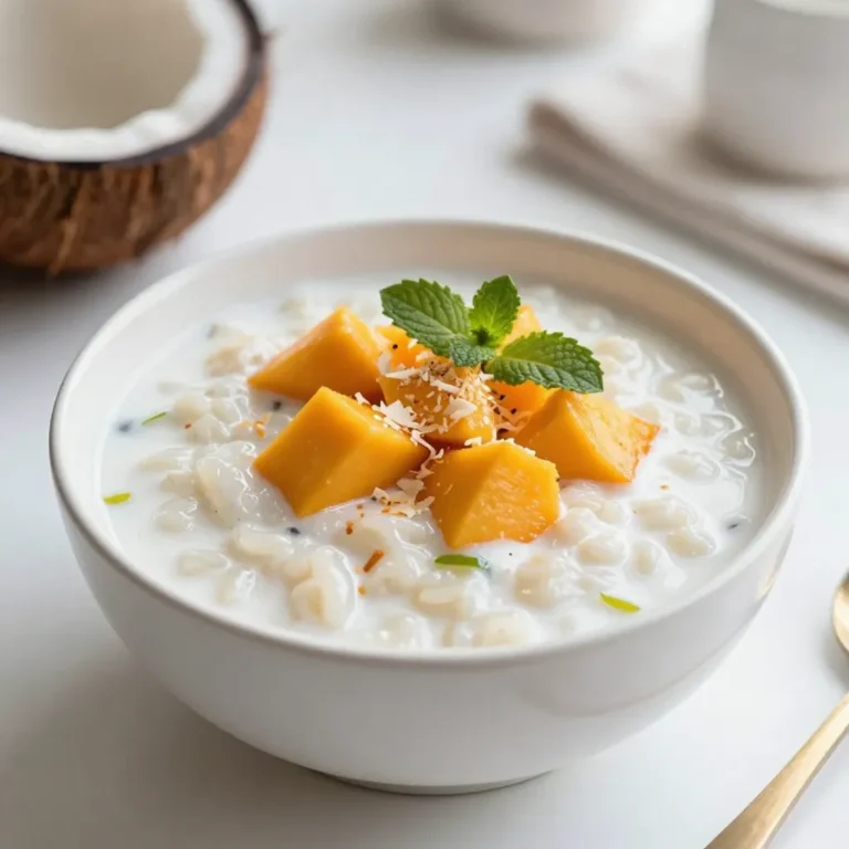 For a delightful Coconut Mango Rice Pudding, you will need these key ingredients: - 1 cup jasmine rice - 2 cups coconut milk - 1 cup water - 1/2 cup sugar (or to taste) - 1/4 teaspoon salt - 1 ripe mango, diced - 1 teaspoon vanilla extract - Zest of 1 lime - Toasted coconut flakes for garnish - Fresh mint leaves for garnish Each ingredient plays a vital role in the dish. Jasmine rice gives a lovely texture and aroma. Coconut milk brings a rich, creamy flavor that pairs perfectly with mango. The sugar and salt balance the sweetness, while the vanilla adds warmth. Lime zest brightens the dish, and toasted coconut flakes give a crunchy touch. Fresh mint leaves finish it all with a pop of color and fresh taste. When you gather these ingredients, you set the stage for a meal that feels both special and comforting. Each bite will remind you of sunny days and tropical beaches. So, take a moment to enjoy the process of choosing these fresh flavors. {{ingredient_image_1}} First, rinse the jasmine rice under cold water. This helps remove extra starch. Keep rinsing until the water runs clear. Once done, drain the rice well. Next, grab a medium pot. In the pot, combine the rinsed rice, coconut milk, water, sugar, and salt. Stir the mix well to blend all the flavors. Now it's time to cook! Bring the mixture to a gentle boil over medium heat. Watch closely as it heats up. Once it starts boiling, reduce the heat to low. Cover the pot and let it simmer. This should take about 15-20 minutes. You want the rice to be tender, and the liquid to absorb. After cooking, remove the pot from heat. Stir in the vanilla extract and lime zest. This adds a fresh flavor to the pudding. Let it sit for about 10 minutes. This helps it thicken nicely. Gently fold in the diced mango, saving some for garnish if you like. Serve the rice pudding warm or chilled in bowls. For a lovely finish, top with toasted coconut flakes and fresh mint leaves. Enjoy this creamy delight! To make a great rice pudding, avoid mushy rice. Rinse the jasmine rice well. This helps remove excess starch. Starch can make the rice sticky. Rinse until the water runs clear. This simple step can change your pudding! Adding flavor enhances the dish. Use vanilla extract for warmth. Lime zest gives a fresh twist. You can also mix in spices like cinnamon. These additions make your pudding stand out. You can serve this pudding warm or chilled. Warm pudding feels cozy and comforting. Chilled pudding is refreshing, especially on hot days. Try both to see which you like best! Garnishing adds a fun touch. Use toasted coconut flakes for crunch. Fresh mint leaves bring color and a bright flavor. You can even add extra diced mango on top. This makes each bowl look beautiful and inviting. Pro Tips Rinse the Rice: Rinsing the jasmine rice not only removes excess starch but also helps to achieve a less sticky texture for the pudding. Adjust Sweetness: Feel free to adjust the sugar according to your taste preferences. Start with less and add more if desired. Chill for Best Flavor: Allow the rice pudding to chill in the refrigerator for a couple of hours before serving. This enhances the flavors and makes it refreshing. Garnish Creatively: Experiment with different garnishes like toasted nuts, fresh berries, or a drizzle of honey to elevate the presentation and flavor. {{image_2}} You can change up the flavor of coconut mango rice pudding by adding other fruits. Pineapple, papaya, or kiwi can bring a fresh twist. You can even mix in berries for a splash of color and taste. Using frozen mango is also a great idea. It cooks down nicely and adds creaminess. Just thaw the mango before you add it to the pudding. It makes the dish easy to prepare all year round. If you want to cut down on sugar, try sugar substitutes like honey or maple syrup. You can also use stevia for a low-calorie option. Adjust the amount to fit your taste. For dairy-free choices, stick with coconut milk. It's rich and creamy, just like regular milk. You can also use almond or oat milk for a different flavor. These options keep the dish light and fun. To keep your coconut mango rice pudding fresh, store it in the fridge. Use an airtight container. It will last for about three to four days. Make sure the pudding cools to room temp before sealing. This helps keep the texture nice. If you want to save it for later, you can freeze it. Divide the pudding into smaller portions. Put each portion in a freezer-safe container. It will last for about one month in the freezer. When you’re ready to enjoy it, just thaw it in the fridge overnight. To reheat your coconut mango rice pudding, you have a few options. The best method is to use the stove. Place the pudding in a small pot. Add a splash of coconut milk or water. Heat it over low heat, stirring often. This keeps the pudding creamy. You can also use the microwave. Place the pudding in a microwave-safe bowl. Add a little coconut milk or water. Heat it in short bursts, about 30 seconds at a time. Stir between heats to get an even temperature. Enjoy your creamy treat warm! What is the best type of rice for rice pudding? The best rice for rice pudding is jasmine rice. It cooks up soft and sticky. This type of rice gives a creamy texture. You can also use arborio rice if you want it even creamier. Can I use regular milk instead of coconut milk? Yes, you can use regular milk. However, using coconut milk makes it richer. Coconut milk adds a nice tropical flavor. If you want a dairy-free option, stick with coconut milk. How long does coconut mango rice pudding last in the fridge? Coconut mango rice pudding lasts about 3 to 5 days in the fridge. Store it in an airtight container. This helps keep it fresh and tasty. Can I make this recipe ahead of time? Absolutely! You can make this pudding a day in advance. Just store it in the fridge. It tastes great chilled or warmed up. Plus, the flavors deepen when it sits. We explored how to make coconut mango rice pudding, starting with key ingredients like jasmine rice and ripe mango. I shared tips for cooking the rice perfectly and adding great flavors. You learned how to serve and enjoy this treat, plus some variations and storage ideas. This dish is a fun way to enjoy tropical flavors at home. Try it out and get creative!