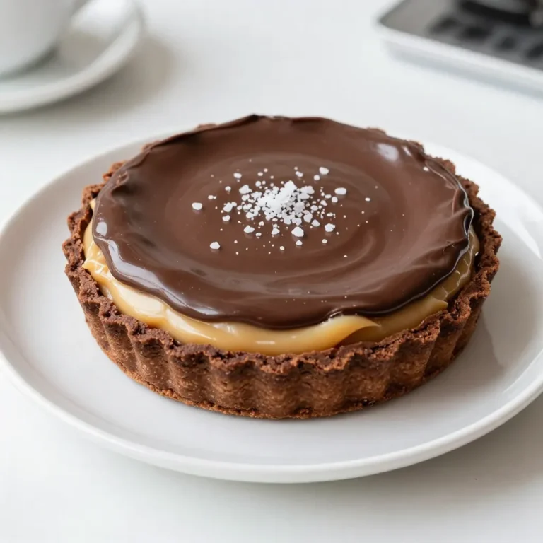 - 1 ½ cups all-purpose flour - ½ cup unsweetened cocoa powder - ½ cup powdered sugar - ½ cup unsalted butter, softened - 1 large egg yolk - 1 tablespoon cold water To create the perfect crust, you'll need a few basic ingredients. Start with all-purpose flour and unsweetened cocoa powder for that rich chocolate flavor. The powdered sugar adds sweetness and helps with texture. Soften the unsalted butter for easy mixing. Then, you’ll need an egg yolk to bind everything together. A tablespoon of cold water helps form the dough. - 1 cup granulated sugar - 6 tablespoons unsalted butter, cubed - ½ cup heavy cream - 1 teaspoon sea salt Next, let’s make the salted caramel filling. You’ll need granulated sugar, which you will melt down to create that deep amber color. The cubed unsalted butter adds creaminess. Heavy cream brings everything together, making it smooth. Don’t forget the sea salt, which gives that perfect sweet-salty balance. - 1 cup semi-sweet chocolate chips - ½ cup heavy cream For the chocolate ganache, grab semi-sweet chocolate chips. They melt beautifully and taste rich. Combine them with heavy cream, which helps create a silky texture. This ganache tops the tart and adds a layer of indulgence. Gather these ingredients, and you’re one step closer to a delightful experience! {{ingredient_image_1}} To make the crust, start by gathering your ingredients. You will need all-purpose flour, cocoa powder, powdered sugar, softened butter, an egg yolk, and cold water. In a mixing bowl, combine 1 ½ cups of flour, ½ cup of cocoa powder, and ½ cup of powdered sugar. Add ½ cup of softened butter and mix until it looks crumbly. Next, add one egg yolk and 1 tablespoon of cold water. Mix until the dough forms a ball. Press the dough evenly into a 9-inch tart pan. Make sure to cover the bottom and sides well. Use a fork to prick the bottom. This helps the crust bake evenly. Place the crust in the refrigerator for 30 minutes. Preheat your oven to 350°F (175°C). Bake the crust for 15 minutes. After baking, let it cool completely. Now it's time for the salted caramel. Gather these items: granulated sugar, cubed unsalted butter, heavy cream, and sea salt. In a medium saucepan, add 1 cup of granulated sugar over medium heat. Stir constantly until the sugar melts and turns a deep amber color. This part is crucial, so keep an eye on it. Slowly whisk in 6 tablespoons of cubed unsalted butter until it melts. Then, gradually add ½ cup of heavy cream while stirring. Be careful as it may splatter. Once mixed, stir in 1 teaspoon of sea salt. Remove from heat and let it cool slightly. Pour the warm caramel into the cooled crust, spreading it evenly. Place it back in the refrigerator for at least 1 hour to set. For the chocolate ganache, you will need semi-sweet chocolate chips and heavy cream. In a small saucepan, heat ½ cup of heavy cream over medium heat until it starts to simmer. Remove it from heat and add 1 cup of chocolate chips. Stir until the mixture is smooth and glossy. This will give your tart a rich flavor. Pour the ganache over the salted caramel layer. Spread it evenly with a spatula, ensuring every bit is covered. After assembling the tart, return it to the refrigerator. Chill it for at least 2 hours or until set completely. This step is very important for the best texture. When you’re ready to serve, slice the tart into pieces. You can add a sprinkle of extra sea salt on top for that perfect finishing touch. Enjoy your delicious creation! To get a great crust, you need to mix the dry ingredients well. Blend the flour, cocoa powder, and powdered sugar. Use softened butter and mix until it looks crumbly. Don’t forget the egg yolk and cold water. This makes the dough stick together. Press the dough into the tart pan firmly. It should be even and smooth. Pricking the bottom helps it bake well. Chill the crust before baking for a better texture. To avoid crystals in your caramel, use a clean pan. Melt the sugar slowly over medium heat. Stir it gently and watch for a deep amber color. When you add butter, do it slowly to keep the mixture smooth. Adding cream can cause splatter, so be careful. Stir well after adding salt; this keeps the texture smooth. Let the caramel cool a bit before pouring it into the crust. For a smooth ganache, heat the cream until it simmers, but don’t boil it. Remove it from heat before adding the chocolate chips. Stir gently until it’s shiny and smooth. If it’s too thick, add a little more warm cream. Working quickly, pour the ganache over the cooled caramel. Spread it evenly for a nice finish. Chilling the tart after will help everything set nicely. Pro Tips Chill the Dough: For a flakier crust, make sure to refrigerate the dough for at least 30 minutes before baking. This helps the butter firm up and prevents the crust from shrinking. Monitor Caramel Color: When making the salted caramel, watch closely as the sugar melts. It can go from perfect to burnt quickly, so stir constantly and remove from heat as soon as it reaches a deep amber color. Use Quality Chocolate: The flavor of the ganache relies heavily on the chocolate used. Opt for high-quality semi-sweet chocolate chips for the best results. Let It Set: After assembling the tart, allow it to chill in the refrigerator for at least 2 hours. This ensures the layers firm up properly, making it easier to slice and serve. {{image_2}} You can enhance your tart with nuts. Try adding crushed pecans or walnuts. These nuts add a nice crunch. You can mix them into the crust for extra texture. If you prefer a topping, sprinkle nuts on the ganache. This variation gives a rich, nutty flavor that pairs well with chocolate. You can switch up the chocolate in the ganache. Dark chocolate brings a bold flavor. It balances well with the sweet caramel. If you love milk chocolate, use that for a creamier taste. White chocolate can also work, giving a sweet touch. Each choice changes the tart's flavor profile, making it exciting. Toppings can elevate your dessert further. Sea salt enhances the sweet and salty combo. Fresh berries add a pop of color and flavor. You can also use whipped cream for a light touch. Drizzle with caramel sauce for extra sweetness. These choices allow you to customize your tart based on what you like. To store leftover tart, cover it with plastic wrap or foil. Place it in the fridge. The tart stays fresh for up to three days. Make sure to keep it sealed. This helps prevent it from drying out. If you want, you can place it in an airtight container. This is a great option for longer storage. If you have extra tart, you can freeze it! First, slice it into pieces. Wrap each slice in plastic wrap tightly. Then, place the wrapped slices in a freezer bag. Make sure to remove as much air as possible. The tart can stay in the freezer for up to two months. When you are ready to eat, let it thaw in the fridge overnight. For the best taste, serve the tart cold. Remove it from the fridge about 10 minutes before serving. This helps soften the flavors. You can also sprinkle extra sea salt on top for added flair. If you froze the tart, let it thaw completely before serving. This ensures a smooth, creamy texture. Enjoy each bite of chocolate salted caramel tart! Yes, you can make the tart a day before serving. This gives the flavors time to develop. Just store it in the fridge. Cover it with plastic wrap to keep it fresh. You can use coconut cream for a dairy-free option. Regular milk works too but won’t be as rich. If you choose milk, add a bit of butter to increase the fat content. The caramel is ready when it turns a deep amber color. Stir the sugar constantly to avoid burning. A candy thermometer can help, aiming for 350°F (175°C). This recipe is not gluten-free due to the all-purpose flour. To make it gluten-free, use a gluten-free flour blend. This will keep the crust light and tasty. This blog post covered all you need for a tasty tart. We talked about ingredients like the perfect crust, salted caramel, and smooth chocolate ganache. I shared tips to avoid common mistakes and showed fun variations you can try. Don’t forget the best ways to store any leftovers. With these steps, you can impress your friends and family with this dessert. Enjoy making and sharing your new favorite tart!