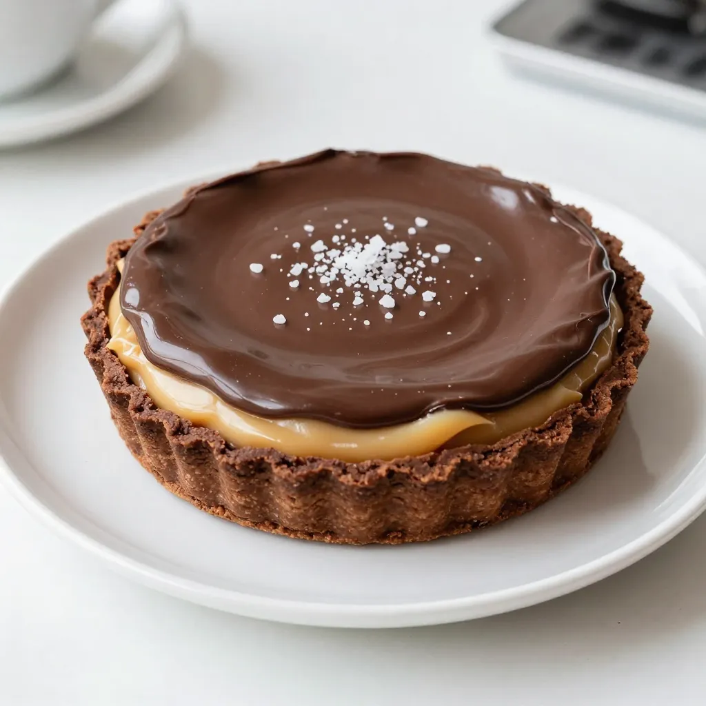 - 1 ½ cups all-purpose flour - ½ cup unsweetened cocoa powder - ½ cup powdered sugar - ½ cup unsalted butter, softened - 1 large egg yolk - 1 tablespoon cold water To create the perfect crust, you'll need a few basic ingredients. Start with all-purpose flour and unsweetened cocoa powder for that rich chocolate flavor. The powdered sugar adds sweetness and helps with texture. Soften the unsalted butter for easy mixing. Then, you’ll need an egg yolk to bind everything together. A tablespoon of cold water helps form the dough. - 1 cup granulated sugar - 6 tablespoons unsalted butter, cubed - ½ cup heavy cream - 1 teaspoon sea salt Next, let’s make the salted caramel filling. You’ll need granulated sugar, which you will melt down to create that deep amber color. The cubed unsalted butter adds creaminess. Heavy cream brings everything together, making it smooth. Don’t forget the sea salt, which gives that perfect sweet-salty balance. - 1 cup semi-sweet chocolate chips - ½ cup heavy cream For the chocolate ganache, grab semi-sweet chocolate chips. They melt beautifully and taste rich. Combine them with heavy cream, which helps create a silky texture. This ganache tops the tart and adds a layer of indulgence. Gather these ingredients, and you’re one step closer to a delightful experience! {{ingredient_image_1}} To make the crust, start by gathering your ingredients. You will need all-purpose flour, cocoa powder, powdered sugar, softened butter, an egg yolk, and cold water. In a mixing bowl, combine 1 ½ cups of flour, ½ cup of cocoa powder, and ½ cup of powdered sugar. Add ½ cup of softened butter and mix until it looks crumbly. Next, add one egg yolk and 1 tablespoon of cold water. Mix until the dough forms a ball. Press the dough evenly into a 9-inch tart pan. Make sure to cover the bottom and sides well. Use a fork to prick the bottom. This helps the crust bake evenly. Place the crust in the refrigerator for 30 minutes. Preheat your oven to 350°F (175°C). Bake the crust for 15 minutes. After baking, let it cool completely. Now it's time for the salted caramel. Gather these items: granulated sugar, cubed unsalted butter, heavy cream, and sea salt. In a medium saucepan, add 1 cup of granulated sugar over medium heat. Stir constantly until the sugar melts and turns a deep amber color. This part is crucial, so keep an eye on it. Slowly whisk in 6 tablespoons of cubed unsalted butter until it melts. Then, gradually add ½ cup of heavy cream while stirring. Be careful as it may splatter. Once mixed, stir in 1 teaspoon of sea salt. Remove from heat and let it cool slightly. Pour the warm caramel into the cooled crust, spreading it evenly. Place it back in the refrigerator for at least 1 hour to set. For the chocolate ganache, you will need semi-sweet chocolate chips and heavy cream. In a small saucepan, heat ½ cup of heavy cream over medium heat until it starts to simmer. Remove it from heat and add 1 cup of chocolate chips. Stir until the mixture is smooth and glossy. This will give your tart a rich flavor. Pour the ganache over the salted caramel layer. Spread it evenly with a spatula, ensuring every bit is covered. After assembling the tart, return it to the refrigerator. Chill it for at least 2 hours or until set completely. This step is very important for the best texture. When you’re ready to serve, slice the tart into pieces. You can add a sprinkle of extra sea salt on top for that perfect finishing touch. Enjoy your delicious creation! To get a great crust, you need to mix the dry ingredients well. Blend the flour, cocoa powder, and powdered sugar. Use softened butter and mix until it looks crumbly. Don’t forget the egg yolk and cold water. This makes the dough stick together. Press the dough into the tart pan firmly. It should be even and smooth. Pricking the bottom helps it bake well. Chill the crust before baking for a better texture. To avoid crystals in your caramel, use a clean pan. Melt the sugar slowly over medium heat. Stir it gently and watch for a deep amber color. When you add butter, do it slowly to keep the mixture smooth. Adding cream can cause splatter, so be careful. Stir well after adding salt; this keeps the texture smooth. Let the caramel cool a bit before pouring it into the crust. For a smooth ganache, heat the cream until it simmers, but don’t boil it. Remove it from heat before adding the chocolate chips. Stir gently until it’s shiny and smooth. If it’s too thick, add a little more warm cream. Working quickly, pour the ganache over the cooled caramel. Spread it evenly for a nice finish. Chilling the tart after will help everything set nicely. Pro Tips Chill the Dough: For a flakier crust, make sure to refrigerate the dough for at least 30 minutes before baking. This helps the butter firm up and prevents the crust from shrinking. Monitor Caramel Color: When making the salted caramel, watch closely as the sugar melts. It can go from perfect to burnt quickly, so stir constantly and remove from heat as soon as it reaches a deep amber color. Use Quality Chocolate: The flavor of the ganache relies heavily on the chocolate used. Opt for high-quality semi-sweet chocolate chips for the best results. Let It Set: After assembling the tart, allow it to chill in the refrigerator for at least 2 hours. This ensures the layers firm up properly, making it easier to slice and serve. {{image_2}} You can enhance your tart with nuts. Try adding crushed pecans or walnuts. These nuts add a nice crunch. You can mix them into the crust for extra texture. If you prefer a topping, sprinkle nuts on the ganache. This variation gives a rich, nutty flavor that pairs well with chocolate. You can switch up the chocolate in the ganache. Dark chocolate brings a bold flavor. It balances well with the sweet caramel. If you love milk chocolate, use that for a creamier taste. White chocolate can also work, giving a sweet touch. Each choice changes the tart's flavor profile, making it exciting. Toppings can elevate your dessert further. Sea salt enhances the sweet and salty combo. Fresh berries add a pop of color and flavor. You can also use whipped cream for a light touch. Drizzle with caramel sauce for extra sweetness. These choices allow you to customize your tart based on what you like. To store leftover tart, cover it with plastic wrap or foil. Place it in the fridge. The tart stays fresh for up to three days. Make sure to keep it sealed. This helps prevent it from drying out. If you want, you can place it in an airtight container. This is a great option for longer storage. If you have extra tart, you can freeze it! First, slice it into pieces. Wrap each slice in plastic wrap tightly. Then, place the wrapped slices in a freezer bag. Make sure to remove as much air as possible. The tart can stay in the freezer for up to two months. When you are ready to eat, let it thaw in the fridge overnight. For the best taste, serve the tart cold. Remove it from the fridge about 10 minutes before serving. This helps soften the flavors. You can also sprinkle extra sea salt on top for added flair. If you froze the tart, let it thaw completely before serving. This ensures a smooth, creamy texture. Enjoy each bite of chocolate salted caramel tart! Yes, you can make the tart a day before serving. This gives the flavors time to develop. Just store it in the fridge. Cover it with plastic wrap to keep it fresh. You can use coconut cream for a dairy-free option. Regular milk works too but won’t be as rich. If you choose milk, add a bit of butter to increase the fat content. The caramel is ready when it turns a deep amber color. Stir the sugar constantly to avoid burning. A candy thermometer can help, aiming for 350°F (175°C). This recipe is not gluten-free due to the all-purpose flour. To make it gluten-free, use a gluten-free flour blend. This will keep the crust light and tasty. This blog post covered all you need for a tasty tart. We talked about ingredients like the perfect crust, salted caramel, and smooth chocolate ganache. I shared tips to avoid common mistakes and showed fun variations you can try. Don’t forget the best ways to store any leftovers. With these steps, you can impress your friends and family with this dessert. Enjoy making and sharing your new favorite tart!