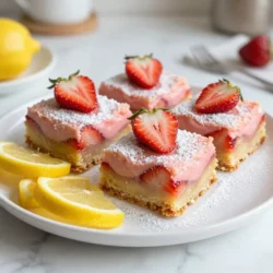 To make delicious Strawberry Lemonade Bars, you’ll need a few simple ingredients. Here’s what you’ll gather: - 1 cup flour - 1/2 cup powdered sugar - 1/2 cup unsalted butter, softened - 1 teaspoon vanilla extract - 2 large eggs - 1 cup fresh strawberries, pureed - 1/2 cup freshly squeezed lemon juice - 1 teaspoon lemon zest - 1/2 cup granulated sugar - 1/4 teaspoon baking powder - Pinch of salt - Garnish: fresh strawberries and lemon slices Each ingredient plays a key role. The flour gives the bars structure. Butter makes them rich and tender. The strawberries and lemon juice bring bright flavors, while the powdered sugar adds sweetness. I love using fresh strawberries for the best taste. The zest enhances the lemon flavor, making every bite refreshing. This mix of flavors creates a perfect balance of sweet and tart. Enjoy gathering these items before you start baking! {{ingredient_image_1}} 1. Preheat your oven to 350°F (175°C). 2. Grease an 8x8 inch baking pan. Line it with parchment paper, leaving some overhang. 3. In a bowl, combine 1 cup flour and 1/2 cup powdered sugar. 4. Add 1/2 cup softened unsalted butter and 1 teaspoon vanilla extract. 5. Mix until crumbly. 6. Press the crust mixture firmly into the bottom of the pan. 7. Bake for 15 minutes or until lightly golden. 8. Remove from the oven and let it cool slightly. 1. In another bowl, whisk 2 large eggs until frothy. 2. Add 1 cup pureed fresh strawberries and 1/2 cup freshly squeezed lemon juice. 3. Mix in 1 teaspoon lemon zest, 1/2 cup granulated sugar, 1/4 teaspoon baking powder, and a pinch of salt. 4. Mix until well combined. 1. Pour the strawberry-lemon batter over the cooled crust. 2. Spread it out evenly. 3. Return the pan to the oven. Bake for 20-25 minutes, until the top is set and golden around the edges. 4. Remove from the oven and let it cool completely in the pan. 5. Use the parchment paper to lift out the bars and cut them into squares. To make the best strawberry lemonade bars, focus on three key areas: the crust, the filling, and cooling. - Ensuring the crust is golden and firm: Start by pressing the crust mixture firmly into the pan. Bake until it is lightly golden, about 15 minutes. A well-baked crust holds everything together. - Achieving a smooth filling consistency: Blend the strawberries and other filling ingredients well. Whisk the eggs until frothy. This helps the filling rise and set nicely. - Cooling tips for easy cutting: Let the bars cool completely in the pan. This step makes cutting easier and keeps the filling from falling apart. Presentation is key for any dessert. Here are some tips to make your bars shine: - Garnishing tips with fresh strawberries and lemon: Add fresh strawberry slices on top of each bar. A sprinkle of lemon zest adds color and a touch of flavor. - Serving suggestions for gatherings or parties: Arrange the bars on a colorful platter. Pair them with lemon wedges. This creates a bright and inviting look that guests will love. Pro Tips Use Fresh Ingredients: Always opt for fresh strawberries and freshly squeezed lemon juice to achieve the best flavor in your bars. Let It Cool Completely: Be patient and allow the bars to cool completely in the pan before cutting to ensure clean squares. Adjust Sweetness: Taste the batter before baking; you can adjust the sugar according to your preference for sweetness. Garnish for Presentation: For a stunning finish, dust with powdered sugar and add fresh strawberry slices and lemon wedges before serving. {{image_2}} To make vegan strawberry lemonade bars, swap out the eggs. You can use ground flaxseed or chia seeds. For each egg, mix 1 tablespoon of ground flaxseed with 2.5 tablespoons of water. Let it sit for about 5 minutes until it thickens. This works as a great binding agent. For a vegan crust, replace unsalted butter with coconut oil or a vegan butter spread. These alternatives keep the crust rich and tasty. If you want gluten-free strawberry lemonade bars, use a good gluten-free flour blend. Look for one that includes xanthan gum. This helps improve texture and keeps the bars from crumbling. To maintain the right texture, check the consistency of your batter. If it seems too thick, add a bit more lemon juice. This keeps the bars moist and flavorful. To keep your strawberry lemonade bars fresh, wrap them tightly. Use plastic wrap or foil for the best seal. You can also place them in an airtight container. Make sure to store them in the fridge. This keeps them cool and tasty. The ideal temperature for storage is below 40°F (4°C). These bars will stay fresh for up to five days. If you want to save some for later, freezing is a great option. First, let the bars cool completely. Then, cut them into squares. Wrap each square in plastic wrap. After that, place them in a freezer-safe bag. This will help prevent freezer burn. When you are ready to enjoy them, take out as many as you need. Let them thaw in the fridge overnight. For a quicker option, you can thaw them at room temperature for about an hour. Enjoy your sweet treat anytime! Strawberry lemonade bars last about 3 to 5 days in the fridge. Keep them in an airtight container. This helps keep them fresh and tasty. If you want to enjoy them longer, consider freezing them. Yes, you can use frozen strawberries. Just make sure to thaw and puree them first. Drain any extra liquid to keep the bars from being too watery. Fresh strawberries give a bright taste, but frozen can work well too. If you need a substitute for powdered sugar, you can use granulated sugar. Blend it in a food processor until it’s fine. You can also use coconut sugar or a sugar alternative, but this may change the taste and texture a bit. Absolutely! You can make these bars a day or two ahead. Just store them in the fridge until you are ready to serve. This way, they are ready for parties or family gatherings without any last-minute fuss. To add more tartness, increase the lemon juice and lemon zest. You can also add a bit of lemon extract for an extra punch. Taste your filling before baking to adjust the tartness to your liking! You learned how to make delicious Strawberry Lemonade Bars. We covered all the steps, from ingredients to baking. With our tips, you can create a perfect batch every time. You can even try vegan or gluten-free options if needed. Now, enjoy these bars at your next event or just for yourself. They are fresh, tasty, and easy to make. I hope you try this recipe soon!