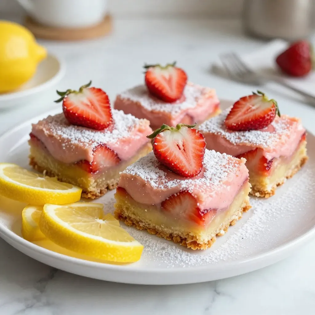 To make delicious Strawberry Lemonade Bars, you’ll need a few simple ingredients. Here’s what you’ll gather: - 1 cup flour - 1/2 cup powdered sugar - 1/2 cup unsalted butter, softened - 1 teaspoon vanilla extract - 2 large eggs - 1 cup fresh strawberries, pureed - 1/2 cup freshly squeezed lemon juice - 1 teaspoon lemon zest - 1/2 cup granulated sugar - 1/4 teaspoon baking powder - Pinch of salt - Garnish: fresh strawberries and lemon slices Each ingredient plays a key role. The flour gives the bars structure. Butter makes them rich and tender. The strawberries and lemon juice bring bright flavors, while the powdered sugar adds sweetness. I love using fresh strawberries for the best taste. The zest enhances the lemon flavor, making every bite refreshing. This mix of flavors creates a perfect balance of sweet and tart. Enjoy gathering these items before you start baking! {{ingredient_image_1}} 1. Preheat your oven to 350°F (175°C). 2. Grease an 8x8 inch baking pan. Line it with parchment paper, leaving some overhang. 3. In a bowl, combine 1 cup flour and 1/2 cup powdered sugar. 4. Add 1/2 cup softened unsalted butter and 1 teaspoon vanilla extract. 5. Mix until crumbly. 6. Press the crust mixture firmly into the bottom of the pan. 7. Bake for 15 minutes or until lightly golden. 8. Remove from the oven and let it cool slightly. 1. In another bowl, whisk 2 large eggs until frothy. 2. Add 1 cup pureed fresh strawberries and 1/2 cup freshly squeezed lemon juice. 3. Mix in 1 teaspoon lemon zest, 1/2 cup granulated sugar, 1/4 teaspoon baking powder, and a pinch of salt. 4. Mix until well combined. 1. Pour the strawberry-lemon batter over the cooled crust. 2. Spread it out evenly. 3. Return the pan to the oven. Bake for 20-25 minutes, until the top is set and golden around the edges. 4. Remove from the oven and let it cool completely in the pan. 5. Use the parchment paper to lift out the bars and cut them into squares. To make the best strawberry lemonade bars, focus on three key areas: the crust, the filling, and cooling. - Ensuring the crust is golden and firm: Start by pressing the crust mixture firmly into the pan. Bake until it is lightly golden, about 15 minutes. A well-baked crust holds everything together. - Achieving a smooth filling consistency: Blend the strawberries and other filling ingredients well. Whisk the eggs until frothy. This helps the filling rise and set nicely. - Cooling tips for easy cutting: Let the bars cool completely in the pan. This step makes cutting easier and keeps the filling from falling apart. Presentation is key for any dessert. Here are some tips to make your bars shine: - Garnishing tips with fresh strawberries and lemon: Add fresh strawberry slices on top of each bar. A sprinkle of lemon zest adds color and a touch of flavor. - Serving suggestions for gatherings or parties: Arrange the bars on a colorful platter. Pair them with lemon wedges. This creates a bright and inviting look that guests will love. Pro Tips Use Fresh Ingredients: Always opt for fresh strawberries and freshly squeezed lemon juice to achieve the best flavor in your bars. Let It Cool Completely: Be patient and allow the bars to cool completely in the pan before cutting to ensure clean squares. Adjust Sweetness: Taste the batter before baking; you can adjust the sugar according to your preference for sweetness. Garnish for Presentation: For a stunning finish, dust with powdered sugar and add fresh strawberry slices and lemon wedges before serving. {{image_2}} To make vegan strawberry lemonade bars, swap out the eggs. You can use ground flaxseed or chia seeds. For each egg, mix 1 tablespoon of ground flaxseed with 2.5 tablespoons of water. Let it sit for about 5 minutes until it thickens. This works as a great binding agent. For a vegan crust, replace unsalted butter with coconut oil or a vegan butter spread. These alternatives keep the crust rich and tasty. If you want gluten-free strawberry lemonade bars, use a good gluten-free flour blend. Look for one that includes xanthan gum. This helps improve texture and keeps the bars from crumbling. To maintain the right texture, check the consistency of your batter. If it seems too thick, add a bit more lemon juice. This keeps the bars moist and flavorful. To keep your strawberry lemonade bars fresh, wrap them tightly. Use plastic wrap or foil for the best seal. You can also place them in an airtight container. Make sure to store them in the fridge. This keeps them cool and tasty. The ideal temperature for storage is below 40°F (4°C). These bars will stay fresh for up to five days. If you want to save some for later, freezing is a great option. First, let the bars cool completely. Then, cut them into squares. Wrap each square in plastic wrap. After that, place them in a freezer-safe bag. This will help prevent freezer burn. When you are ready to enjoy them, take out as many as you need. Let them thaw in the fridge overnight. For a quicker option, you can thaw them at room temperature for about an hour. Enjoy your sweet treat anytime! Strawberry lemonade bars last about 3 to 5 days in the fridge. Keep them in an airtight container. This helps keep them fresh and tasty. If you want to enjoy them longer, consider freezing them. Yes, you can use frozen strawberries. Just make sure to thaw and puree them first. Drain any extra liquid to keep the bars from being too watery. Fresh strawberries give a bright taste, but frozen can work well too. If you need a substitute for powdered sugar, you can use granulated sugar. Blend it in a food processor until it’s fine. You can also use coconut sugar or a sugar alternative, but this may change the taste and texture a bit. Absolutely! You can make these bars a day or two ahead. Just store them in the fridge until you are ready to serve. This way, they are ready for parties or family gatherings without any last-minute fuss. To add more tartness, increase the lemon juice and lemon zest. You can also add a bit of lemon extract for an extra punch. Taste your filling before baking to adjust the tartness to your liking! You learned how to make delicious Strawberry Lemonade Bars. We covered all the steps, from ingredients to baking. With our tips, you can create a perfect batch every time. You can even try vegan or gluten-free options if needed. Now, enjoy these bars at your next event or just for yourself. They are fresh, tasty, and easy to make. I hope you try this recipe soon!