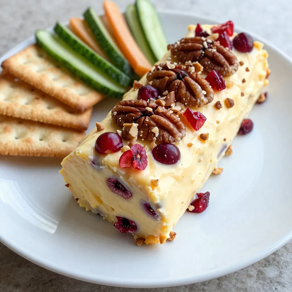 - 8 oz cream cheese, softened - 1 cup shredded cheddar cheese - 1/2 cup dried cranberries, chopped - 1 cup pecans, finely chopped The main ingredients create a rich and creamy base. Cream cheese gives a smooth texture. Shredded cheddar adds flavor and a bit of sharpness. Dried cranberries bring a sweet and tart taste. Chopped pecans add a crunchy bite. - 1 tablespoon fresh chives, chopped - 1 teaspoon garlic powder - 1/2 teaspoon onion powder - 1/2 teaspoon salt The seasonings make the cheese log pop! Fresh chives add a mild onion flavor. Garlic powder gives a savory touch. Onion powder adds depth, while salt enhances all the flavors. - Optional: Crackers or sliced vegetables for serving When serving, pair the cheese log with crackers or fresh veggies. Crackers add crunch and texture. Veggies bring freshness and color to your plate. This mix makes the cheese log a hit at any party! {{ingredient_image_1}} Start by mixing the cream cheese and cheddar cheese in a bowl. Use a fork or a mixer to blend them until smooth and creamy. This step is crucial for a great texture. Next, add in the fresh chives, garlic powder, onion powder, and salt. Stir these ingredients in until they mix well. The seasonings will give your cheese log a nice flavor. Now, fold in the chopped dried cranberries. Make sure they are evenly mixed into the cheese blend. This adds a sweet touch and a pop of color. Lay a large sheet of plastic wrap on a flat surface. Spoon the cheese mixture into the center of the wrap. Here comes the fun part! Use the wrap to shape the mixture into a log. Roll it tightly, making sure it holds its shape. Twist the ends of the plastic wrap to secure the log. Place it in the fridge for at least two hours. This chilling time helps the cheese log become firm and easy to slice. Once the cheese log is firm, take it out of the fridge. Unwrap it carefully from the plastic. Now, place the finely chopped pecans on a plate. Roll the cheese log in the pecans, pressing gently. This helps the nuts stick well. Finally, slice the cheese log into rounds for serving. You can also serve it whole with a knife for guests to slice as they like. Using softened cream cheese is key. It blends easily with other ingredients. Keep it at room temperature for about 30 minutes before mixing. This helps achieve that creamy profile. When mixing, don’t rush. Use a spatula or mixer for even blending. You want a smooth texture without lumps. Fold in the cranberries gently. This keeps them intact and evenly spread. Visual appeal matters. Garnish with fresh chives or extra cranberries. This adds color and looks festive. For the platter, use a wooden cheese board. Arrange an assortment of crackers around the cheese log. You can also add fresh veggie sticks. This makes your spread inviting and fun. Choose the right crackers. Look for something crunchy and mild. Water crackers or whole grain options work well. For drinks, pair with a light wine. A crisp white wine complements the flavors. If you prefer non-alcoholic, try sparkling water with lime. It refreshes the palate. Pro Tips Chill the Cheese Log: For a perfectly firm cheese log, ensure you refrigerate it for at least 2 hours. This will help it maintain its shape when sliced. Experiment with Cheese: Feel free to substitute the cheddar with other types of cheese like gouda or pepper jack for a unique flavor profile. Customize Add-ins: Add other ingredients like diced jalapeños or herbs to personalize your cheese log and enhance its flavor. Serve with Variety: Pair your cheese log with an assortment of crackers, fresh fruits, or a variety of vegetables to create a stunning appetizer platter. {{image_2}} You can change the nuts in this cheese log to fit your taste. Walnuts or almonds work well. Each nut offers a different crunch and flavor. You can also add herbs like rosemary or thyme. These herbs bring a fresh taste to the mix. For a spicy kick, try adding a pinch of cayenne pepper. Each choice adds a new layer of flavor. Want to sweeten things up? Infusing honey or maple syrup into the cheese mixture gives it a nice twist. Just a tablespoon can add a layer of sweetness. You might also like using toasted coconut. It adds a tropical flavor and a chewy texture. This option can surprise your guests in the best way. If you need a gluten-free version, you can make this cheese log without worry. All the ingredients listed are gluten-free. If you want a dairy-free option, try using vegan cream cheese. There are many great brands available now. These choices make this treat more inclusive for everyone at your party. To keep your cranberry pecan cheese log fresh, wrap it tightly in plastic wrap. Place it in an airtight container. This method helps protect it from air and moisture. You can store it in the fridge for up to one week. After that, the flavors may fade, and texture could change. If you want to save the cheese log for later, freezing is a great option. Wrap it in plastic wrap and then in aluminum foil. This double layer helps prevent freezer burn. You can freeze it for up to three months. When you're ready to enjoy it, thaw it in the fridge overnight. This method keeps the flavors and texture intact. Dried cranberries and nuts can lose freshness over time. To keep dried cranberries tasty, store them in a cool, dark place. They last about six months in the pantry. For pecans, keep them in an airtight container in the fridge. This way, they stay fresh for up to a year. Always check for any off smells before using them, as this can indicate spoilage. The cheese log stays fresh for about one week in the fridge. To keep it tasty, wrap it tightly in plastic wrap or store it in an airtight container. This helps keep out air and moisture, which can spoil the cheese. Yes, you can make the cheese log up to three days before your event. Prepare it and chill it in the fridge. This gives the flavors time to blend. Just roll it in pecans right before serving. This keeps the nuts crunchy. You can find pre-made cheese logs at many grocery stores. Look for brands like Cheese Grotto or Trader Joe's. They often have great options. You can also check local cheese shops for unique flavors. This blog post has shown you how to create a tasty cranberry pecan cheese log. We covered the main ingredients, step-by-step instructions, and helpful tips to perfect your dish. You learned about variations to fit dietary needs and how to store leftovers. Now you have the tools to impress at your next gathering. Enjoy making this easy snack that everyone will love. Each bite is rich and creamy, with a hint of sweet and salty. Get creative and share your own twists on this fun recipe!
