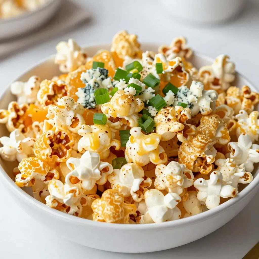 For making Buffalo Ranch Popcorn, you need a few simple ingredients. Here’s what you will need: - 1/2 cup unpopped popcorn kernels - 4 tablespoons unsalted butter, melted - 2 tablespoons ranch seasoning mix - 1 tablespoon hot sauce (adjust based on spice level) - 1 teaspoon garlic powder - 1 teaspoon onion powder - 1/2 teaspoon smoked paprika - Salt to taste - Optional: Chopped green onions and crumbled blue cheese for garnish These ingredients come together to create a tasty snack. Each one plays a key role. The unpopped popcorn kernels are the base. When heated, they transform into fluffy popcorn. Unsalted butter adds richness and helps the seasonings stick. Ranch seasoning mix brings its own unique flavor. The hot sauce adds a kick, but you can adjust it. Garlic powder, onion powder, and smoked paprika enhance the taste. Salt balances everything out. Lastly, you can add garnishes like green onions and blue cheese. They add color and extra flavor. This combination makes Buffalo Ranch Popcorn fun and delicious. {{ingredient_image_1}} To start, you need to pop the popcorn. You can use an air popper or the stovetop method. - Air popper method: Simply measure 1/2 cup of unpopped popcorn kernels. Pour them into the air popper. Turn it on and let the popcorn pop into a large bowl. This method is quick and easy. - Stovetop method: If you don’t have an air popper, don’t worry! Heat 2 tablespoons of oil in a large pot over medium heat. Add the popcorn kernels and cover the pot. Shake it occasionally. When the popping slows, remove the pot from the heat. Now, let’s make the yummy seasoning coating. In a small bowl, combine the following ingredients: - 4 tablespoons unsalted butter, melted - 2 tablespoons ranch seasoning mix - 1 tablespoon hot sauce - 1 teaspoon garlic powder - 1 teaspoon onion powder - 1/2 teaspoon smoked paprika - Salt to taste Whisk these ingredients together until they blend well. The mixture should be smooth and fragrant. Time to coat the popcorn! Drizzle the seasoning mixture over the freshly popped popcorn. Use a large spoon to toss the popcorn gently. Make sure every kernel gets coated. This step is crucial for the best flavor. If you want to add a gourmet touch, consider some garnishes. You can sprinkle chopped green onions and crumbled blue cheese over the popcorn. These ingredients add extra flavor and a nice crunch. Now, your Buffalo Ranch Popcorn is ready to serve! Enjoy this tasty snack any time! To get the best popcorn, use an air popper. It makes fluffy popcorn without oil. If you use the stovetop, heat oil in a pot first. Then, add kernels and cover. Shake the pot often to prevent burning. You want the popping to slow down before you remove it. This method gives you light, crunchy popcorn. You can change the heat of your Buffalo Ranch Popcorn. Start with one tablespoon of hot sauce. If you like it spicy, add more sauce. You can also mix different sauces to find your perfect flavor. Taste as you go for the best results. Just remember, a little goes a long way! This popcorn is great for parties. You can make it ahead of time and store it. Air-tight containers keep it fresh. Just pop and coat the popcorn, then let it cool. Once cool, store it in a container. This way, you have a quick snack ready to go. You can also add garnishes just before serving for a fresh touch. Pro Tips Use Fresh Kernels: Ensure your popcorn kernels are fresh for the best popping results. Older kernels may not pop well, resulting in fewer fluffy pieces. Adjust Spice Level: Modify the amount of hot sauce according to your taste preference. Start with less if you’re unsure, and add more for extra heat. Coat Evenly: Toss the popcorn thoroughly with the seasoning mixture to ensure every kernel is coated. This maximizes flavor and prevents any dry bites. Serve Immediately: Popcorn is best enjoyed fresh. Serve it right after coating to maintain its crispiness and avoid sogginess. {{image_2}} You can change up your Buffalo Ranch Popcorn in fun ways. If you like heat, try adding more hot sauce. For a cheesy twist, mix in some cheese powder or use cheddar cheese. You can even add spices like cayenne pepper or chili powder for extra kick. Sweeten it up a bit with a dash of honey. Just make sure to keep a balance that pleases your taste buds. Want a lighter snack? Use air-popped popcorn instead of buttered popcorn. Air-popped popcorn has fewer calories and still tastes great. If you want a little fat, drizzle just a bit of olive oil instead of butter. You can also skip the ranch mix and try spices like nutritional yeast for a cheesy flavor without extra fat. Garnishes can make your popcorn even more special. Chopped green onions add a fresh crunch. Crumbled blue cheese gives a tangy bite. You could also try bacon bits for a savory touch. Fresh herbs like parsley or dill can brighten each bite. The options are endless, so feel free to get creative! To keep your Buffalo Ranch Popcorn fresh, use airtight containers. These containers stop air from getting in. Less air means less chance for the popcorn to go stale. I recommend glass jars or plastic bins with tight seals. Store them in a cool, dry place away from sunlight. This helps maintain the popcorn’s crunch and flavor. How long does Buffalo Ranch Popcorn stay fresh? When stored properly, it can last about 1 week. After that, the taste may fade, and the popcorn can lose its crunch. If you notice any signs of stale popcorn, it's time to enjoy it or toss it out. Always check for any off smells or changes in texture. You can refresh stale popcorn easily. Try placing it in the oven at 250°F (120°C) for about 5 to 10 minutes. This heat helps revive the crunch. Another method is to microwave it for about 10 seconds at a time. Keep an eye on it to avoid burning. These tips can help you bring back the joy of your Buffalo Ranch Popcorn! Buffalo Ranch Popcorn is a tasty snack that mixes popcorn with bold flavors. You get a crunchy, spicy, and tangy treat. The ranch seasoning adds a creamy taste, while the hot sauce gives it a kick. Together, they create a flavor explosion that is hard to resist. You can serve it as a movie-night snack or a party treat. Yes, you can use microwave popcorn to save time. Just pop the popcorn in the microwave as directed. Then, follow the same steps for making the seasoning. Drizzle the butter and spice mix over the popcorn. Toss it well to coat all the pieces. This makes it easy and quick for busy days. You can find pre-packaged buffalo ranch popcorn at many grocery stores. Look for it in the snacks aisle or near the popcorn section. Some brands may offer it at convenience stores too. If you prefer homemade, you can easily make it using the recipe shared here. You can now make tasty Buffalo Ranch Popcorn at home. We discussed the key ingredients and the steps to pop your kernels. You learned how to mix the right spices and coat the popcorn. Plus, you explored tips for perfect textures and flavors. Feel free to try different toppings or spice levels. This recipe is easy to adapt and perfect for parties. Keep your popcorn fresh in airtight containers to enjoy later. Now, grab your ingredients and start popping!