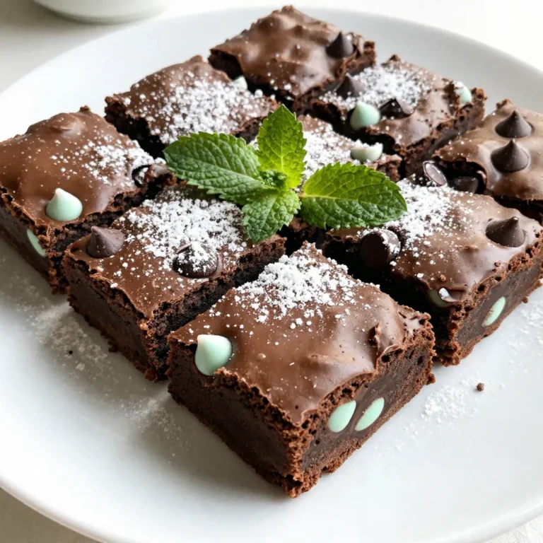 To make fudgy mint chocolate brownies, you need the following ingredients: - 1 cup unsalted butter (2 sticks) - 2 cups granulated sugar - 4 large eggs - 1 teaspoon pure vanilla extract - 1 cup all-purpose flour - 1 cup unsweetened cocoa powder - 1/2 teaspoon baking powder - 1/4 teaspoon salt - 1/2 cup semi-sweet chocolate chips - 1/2 cup mint chocolate chips (or crushed mint candies) You can swap ingredients if needed. Here are some ideas: - Use coconut oil for a dairy-free option. - Substitute brown sugar for a richer flavor. - Use egg substitutes like applesauce or flaxseed for a vegan version. - Replace all-purpose flour with almond flour for a gluten-free version. - If you don’t have mint chocolate chips, crushed peppermint candies work well. Using quality ingredients makes a big difference. Fresh butter adds a rich taste. Good cocoa powder brings out the chocolate flavor. Your brownies will taste better with high-quality chocolate chips. Fresh eggs improve texture and moisture. Always choose the best ingredients you can find. This will lead to delicious, fudgy brownies that everyone will love. {{ingredient_image_1}} First, preheat your oven to 350°F (175°C). This helps the brownies bake evenly. Next, grab a 9x13-inch baking pan. You can grease it with butter or line it with parchment paper. Lining helps with easy removal later. Make sure you get the edges too, so nothing sticks. Now, let’s melt the butter. Take a medium saucepan and place it over low heat. Add 1 cup of unsalted butter to the pan. Stir it often until it melts and bubbles a bit. It should take just a few minutes. Once melted, remove the pan from the heat. Let it cool for a couple of minutes before mixing in the sugar. Add 2 cups of granulated sugar to the melted butter. Stir until it blends well. Now, it’s time to add the eggs. Crack 4 large eggs into the mixture. Whisk them in one at a time. Make sure each egg mixes in fully before adding the next. After that, add 1 teaspoon of pure vanilla extract for flavor. In another bowl, mix 1 cup of all-purpose flour, 1 cup of unsweetened cocoa powder, 1/2 teaspoon of baking powder, and 1/4 teaspoon of salt. Combine these dry ingredients. Gradually add them to the wet mixture. Stir until just combined. Be careful not to overmix! Finally, fold in 1/2 cup of semi-sweet chocolate chips and 1/2 cup of mint chocolate chips. Mix gently until they are evenly spread in the batter. Pour the batter into your prepared baking pan. Use a spatula to smooth the top. Now, place the pan in the preheated oven. Bake for 25 to 30 minutes. To check if they are done, insert a toothpick in the center. It should come out with a few moist crumbs, not wet batter. Once baked, remove the pan from the oven. Place it on a wire rack to cool completely. This step is key; it helps the brownies firm up. After cooling, cut them into squares. Serve them on a decorative plate, maybe dusted with powdered sugar and garnished with fresh mint leaves. Enjoy your fudgy mint chocolate brownies! To get that rich, fudgy texture, use the right method. Start with melted butter. It helps create a moist base. Mix the wet and dry ingredients until just combined. Overmixing can make them cake-like. Aim for a dense, gooey texture. The right baking time is key too. Bake for 25 to 30 minutes. You want a toothpick to come out with a few moist crumbs. This shows the brownies are perfectly fudgy. If you have leftovers, store them well. Let the brownies cool completely first. Cut them into squares for easy storage. Place them in an airtight container. This keeps them fresh for days. You can also wrap them in plastic wrap for extra protection. If you want to keep them longer, freeze them. They last up to three months in the freezer. Just thaw them before enjoying again. Serve these brownies warm for a special treat. Top them with vanilla ice cream for a tasty contrast. You can dust them with powdered sugar for a nice touch. Fresh mint leaves add a lovely look and flavor. You can also drizzle some chocolate sauce on top. This adds a rich touch. Enjoy these fudgy mint chocolate brownies anytime. They make any occasion sweeter! Pro Tips Use Room Temperature Eggs: Allow your eggs to come to room temperature before mixing them in. This helps create a smoother batter and results in fudgier brownies. Don’t Overmix the Batter: Mix the wet and dry ingredients just until combined. Overmixing can lead to cakey brownies instead of the desired fudgy texture. Check for Doneness: Use a toothpick to check for doneness; aim for a few moist crumbs sticking to it rather than completely clean, to ensure a fudgy center. Cool Completely Before Cutting: Let the brownies cool completely in the pan before slicing. This helps them set up properly and makes cutting easier. {{image_2}} You can switch up the chocolate in your brownies. Instead of semi-sweet chocolate chips, try dark chocolate chips for a rich taste. If you like milk chocolate, use milk chocolate chips. You can even blend different types for a unique twist. This gives your brownies a whole new flavor. Want to add more flavor? A splash of peppermint extract can make them even mintier. For a different taste, try a bit of orange zest or espresso powder. Both can give your brownies a fun twist. Just be careful not to add too much, or it may overpower the mint. Toppings are a great way to make your brownies shine. You can sprinkle crushed nuts on top for a crunch. Try adding a drizzle of chocolate or white chocolate over the cooled brownies. For a festive touch, add crushed candy canes or a scoop of ice cream on the side. These toppings make your brownies special and fun to eat! To keep your fudgy mint chocolate brownies fresh, store them in an airtight container. Use parchment paper between layers to prevent sticking. This helps maintain their texture and flavor. You can keep them at room temperature for up to three days. If you want them to last longer, consider refrigerating them. You can freeze brownies for later enjoyment. First, let them cool completely. Then, cut them into squares. Wrap each square tightly in plastic wrap. Place the wrapped brownies in a freezer-safe bag or container. They can last up to three months in the freezer. When ready to eat, just thaw them at room temperature. These brownies stay fresh for about three days at room temperature. If refrigerated, they can last about a week. In the freezer, they can last for three months. Make sure to check for any off smells or changes in texture before eating. Enjoy your fudgy treat at its best! You can check if your brownies are done by using a toothpick. Insert it in the center. If it comes out with a few moist crumbs, they are ready. If it comes out with wet batter, they need more time. Bake for 25-30 minutes for best results. Yes, you can use margarine in place of butter. Just make sure it is unsalted. Margarine can give a similar taste, but butter adds a richer flavor. If you want the best taste, stick with butter. If you don't have mint chocolate chips, you can use crushed mint candies instead. You could also try regular chocolate chips with a few drops of mint extract. This way, you still get a nice mint flavor. Absolutely! You can make these brownies a day or two ahead. Just let them cool completely before storing them. This can enhance the flavors as they sit. Store your fudgy brownies in an airtight container. Keep them at room temperature for up to three days. If you want to keep them longer, store them in the fridge or freeze them for later. To make great brownies, quality ingredients are key. You can try different flavors and toppings to make them unique. I shared step-by-step tips to ensure your brownies come out fudgy and delicious. Don’t forget about storage to keep them fresh. Remember, these tips will help you bake better brownies every time. Enjoy your baking journey!