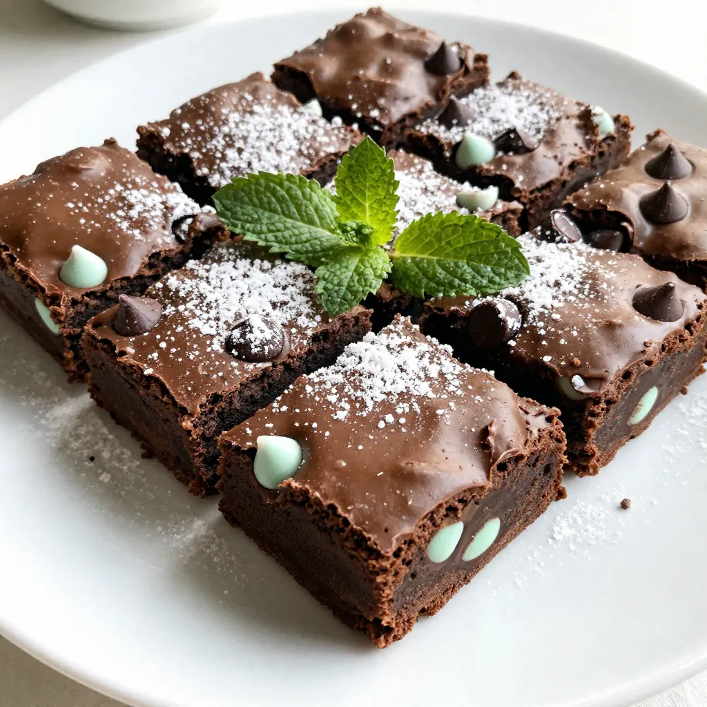 To make fudgy mint chocolate brownies, you need the following ingredients: - 1 cup unsalted butter (2 sticks) - 2 cups granulated sugar - 4 large eggs - 1 teaspoon pure vanilla extract - 1 cup all-purpose flour - 1 cup unsweetened cocoa powder - 1/2 teaspoon baking powder - 1/4 teaspoon salt - 1/2 cup semi-sweet chocolate chips - 1/2 cup mint chocolate chips (or crushed mint candies) You can swap ingredients if needed. Here are some ideas: - Use coconut oil for a dairy-free option. - Substitute brown sugar for a richer flavor. - Use egg substitutes like applesauce or flaxseed for a vegan version. - Replace all-purpose flour with almond flour for a gluten-free version. - If you don’t have mint chocolate chips, crushed peppermint candies work well. Using quality ingredients makes a big difference. Fresh butter adds a rich taste. Good cocoa powder brings out the chocolate flavor. Your brownies will taste better with high-quality chocolate chips. Fresh eggs improve texture and moisture. Always choose the best ingredients you can find. This will lead to delicious, fudgy brownies that everyone will love. {{ingredient_image_1}} First, preheat your oven to 350°F (175°C). This helps the brownies bake evenly. Next, grab a 9x13-inch baking pan. You can grease it with butter or line it with parchment paper. Lining helps with easy removal later. Make sure you get the edges too, so nothing sticks. Now, let’s melt the butter. Take a medium saucepan and place it over low heat. Add 1 cup of unsalted butter to the pan. Stir it often until it melts and bubbles a bit. It should take just a few minutes. Once melted, remove the pan from the heat. Let it cool for a couple of minutes before mixing in the sugar. Add 2 cups of granulated sugar to the melted butter. Stir until it blends well. Now, it’s time to add the eggs. Crack 4 large eggs into the mixture. Whisk them in one at a time. Make sure each egg mixes in fully before adding the next. After that, add 1 teaspoon of pure vanilla extract for flavor. In another bowl, mix 1 cup of all-purpose flour, 1 cup of unsweetened cocoa powder, 1/2 teaspoon of baking powder, and 1/4 teaspoon of salt. Combine these dry ingredients. Gradually add them to the wet mixture. Stir until just combined. Be careful not to overmix! Finally, fold in 1/2 cup of semi-sweet chocolate chips and 1/2 cup of mint chocolate chips. Mix gently until they are evenly spread in the batter. Pour the batter into your prepared baking pan. Use a spatula to smooth the top. Now, place the pan in the preheated oven. Bake for 25 to 30 minutes. To check if they are done, insert a toothpick in the center. It should come out with a few moist crumbs, not wet batter. Once baked, remove the pan from the oven. Place it on a wire rack to cool completely. This step is key; it helps the brownies firm up. After cooling, cut them into squares. Serve them on a decorative plate, maybe dusted with powdered sugar and garnished with fresh mint leaves. Enjoy your fudgy mint chocolate brownies! To get that rich, fudgy texture, use the right method. Start with melted butter. It helps create a moist base. Mix the wet and dry ingredients until just combined. Overmixing can make them cake-like. Aim for a dense, gooey texture. The right baking time is key too. Bake for 25 to 30 minutes. You want a toothpick to come out with a few moist crumbs. This shows the brownies are perfectly fudgy. If you have leftovers, store them well. Let the brownies cool completely first. Cut them into squares for easy storage. Place them in an airtight container. This keeps them fresh for days. You can also wrap them in plastic wrap for extra protection. If you want to keep them longer, freeze them. They last up to three months in the freezer. Just thaw them before enjoying again. Serve these brownies warm for a special treat. Top them with vanilla ice cream for a tasty contrast. You can dust them with powdered sugar for a nice touch. Fresh mint leaves add a lovely look and flavor. You can also drizzle some chocolate sauce on top. This adds a rich touch. Enjoy these fudgy mint chocolate brownies anytime. They make any occasion sweeter! Pro Tips Use Room Temperature Eggs: Allow your eggs to come to room temperature before mixing them in. This helps create a smoother batter and results in fudgier brownies. Don’t Overmix the Batter: Mix the wet and dry ingredients just until combined. Overmixing can lead to cakey brownies instead of the desired fudgy texture. Check for Doneness: Use a toothpick to check for doneness; aim for a few moist crumbs sticking to it rather than completely clean, to ensure a fudgy center. Cool Completely Before Cutting: Let the brownies cool completely in the pan before slicing. This helps them set up properly and makes cutting easier. {{image_2}} You can switch up the chocolate in your brownies. Instead of semi-sweet chocolate chips, try dark chocolate chips for a rich taste. If you like milk chocolate, use milk chocolate chips. You can even blend different types for a unique twist. This gives your brownies a whole new flavor. Want to add more flavor? A splash of peppermint extract can make them even mintier. For a different taste, try a bit of orange zest or espresso powder. Both can give your brownies a fun twist. Just be careful not to add too much, or it may overpower the mint. Toppings are a great way to make your brownies shine. You can sprinkle crushed nuts on top for a crunch. Try adding a drizzle of chocolate or white chocolate over the cooled brownies. For a festive touch, add crushed candy canes or a scoop of ice cream on the side. These toppings make your brownies special and fun to eat! To keep your fudgy mint chocolate brownies fresh, store them in an airtight container. Use parchment paper between layers to prevent sticking. This helps maintain their texture and flavor. You can keep them at room temperature for up to three days. If you want them to last longer, consider refrigerating them. You can freeze brownies for later enjoyment. First, let them cool completely. Then, cut them into squares. Wrap each square tightly in plastic wrap. Place the wrapped brownies in a freezer-safe bag or container. They can last up to three months in the freezer. When ready to eat, just thaw them at room temperature. These brownies stay fresh for about three days at room temperature. If refrigerated, they can last about a week. In the freezer, they can last for three months. Make sure to check for any off smells or changes in texture before eating. Enjoy your fudgy treat at its best! You can check if your brownies are done by using a toothpick. Insert it in the center. If it comes out with a few moist crumbs, they are ready. If it comes out with wet batter, they need more time. Bake for 25-30 minutes for best results. Yes, you can use margarine in place of butter. Just make sure it is unsalted. Margarine can give a similar taste, but butter adds a richer flavor. If you want the best taste, stick with butter. If you don't have mint chocolate chips, you can use crushed mint candies instead. You could also try regular chocolate chips with a few drops of mint extract. This way, you still get a nice mint flavor. Absolutely! You can make these brownies a day or two ahead. Just let them cool completely before storing them. This can enhance the flavors as they sit. Store your fudgy brownies in an airtight container. Keep them at room temperature for up to three days. If you want to keep them longer, store them in the fridge or freeze them for later. To make great brownies, quality ingredients are key. You can try different flavors and toppings to make them unique. I shared step-by-step tips to ensure your brownies come out fudgy and delicious. Don’t forget about storage to keep them fresh. Remember, these tips will help you bake better brownies every time. Enjoy your baking journey!