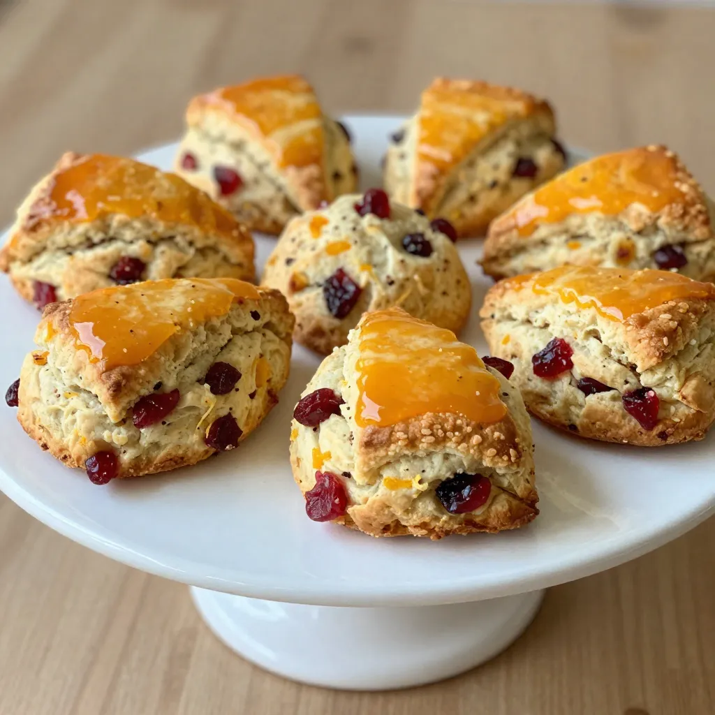 To make these tasty orange glazed cranberry scones, gather these key ingredients: - 2 cups all-purpose flour - 1/3 cup granulated sugar - 1 tablespoon baking powder - 1/2 teaspoon salt - 1/4 cup cold unsalted butter, cubed - 1/2 cup dried cranberries - Zest of 1 orange - 1/2 cup heavy cream - 1 large egg - 1 teaspoon vanilla extract These ingredients blend together to create a soft, tender scone. The dried cranberries add a nice chewy texture, while the orange zest brightens the flavor. For the sweet orange glaze, you’ll need: - 1 cup powdered sugar - 2 tablespoons fresh orange juice - 1 teaspoon orange zest This glaze gives the scones a lovely shine and a burst of citrus flavor. It’s easy to mix up and adds a nice touch. Having the right tools makes the cooking process smooth. Here’s what you will need: - Large mixing bowl - Whisk - Pastry cutter or your fingers for blending - Baking sheet - Parchment paper - Small bowl for the glaze Using these tools will help you create perfect scones. They make mixing and baking easy and fun. {{ingredient_image_1}} Start by preheating your oven to 400°F (200°C). Line a baking sheet with parchment paper. In a large bowl, whisk together 2 cups of all-purpose flour, 1/3 cup of sugar, 1 tablespoon of baking powder, and 1/2 teaspoon of salt. This mix forms the base of your scones. Next, add 1/4 cup of cold, cubed unsalted butter. Use a pastry cutter or your fingers to mix until it looks like coarse crumbs. Then, stir in 1/2 cup of dried cranberries and the zest of 1 orange. In a separate bowl, whisk together 1/2 cup of heavy cream, 1 large egg, and 1 teaspoon of vanilla extract. Pour this wet mix into the dry mix and stir until just combined. The dough will be slightly sticky. Transfer the dough to a floured surface. Pat it down gently to form a circle about 1 inch thick. Use a sharp knife to cut this circle into 8 wedges. Place these wedges on your prepared baking sheet. Make sure to leave some space between them for even baking. Bake the scones in your preheated oven for 15 to 20 minutes. They should turn lightly golden. To check if they are done, insert a toothpick into the center; it should come out clean. While the scones bake, prepare the glaze. In a small bowl, whisk together 1 cup of powdered sugar, 2 tablespoons of fresh orange juice, and 1 teaspoon of orange zest until smooth. Once the scones cool a little, drizzle the glaze over the top. Enjoy your warm scones with tea or coffee! To make moist scones, always use cold butter. Cold butter creates pockets of steam, making your scones rise and stay soft. Cut the butter into small cubes and mix it quickly with the flour until it looks like coarse crumbs. Do not overmix your dough. Mix just enough for it to come together. A bit of stickiness is okay. It helps keep the scones moist. For a tasty orange glaze, use fresh orange juice. It adds a bright and zesty flavor. Combine 1 cup of powdered sugar with 2 tablespoons of fresh orange juice and 1 teaspoon of orange zest. Whisk until smooth. Adjust the glaze by adding more powdered sugar if it’s too thin. Drizzle it over your warm scones for a sweet finish that shines. One common mistake is overbaking. Keep an eye on your scones as they bake. They should be lightly golden. Use a toothpick to check for doneness; it should come out clean. Another mistake is not using enough flour on your surface. This can make the dough stick. Always flour your surface well before patting out the dough. Lastly, don’t skip the orange zest. It adds vital flavor that makes these scones special! Pro Tips Use Cold Ingredients: Ensure your butter and cream are cold. This helps create a flaky texture in your scones. Don't Overmix: Mix the dough until just combined. Overmixing can lead to tough scones. Experiment with Flavors: Feel free to add nuts or substitute the cranberries with other dried fruits like cherries or blueberries for variety. Store Properly: Keep any leftover scones in an airtight container at room temperature for up to 2 days to maintain freshness. {{image_2}} You can change the flavors of your scones easily. Try adding nuts like walnuts or pecans. They add a nice crunch. You can also use different fruits. Dried cherries or blueberries work well. If you like spice, a dash of cinnamon or nutmeg adds warmth. Mix and match until you find your favorite blend. Making these scones vegan is simple. Replace the heavy cream with almond milk or coconut cream. Use a flax egg instead of a regular egg. To make a flax egg, mix 1 tablespoon of ground flaxseed with 2.5 tablespoons of water. Let it sit for 5 minutes. This will bind your ingredients just like an egg. Need gluten-free scones? Swap the all-purpose flour for a gluten-free blend. Look for blends that include xanthan gum. This helps your scones hold together. Ensure your baking powder is gluten-free too. With these changes, you can enjoy delicious scones without gluten! To keep your orange glazed cranberry scones fresh, store them in an airtight container. This keeps moisture in and prevents them from getting dry. Place a piece of parchment paper between layers if you stack them. This method helps maintain their shape and glaze. You can freeze scones for later enjoyment. First, cool them completely. Then, wrap each scone tightly in plastic wrap. Place them in a freezer-safe bag or container. They can last up to three months in the freezer. Just remember to label the bag with the date! To reheat scones, preheat your oven to 350°F (175°C). Place the scones on a baking sheet. Heat them for about 10 minutes. If you prefer a microwave, warm one scone for 15-20 seconds. Just note that the oven gives a better texture. Enjoy your warm scones! Yes, you can use fresh cranberries. Fresh cranberries add a tart flavor. You may need to add more sugar to balance the tartness. Chop them in half for even mixing. Scones are done when they turn light golden. Use a toothpick to check the center. If it comes out clean, your scones are ready. They should feel firm but springy to the touch. You can prepare the dough ahead of time. Wrap it tightly in plastic wrap. Store it in the fridge for up to 24 hours. This helps the flavors meld together nicely. You can use whole milk or half-and-half. For a lighter option, try unsweetened almond milk. If using milk, add a little extra butter to mimic the fat in cream. Scones stay fresh for about two days at room temperature. Keep them in an airtight container. For longer storage, consider freezing them. They can last up to three months in the freezer. Now you have the tools to make perfect scones. We covered key ingredients, steps, and tips. You learned how to shape and bake scones, plus ways to customize them. Remember to store them right to keep them fresh. You can even freeze extras for later! With these insights, you can impress anyone with your tasty treats. Enjoy your baking and share your delicious scones with friends!