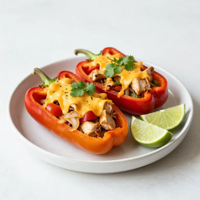 - 4 large bell peppers (any color) - 1 lb (450g) boneless, skinless chicken breast, cubed - 1 tablespoon olive oil - 1 medium onion, sliced - 1 red bell pepper, sliced - 1 green bell pepper, sliced - 2 cloves garlic, minced - 1 tablespoon chili powder - 1 teaspoon cumin - 1 teaspoon paprika - Salt and pepper to taste - 1 cup corn kernels (fresh or frozen) - 1 cup black beans, rinsed and drained - 1 cup shredded cheddar cheese - Fresh cilantro for garnish - Lime wedges for serving You can swap the bell peppers for zucchini or eggplant if you want a twist. Ground turkey or beef works well instead of chicken. Use olive oil or any cooking oil you like. For a dairy-free option, try vegan cheese or skip the cheese entirely. If you don’t have black beans, kidney beans or pinto beans are great alternatives. Each serving of Chicken Fajita Stuffed Peppers contains roughly: - Calories: 350 - Protein: 30g - Carbohydrates: 40g - Fat: 10g - Fiber: 8g These peppers pack a healthy punch! They contain protein from chicken and beans, fiber from corn, and vitamins from the peppers. Enjoy this meal while keeping your nutrition in check. {{ingredient_image_1}} Start by preheating your oven to 375°F (190°C). This helps cook the peppers evenly. While the oven heats, take four large bell peppers. Slice off the tops and remove the seeds and membranes. This step is key to making room for the tasty filling. Place the peppers upright in a baking dish. They need a sturdy base to hold the filling. Next, grab a large skillet and heat one tablespoon of olive oil over medium heat. Once hot, add one pound of cubed boneless chicken breast. Season the chicken with salt, pepper, chili powder, cumin, and paprika. Cook it for about 5 to 7 minutes. You want the chicken browned and fully cooked. After the chicken is ready, toss in one sliced onion and the sliced red and green bell peppers. Sauté these for about 5 minutes until they soften. Add two minced garlic cloves and cook for one more minute. Finally, stir in one cup of corn and one cup of black beans. Make sure everything is mixed well and heated through. Now it’s time to fill your peppers! Remove the skillet from heat and carefully spoon the chicken mixture into each bell pepper. Pack the filling tightly. Then, top each pepper with one cup of shredded cheddar cheese. Cover your baking dish with foil. Bake the peppers for 25 minutes. After that, take off the foil and bake for an extra 10 minutes. This will make the cheese bubbly and golden. Once done, garnish with fresh cilantro and serve with lime wedges for a zesty kick! To make sure your peppers are soft, choose large, fresh ones. Cut off the tops and remove the seeds. Pre-baking them for 10 minutes at 375°F helps. This step softens them before filling. It also makes them cook evenly. You want your peppers to be tender and easy to eat. Seasoning is key to great flavor. Start with salt and pepper as your base. Add chili powder, cumin, and paprika for warmth. These spices bring out the best in the chicken and veggies. Mix them in while cooking the chicken. Taste as you go. This way, you can adjust to your liking. Try adding lime juice for a zesty kick. Fresh cilantro adds a bright touch. You can also top with avocado or sour cream. If you want extra heat, add jalapeños. For a smoky flavor, try smoked paprika. These small tweaks make a big difference. Your stuffed peppers will burst with flavor! Pro Tips Choose Colorful Peppers: Using a variety of colored bell peppers not only makes your dish visually appealing but also adds different flavors to the mix. Season Generously: Don't be shy with your spices! Proper seasoning is key to enhancing the flavors of the chicken and vegetables. Customize Your Fillings: Feel free to add other ingredients like diced tomatoes or jalapeños for an extra kick and more complexity in flavors. Serve with Fresh Sides: Pair your stuffed peppers with a fresh salad or guacamole to complement the dish and add a refreshing contrast. {{image_2}} You can make a tasty version without meat. Use beans, lentils, or quinoa as the base. Mix in some sautéed onions, corn, and spices. Add diced tomatoes for a fresh kick. Top with cheese or a dairy-free option. These stuffed peppers are just as satisfying and colorful. Want to switch up the protein? Ground turkey or beef works great. You can also use shredded rotisserie chicken for a quick option. For seafood lovers, try shrimp or crab meat. Each protein brings a unique taste, so feel free to experiment. Just adjust cooking time based on the protein you choose. If you're watching carbs, opt for cauliflower rice instead of beans or corn. Zucchini or mushrooms can replace the peppers altogether. You can bake the filling in a casserole dish for an easy, hearty meal. These low-carb options keep the flavor but trim the carbs. Enjoy your meal without the guilt! To keep your Chicken Fajita Stuffed Peppers fresh, let them cool down first. Place them in an airtight container. Store them in the fridge for up to four days. If you have extra filling, store that separately. This helps keep the peppers from getting soggy. When you want to enjoy the leftovers, simply preheat your oven to 350°F (175°C). Place the stuffed peppers in a baking dish. Cover them with foil to prevent drying out. Heat for about 15-20 minutes, or until they are warmed through. You can also microwave them for a quicker option. Heat on high for about 2-3 minutes, checking to ensure they are hot. If you want to save some for later, freezing is a great option. First, let the stuffed peppers cool completely. Wrap each pepper tightly in plastic wrap. Then, place them in a freezer-safe bag or container. They can last for up to three months in the freezer. To reheat, thaw them overnight in the fridge, then follow the reheating instructions above. Yes, you can use any cheese you enjoy! Try Monterey Jack for a milder taste. Queso fresco adds a nice crumbly texture. Pepper jack gives it a spicy kick. Just remember, the cheese needs to melt well for that gooey topping. Leftovers can last up to four days in the fridge. Store them in an airtight container to keep them fresh. Make sure to cool them down before sealing. You can reheat them in the oven or microwave when you're ready to eat. Many side dishes pair well with stuffed peppers. A simple green salad adds freshness. Mexican rice or quinoa can make it heartier. You might also try guacamole and tortilla chips for a fun twist. Each side dish complements the flavors in the stuffed peppers nicely. This post covered everything you need for stuffed peppers. We explored key ingredients, cooking steps, and ways to customize your dish. Plus, I shared storage tips and answered common questions. Stuffed peppers are tasty and easy to make. With the right mix of flavors, you can create a family favorite. Enjoy experimenting with different ingredients to make each dish unique. Happy cooking!
