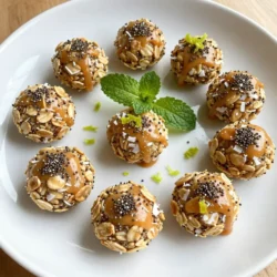 When making Coconut Lime Energy Bites, you need simple and fresh ingredients. Here’s what you will need: - 1 cup rolled oats - 1/2 cup unsweetened shredded coconut - 1/2 cup almond butter - 1/4 cup honey or maple syrup - Zest of 2 limes - 2 tablespoons lime juice - 1/4 cup ground chia seeds - 1/4 teaspoon sea salt - Optional: dark chocolate chips or cacao nibs These ingredients work together to create a tasty and healthy snack. Each bite bursts with flavor. The oats give a nice chewy texture. The shredded coconut adds a touch of sweetness. Almond butter brings healthy fats and protein to keep you full. Lime zest and juice give a refreshing tang. Chia seeds add more nutrients and a slight crunch. You can also add dark chocolate chips or cacao nibs for a sweet twist. These optional ingredients enhance flavor and make the bites even more fun. Feel free to mix and match based on your taste. {{ingredient_image_1}} First, let's mix the dry ingredients. In a big mixing bowl, add 1 cup of rolled oats. Then, pour in 1/2 cup of unsweetened shredded coconut. Next, add 1/4 cup of ground chia seeds, and finish with 1/4 teaspoon of sea salt. Mix everything well until it looks even. Now, prepare the wet ingredients. In a separate bowl, whisk together 1/2 cup of almond butter, 1/4 cup of honey (or maple syrup), the zest of 2 limes, and 2 tablespoons of lime juice. Keep whisking until it is smooth and well mixed. Now, pour the wet mixture into the dry ingredients. Stir everything together until all the oats and coconut are coated. If you want a treat, you can fold in 1/4 cup of dark chocolate chips or cacao nibs. This adds a fun twist and makes them even tastier. Next, it's time to shape the energy bites. Scoop out about a tablespoon of the mixture and roll it into a ball. Keep going until you use all the mixture. Place each ball on a lined baking sheet or plate. It’s a fun step, and you can feel proud of your neat little bites. Finally, let’s set everything up. You need to refrigerate the energy bites for at least 30 minutes. This helps them firm up nicely. After that, make sure to store them in an airtight container in the fridge. They can last up to a week, making them a perfect snack for the busy days ahead. To get the right texture in your energy bites, focus on the wet-to-dry ratio. You want the mixture to stick together but not be too wet. If it feels too dry, add a bit more nut butter or honey. If it’s too wet, add a touch more oats. Chill time is also key. After mixing, let the bites chill in the fridge for at least 30 minutes. This helps them firm up nicely. If you want them firmer, chill them longer. For a beautiful presentation, serve the energy bites on a colorful plate. Add a sprig of fresh mint and a sprinkle of lime zest on top. This adds a pop of color and freshness. When it comes to pairings, these energy bites work well with a cup of green tea or a smoothie. They make a great snack before or after a workout, too. Each energy bite has about 100 calories. They are a great source of energy without too much sugar. For the macronutrient breakdown: - Carbohydrates: 12g - Protein: 3g - Fat: 4g These bites provide a good balance of nutrients to keep you going throughout the day. Pro Tips Customize Your Sweetness: Adjust the amount of honey or maple syrup based on your preference for sweetness. You can also use a sugar substitute if you’re looking to reduce sugar intake. Chill for Better Texture: Allowing the energy bites to chill in the refrigerator not only helps them firm up but also enhances the flavors as they meld together. Experiment with Add-Ins: Feel free to add other ingredients like nuts, seeds, or dried fruits to personalize these bites. This adds variety and extra nutrition! Make It a Batch: These energy bites can easily be doubled or tripled to ensure you have a healthy snack ready for the week. {{image_2}} You can change the nut butter in this recipe. Almond butter is great, but you can also use peanut butter or cashew butter. Each nut butter gives a unique taste. Try sunflower seed butter if you want a nut-free option. Sweeteners are another area for swaps. I prefer honey, but maple syrup works well too. You can use agave syrup or even coconut sugar for a new flavor. Want to spice it up? Add cinnamon for warmth or vanilla for sweetness. These spices can make the bites even more tasty. You can also switch the lime for lemon or orange. Each citrus fruit brings its own zing to the bites. You can easily make these bites vegan. Just replace honey with maple syrup. For a gluten-free option, make sure your oats are certified gluten-free. If you want more protein, add protein powder to the mix. This change makes the bites a great snack for after workouts. Store your Coconut Lime Energy Bites in an airtight container. This helps keep them fresh. Choose a container that fits tightly. Glass or plastic can work well. Keep the energy bites in the refrigerator. This helps maintain their flavor and texture. Avoid leaving them at room temperature. Heat can make them soft and sticky. These energy bites last about a week in the refrigerator. After that, they may lose taste and texture. To enjoy them longer, freeze the bites. If you freeze them, place them in a freezer-safe container. They can last up to three months in the freezer. When you're ready to eat, just thaw them in the fridge overnight. This way, you always have a healthy snack ready! You can replace nut butter with mashed bananas or applesauce. These options add moisture and help bind the ingredients. You can also use sunflower seed butter for a nut-free choice. Just mix it with the other wet ingredients like honey and lime juice. This keeps the bites tasty and healthy. Yes, you can make these energy bites ahead of time. They store well in the fridge for up to a week. For meal prep, make a big batch and roll them into balls. Place them in an airtight container. This way, you'll always have a healthy snack ready to go. You can also freeze them for longer storage. Just thaw them in the fridge before eating. When making these energy bites, consider common allergens. The recipe includes oats, coconut, and nut butter. If you use almond butter, avoid it if you have nut allergies. Always check for cross-contamination, especially if you are sensitive to gluten. The recipe can easily adapt to be nut-free, using other options instead. These coconut lime energy bites are easy and fun to make. You learned about the key ingredients, how to mix and shape them, and tips for the best flavor. Remember to try different nut butters or sweeteners to fit your taste. Store them well to keep them fresh. These bites are perfect for a quick snack or a boost of energy. Enjoy making your own variations and share them with friends. These bites are tasty and good for you!