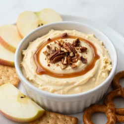 To make Caramel Pecan Cheesecake Dip, gather these simple ingredients: - 8 oz cream cheese, softened - 1 cup powdered sugar - 1 tsp vanilla extract - 1 cup whipped topping (like Cool Whip) - 1/2 cup caramel sauce, plus extra for drizzling - 1/2 cup pecans, toasted and chopped - 1/4 tsp sea salt - Assorted dippers (apple slices, graham crackers, pretzels) You can add fun toppings to your dip. Here are some ideas: - More chopped pecans for crunch - A sprinkle of sea salt for a salty-sweet taste - A drizzle of chocolate sauce for extra sweetness - A dash of cinnamon for warmth and spice This dip pairs well with many tasty dippers. Try these options: - Crisp apple slices for a fresh bite - Sweet graham crackers for a classic choice - Salty pretzels for a fun contrast - Vanilla wafers for a soft, sweet option Each ingredient and dip adds its own flavor. Enjoy mixing and matching! {{ingredient_image_1}} To start, gather all your ingredients. You need 8 oz of cream cheese, 1 cup of powdered sugar, and 1 tsp of vanilla extract. Next, you will need 1 cup of whipped topping, 1/2 cup of caramel sauce, and 1/2 cup of toasted pecans. Don't forget 1/4 tsp of sea salt. First, take the softened cream cheese and place it in a large mixing bowl. Use an electric mixer to beat it until smooth and creamy. This step is key for a silky dip. Now, gradually add the powdered sugar. Keep mixing until the sugar is fully incorporated. This will sweeten your dip perfectly. Then, mix in the vanilla extract and sea salt. Make sure everything is combined evenly. Next, gently fold in the whipped topping. Use a spatula for this to keep the dip light and fluffy. Folding is important to maintain that airy texture. After that, drizzle in the caramel sauce. Stir it in but don’t overmix. Finally, add the toasted pecans and fold them in. Save a few pecans for later. Transfer the dip to a serving bowl. Drizzle more caramel sauce on top for extra sweetness. Sprinkle the reserved pecans on top for a nice touch. This makes your dip look inviting. Serve it right away with your choice of dippers like apple slices, graham crackers, or pretzels. Each bite will be a rich and creamy delight! To make your dip creamy, start with room temperature cream cheese. Cold cream cheese will not blend well. Use an electric mixer to beat it until smooth. Gradually add powdered sugar for sweetness. Mix until it is fully combined. Fold in whipped topping gently. This keeps the dip light and fluffy. Lastly, drizzle in caramel sauce and fold in toasted pecans. This creates a nice blend without losing texture. To toast pecans, spread them on a baking sheet. Bake at 350°F for about 8-10 minutes. Stir them halfway through to ensure even toasting. Watch closely, as they can burn quickly. Toasted pecans add a great crunch and flavor. You can also toast them on the stove. Heat a skillet over medium heat and stir constantly for about 5 minutes. Let them cool before chopping for the dip. This dip works for many events. For a party, serve it with apple slices and graham crackers. These dippers add sweetness and crunch. For a game day, try pretzels. Their saltiness pairs well with the sweet dip. You can also set out a mix of dippers for guests to choose from. It makes the dip fun and interactive. Don’t forget to drizzle extra caramel on top for a special touch! Pro Tips Softening the Cream Cheese: For the best texture, make sure your cream cheese is at room temperature before mixing. This will help you achieve a smooth and creamy dip. Choosing Caramel Sauce: Use a high-quality caramel sauce for the best flavor. You can also make your own from scratch for a gourmet touch! Toasting Pecans: Toasting the pecans enhances their flavor. Simply place them in a dry skillet over medium heat for a few minutes until fragrant, stirring frequently. Serving Suggestions: For added flair, serve your dip in a hollowed-out apple or pumpkin. This not only looks great but also adds an extra touch of flavor! {{image_2}} You can easily change this dip's flavor. For a chocolate twist, add 1/4 cup of cocoa powder. Mix it in with the cream cheese and sugar. This change gives a rich, chocolatey taste. If you love pumpkin, try adding 1/2 cup of pumpkin puree and some pumpkin spice. This option is perfect for fall gatherings. You can make a low-sugar version too. Use sugar-free powdered sugar and a sugar-free caramel sauce. This way, you enjoy the same great taste with less sugar. If you're looking for vegan options, replace the cream cheese with a plant-based cream cheese. Also, use coconut whipped cream in place of whipped topping. For the caramel, look for vegan brands. The dippers can change your dip experience. Try using apple slices for a fresh, crunchy taste. Graham crackers add a sweet and crunchy touch. If you want something salty, pretzels work great. You can also try cookies, like vanilla wafers or shortbread, for a different flavor. Each dipper gives a unique taste to the creamy dip. To keep your Caramel Pecan Cheesecake Dip fresh, cover it tightly. Use plastic wrap or a lid. It’s best to store it in the fridge right away. This keeps it cool and tasty. If you have any dippers left, store them separately. Choose a container that seals well. Glass or plastic containers work great. Make sure it’s deep enough to hold the dip without spilling. If you use a bowl, cover it with plastic wrap securely. This helps keep moisture out. Your dip stays good for about 3 to 5 days in the fridge. After that, it may lose its taste and texture. Always check for any change in smell or look before eating. If it seems off, toss it out to be safe. Yes, you can make this dip ahead. It tastes even better after sitting for a few hours. Just cover it well and keep it in the fridge. When you are ready to serve, give it a quick stir. This helps mix the flavors again. If you want a different base, try mascarpone or Greek yogurt. These will change the taste a bit but still keep it creamy. You can also use a dairy-free cream cheese for a vegan option. This way, everyone can enjoy the dip. To reduce sweetness, cut back on the powdered sugar. You can also add more cream cheese or whipped topping. A pinch of sea salt can help balance the flavors too. Adjusting these ingredients will let you control the sweetness. Absolutely! Homemade caramel sauce adds a personal touch. Just ensure it’s thick enough to hold its shape in the dip. The rich flavor of homemade caramel will enhance the whole dish. Plus, it’s fun to make your own! In this blog post, we covered all you need to know about making the perfect Caramel Pecan Cheesecake Dip. We explored key ingredients, optional toppings, and tasty dippers. I shared step-by-step instructions, helpful tips for creamy texture, and served unique variations, like healthier choices. Understanding proper storage is vital for keeping leftovers fresh. Creating this dip can add joy to your gatherings. Use the ideas here to impress your friends and family. Enjoy your delicious dip experience!