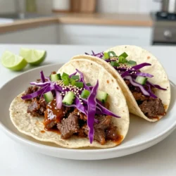 To make Korean beef bulgogi tacos, you need key ingredients. Here’s what you will need: - 1 lb beef sirloin, thinly sliced - 1/4 cup soy sauce - 2 tablespoons sesame oil - 2 tablespoons brown sugar - 1 tablespoon grated ginger - 3 cloves garlic, minced - 1 teaspoon black pepper - 1 tablespoon gochujang (Korean chili paste) - 8 small flour tortillas - 1 cup shredded purple cabbage - 1/2 cup diced cucumbers - 1/4 cup chopped green onions - 1 tablespoon sesame seeds (for garnish) - Lime wedges (for serving) These ingredients blend well to create a sweet and savory flavor. The beef absorbs the marinade, making it tender and delicious. To make your tacos even better, consider adding some garnishes. Here are some tasty options: - Fresh cilantro leaves - Sliced jalapeños - Avocado slices - Sriracha for extra spice These toppings add color and flavor to your dish. Play around with different combinations to see what you like best! If you have dietary needs, don't worry. You can make easy swaps: - Use chicken or tofu instead of beef for a different protein. - Try gluten-free tortillas if you need a gluten-free option. - For a low-sugar choice, use a sugar substitute in the marinade. These substitutions keep the dish tasty while meeting your needs. Enjoy making it your own! {{ingredient_image_1}} To start, grab a medium bowl. In this bowl, mix together the soy sauce, sesame oil, brown sugar, grated ginger, minced garlic, black pepper, and gochujang. Whisk them until the sugar dissolves fully. This marinade gives the beef its rich flavor and tender texture. Next, add the thinly sliced beef to the bowl. Make sure each piece is well coated in the marinade. Once coated, cover the bowl. Place it in the fridge for at least 30 minutes. If you have time, marinate for up to 2 hours. The longer you marinate, the more flavor the beef absorbs. Heat a large skillet or wok over medium-high heat. Once hot, add the marinated beef in batches. Spread it out evenly in the pan. Cook for about 3 to 4 minutes. Stir occasionally to ensure even cooking. Look for a nice brown color to know it’s ready. While the beef cooks, warm your flour tortillas. You can use a separate pan or microwave. When the beef is done, place a portion in the center of each tortilla. Top with shredded purple cabbage, diced cucumbers, and chopped green onions. Finish by sprinkling sesame seeds over the tacos. Squeeze fresh lime juice on top. Enjoy your tasty creation! For the best flavor, marinate the beef for at least 30 minutes. If you have more time, let it sit for up to 2 hours. This longer duration allows the flavors to soak deep into the beef. You will notice a richer taste in each bite. Just remember, don’t go over 2 hours, or the beef may become too soft. When cooking the beef, use a hot skillet or wok. This helps to sear the meat quickly. Cook in small batches to avoid crowding. Crowding the pan can lead to steaming instead of browning. Stir the beef occasionally for even cooking. Aim for about 3-4 minutes until it is browned and cooked through. This gives a nice texture and locks in the flavor. To serve, place a portion of beef in each warm tortilla. Top with shredded purple cabbage, diced cucumbers, and chopped green onions. Don't forget to sprinkle sesame seeds on top for crunch! A squeeze of fresh lime juice adds brightness. For a spicy kick, offer extra gochujang on the side. Arrange the tacos on a colorful platter for a great presentation. This makes your meal look as delicious as it tastes! Pro Tips Marinate Longer for Better Flavor: If time allows, marinate the beef for up to 2 hours to enhance the flavor profile. The longer it sits, the more pronounced the sweet and savory notes will be. Use High Heat for a Sear: Cooking the beef over medium-high heat helps achieve a nice sear, locking in juices and creating a delicious crust. Avoid overcrowding the pan to ensure even cooking. Fresh Ingredients Make a Difference: Opt for fresh vegetables like cabbage and cucumbers for topping to add a crisp texture and vibrant color, enhancing both the taste and presentation of your tacos. Customize Your Spice Level: Adjust the amount of gochujang based on your preference for heat. Start with less and add more to the marinade or as a topping for those who enjoy a spicy kick. {{image_2}} You can make bulgogi tacos without meat. Use mushrooms, tofu, or jackfruit instead. These options soak up the marinade well. For mushrooms, I recommend shiitake or portobello. They have a meaty texture. For tofu, press it first to remove water. This helps it absorb flavors better. Cook them just like the beef, and you’ll have tasty tacos. If you don’t want beef, chicken or pork works great too. Thinly slice chicken breast or pork tenderloin. Marinate them in the same sauce. Cook them the same way as the beef. They will be just as delicious. You can even try shrimp for a seafood twist. Shrimp cooks quickly and pairs well with fresh toppings. Customizing the spice level is easy. For mild tacos, reduce the gochujang. You can also skip it altogether if you prefer no heat. Add a pinch of sugar to balance flavors. If you love heat, add more gochujang or some chopped fresh chili peppers. You can also add a splash of sriracha for extra kick. Adjust to your taste, and enjoy! To store leftovers, first let the tacos cool to room temperature. Place the beef in an airtight container. Add any extra toppings, like cabbage or cucumbers, in a separate container. You can keep the beef and toppings in the fridge for up to three days. If the tortillas are left over, wrap them in foil or plastic wrap. To reheat the beef, you can use a skillet over medium heat. Add a splash of water to keep it moist. Stir until it warms through, usually about 5 minutes. For the tortillas, warm them in a dry skillet for about 30 seconds on each side. This keeps them soft and tasty. If you want to freeze the beef, place it in a freezer-safe bag or container. Make sure to remove as much air as possible. The beef can last up to three months in the freezer. When you are ready to eat, thaw it overnight in the fridge. Reheat it as mentioned above before serving. Bulgogi is a classic Korean dish. It features thinly sliced beef marinated in a sweet and savory sauce. The marinade includes soy sauce, sesame oil, sugar, garlic, and ginger. After marinating, you cook the beef quickly over high heat. This gives bulgogi its tender texture and rich flavor. It's often served with rice and vegetables or wrapped in lettuce. Yes, you can use other cuts of beef for bulgogi. While sirloin is popular, you can try flank steak or ribeye. Just make sure to slice the beef thinly. This helps it cook quickly and stay tender. If you choose a tougher cut, marinating longer can help soften the meat. To make gluten-free tacos, swap soy sauce for a gluten-free version. Tamari is a great choice. You can also use gluten-free tortillas instead of flour ones. Check the labels on your ingredients carefully. This way, you avoid gluten while enjoying the same great flavors. These tacos pair well with many sides. Consider serving them with: - Rice or quinoa for a hearty option. - A fresh salad with lime dressing for crunch. - Pickled vegetables for a tangy contrast. - Extra lime wedges for a zesty kick. These options add flavor and balance to your meal. Korean beef bulgogi tacos combine rich beef, tasty marinades, and fun toppings. You can tailor them to fit your diet, whether you choose a vegan option or a different protein. Follow the steps to marinate, cook, and assemble for a satisfying meal. Remember, flavor improves with longer marinating. Store leftovers wisely and reheat easily. Enjoy these tacos with friends or family. The possibilities are endless, and you’ll love every bite. Dive in and make these tacos a regular in your cooking!