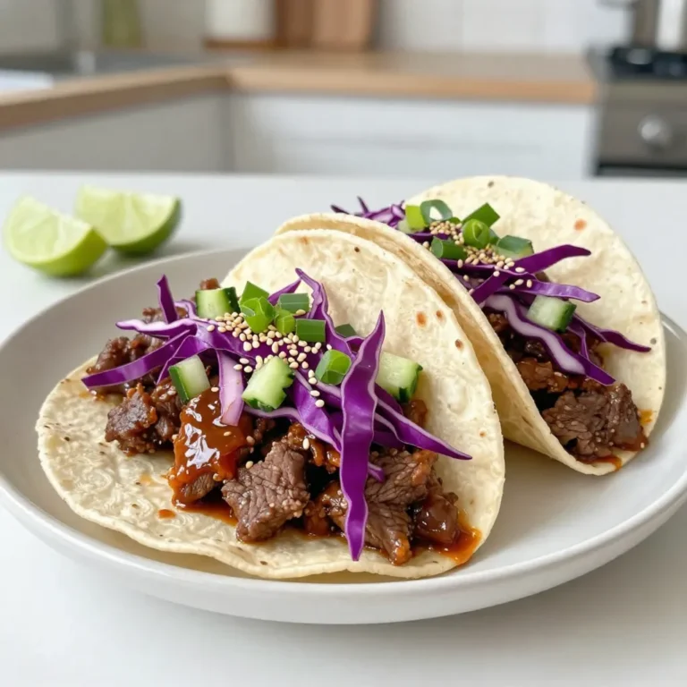 To make Korean beef bulgogi tacos, you need key ingredients. Here’s what you will need: - 1 lb beef sirloin, thinly sliced - 1/4 cup soy sauce - 2 tablespoons sesame oil - 2 tablespoons brown sugar - 1 tablespoon grated ginger - 3 cloves garlic, minced - 1 teaspoon black pepper - 1 tablespoon gochujang (Korean chili paste) - 8 small flour tortillas - 1 cup shredded purple cabbage - 1/2 cup diced cucumbers - 1/4 cup chopped green onions - 1 tablespoon sesame seeds (for garnish) - Lime wedges (for serving) These ingredients blend well to create a sweet and savory flavor. The beef absorbs the marinade, making it tender and delicious. To make your tacos even better, consider adding some garnishes. Here are some tasty options: - Fresh cilantro leaves - Sliced jalapeños - Avocado slices - Sriracha for extra spice These toppings add color and flavor to your dish. Play around with different combinations to see what you like best! If you have dietary needs, don't worry. You can make easy swaps: - Use chicken or tofu instead of beef for a different protein. - Try gluten-free tortillas if you need a gluten-free option. - For a low-sugar choice, use a sugar substitute in the marinade. These substitutions keep the dish tasty while meeting your needs. Enjoy making it your own! {{ingredient_image_1}} To start, grab a medium bowl. In this bowl, mix together the soy sauce, sesame oil, brown sugar, grated ginger, minced garlic, black pepper, and gochujang. Whisk them until the sugar dissolves fully. This marinade gives the beef its rich flavor and tender texture. Next, add the thinly sliced beef to the bowl. Make sure each piece is well coated in the marinade. Once coated, cover the bowl. Place it in the fridge for at least 30 minutes. If you have time, marinate for up to 2 hours. The longer you marinate, the more flavor the beef absorbs. Heat a large skillet or wok over medium-high heat. Once hot, add the marinated beef in batches. Spread it out evenly in the pan. Cook for about 3 to 4 minutes. Stir occasionally to ensure even cooking. Look for a nice brown color to know it’s ready. While the beef cooks, warm your flour tortillas. You can use a separate pan or microwave. When the beef is done, place a portion in the center of each tortilla. Top with shredded purple cabbage, diced cucumbers, and chopped green onions. Finish by sprinkling sesame seeds over the tacos. Squeeze fresh lime juice on top. Enjoy your tasty creation! For the best flavor, marinate the beef for at least 30 minutes. If you have more time, let it sit for up to 2 hours. This longer duration allows the flavors to soak deep into the beef. You will notice a richer taste in each bite. Just remember, don’t go over 2 hours, or the beef may become too soft. When cooking the beef, use a hot skillet or wok. This helps to sear the meat quickly. Cook in small batches to avoid crowding. Crowding the pan can lead to steaming instead of browning. Stir the beef occasionally for even cooking. Aim for about 3-4 minutes until it is browned and cooked through. This gives a nice texture and locks in the flavor. To serve, place a portion of beef in each warm tortilla. Top with shredded purple cabbage, diced cucumbers, and chopped green onions. Don't forget to sprinkle sesame seeds on top for crunch! A squeeze of fresh lime juice adds brightness. For a spicy kick, offer extra gochujang on the side. Arrange the tacos on a colorful platter for a great presentation. This makes your meal look as delicious as it tastes! Pro Tips Marinate Longer for Better Flavor: If time allows, marinate the beef for up to 2 hours to enhance the flavor profile. The longer it sits, the more pronounced the sweet and savory notes will be. Use High Heat for a Sear: Cooking the beef over medium-high heat helps achieve a nice sear, locking in juices and creating a delicious crust. Avoid overcrowding the pan to ensure even cooking. Fresh Ingredients Make a Difference: Opt for fresh vegetables like cabbage and cucumbers for topping to add a crisp texture and vibrant color, enhancing both the taste and presentation of your tacos. Customize Your Spice Level: Adjust the amount of gochujang based on your preference for heat. Start with less and add more to the marinade or as a topping for those who enjoy a spicy kick. {{image_2}} You can make bulgogi tacos without meat. Use mushrooms, tofu, or jackfruit instead. These options soak up the marinade well. For mushrooms, I recommend shiitake or portobello. They have a meaty texture. For tofu, press it first to remove water. This helps it absorb flavors better. Cook them just like the beef, and you’ll have tasty tacos. If you don’t want beef, chicken or pork works great too. Thinly slice chicken breast or pork tenderloin. Marinate them in the same sauce. Cook them the same way as the beef. They will be just as delicious. You can even try shrimp for a seafood twist. Shrimp cooks quickly and pairs well with fresh toppings. Customizing the spice level is easy. For mild tacos, reduce the gochujang. You can also skip it altogether if you prefer no heat. Add a pinch of sugar to balance flavors. If you love heat, add more gochujang or some chopped fresh chili peppers. You can also add a splash of sriracha for extra kick. Adjust to your taste, and enjoy! To store leftovers, first let the tacos cool to room temperature. Place the beef in an airtight container. Add any extra toppings, like cabbage or cucumbers, in a separate container. You can keep the beef and toppings in the fridge for up to three days. If the tortillas are left over, wrap them in foil or plastic wrap. To reheat the beef, you can use a skillet over medium heat. Add a splash of water to keep it moist. Stir until it warms through, usually about 5 minutes. For the tortillas, warm them in a dry skillet for about 30 seconds on each side. This keeps them soft and tasty. If you want to freeze the beef, place it in a freezer-safe bag or container. Make sure to remove as much air as possible. The beef can last up to three months in the freezer. When you are ready to eat, thaw it overnight in the fridge. Reheat it as mentioned above before serving. Bulgogi is a classic Korean dish. It features thinly sliced beef marinated in a sweet and savory sauce. The marinade includes soy sauce, sesame oil, sugar, garlic, and ginger. After marinating, you cook the beef quickly over high heat. This gives bulgogi its tender texture and rich flavor. It's often served with rice and vegetables or wrapped in lettuce. Yes, you can use other cuts of beef for bulgogi. While sirloin is popular, you can try flank steak or ribeye. Just make sure to slice the beef thinly. This helps it cook quickly and stay tender. If you choose a tougher cut, marinating longer can help soften the meat. To make gluten-free tacos, swap soy sauce for a gluten-free version. Tamari is a great choice. You can also use gluten-free tortillas instead of flour ones. Check the labels on your ingredients carefully. This way, you avoid gluten while enjoying the same great flavors. These tacos pair well with many sides. Consider serving them with: - Rice or quinoa for a hearty option. - A fresh salad with lime dressing for crunch. - Pickled vegetables for a tangy contrast. - Extra lime wedges for a zesty kick. These options add flavor and balance to your meal. Korean beef bulgogi tacos combine rich beef, tasty marinades, and fun toppings. You can tailor them to fit your diet, whether you choose a vegan option or a different protein. Follow the steps to marinate, cook, and assemble for a satisfying meal. Remember, flavor improves with longer marinating. Store leftovers wisely and reheat easily. Enjoy these tacos with friends or family. The possibilities are endless, and you’ll love every bite. Dive in and make these tacos a regular in your cooking!