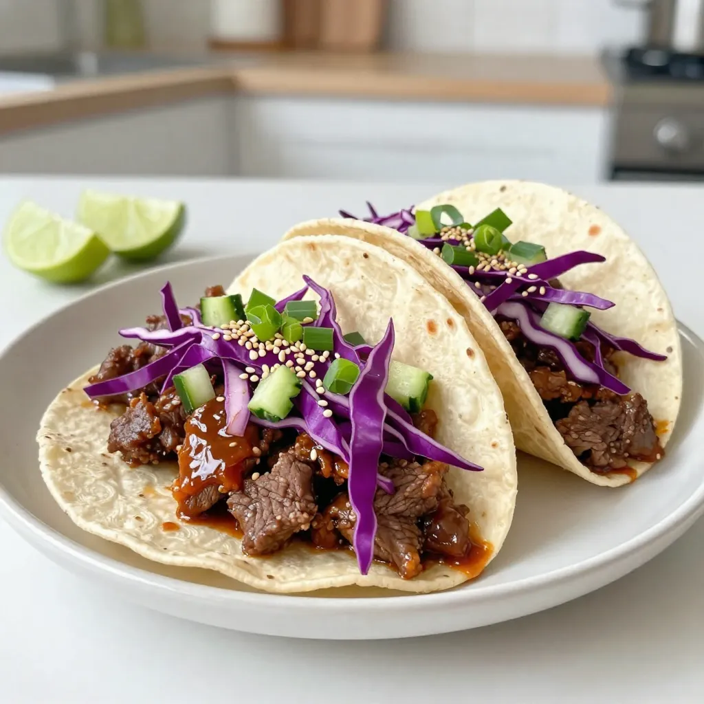To make Korean beef bulgogi tacos, you need key ingredients. Here’s what you will need: - 1 lb beef sirloin, thinly sliced - 1/4 cup soy sauce - 2 tablespoons sesame oil - 2 tablespoons brown sugar - 1 tablespoon grated ginger - 3 cloves garlic, minced - 1 teaspoon black pepper - 1 tablespoon gochujang (Korean chili paste) - 8 small flour tortillas - 1 cup shredded purple cabbage - 1/2 cup diced cucumbers - 1/4 cup chopped green onions - 1 tablespoon sesame seeds (for garnish) - Lime wedges (for serving) These ingredients blend well to create a sweet and savory flavor. The beef absorbs the marinade, making it tender and delicious. To make your tacos even better, consider adding some garnishes. Here are some tasty options: - Fresh cilantro leaves - Sliced jalapeños - Avocado slices - Sriracha for extra spice These toppings add color and flavor to your dish. Play around with different combinations to see what you like best! If you have dietary needs, don't worry. You can make easy swaps: - Use chicken or tofu instead of beef for a different protein. - Try gluten-free tortillas if you need a gluten-free option. - For a low-sugar choice, use a sugar substitute in the marinade. These substitutions keep the dish tasty while meeting your needs. Enjoy making it your own! {{ingredient_image_1}} To start, grab a medium bowl. In this bowl, mix together the soy sauce, sesame oil, brown sugar, grated ginger, minced garlic, black pepper, and gochujang. Whisk them until the sugar dissolves fully. This marinade gives the beef its rich flavor and tender texture. Next, add the thinly sliced beef to the bowl. Make sure each piece is well coated in the marinade. Once coated, cover the bowl. Place it in the fridge for at least 30 minutes. If you have time, marinate for up to 2 hours. The longer you marinate, the more flavor the beef absorbs. Heat a large skillet or wok over medium-high heat. Once hot, add the marinated beef in batches. Spread it out evenly in the pan. Cook for about 3 to 4 minutes. Stir occasionally to ensure even cooking. Look for a nice brown color to know it’s ready. While the beef cooks, warm your flour tortillas. You can use a separate pan or microwave. When the beef is done, place a portion in the center of each tortilla. Top with shredded purple cabbage, diced cucumbers, and chopped green onions. Finish by sprinkling sesame seeds over the tacos. Squeeze fresh lime juice on top. Enjoy your tasty creation! For the best flavor, marinate the beef for at least 30 minutes. If you have more time, let it sit for up to 2 hours. This longer duration allows the flavors to soak deep into the beef. You will notice a richer taste in each bite. Just remember, don’t go over 2 hours, or the beef may become too soft. When cooking the beef, use a hot skillet or wok. This helps to sear the meat quickly. Cook in small batches to avoid crowding. Crowding the pan can lead to steaming instead of browning. Stir the beef occasionally for even cooking. Aim for about 3-4 minutes until it is browned and cooked through. This gives a nice texture and locks in the flavor. To serve, place a portion of beef in each warm tortilla. Top with shredded purple cabbage, diced cucumbers, and chopped green onions. Don't forget to sprinkle sesame seeds on top for crunch! A squeeze of fresh lime juice adds brightness. For a spicy kick, offer extra gochujang on the side. Arrange the tacos on a colorful platter for a great presentation. This makes your meal look as delicious as it tastes! Pro Tips Marinate Longer for Better Flavor: If time allows, marinate the beef for up to 2 hours to enhance the flavor profile. The longer it sits, the more pronounced the sweet and savory notes will be. Use High Heat for a Sear: Cooking the beef over medium-high heat helps achieve a nice sear, locking in juices and creating a delicious crust. Avoid overcrowding the pan to ensure even cooking. Fresh Ingredients Make a Difference: Opt for fresh vegetables like cabbage and cucumbers for topping to add a crisp texture and vibrant color, enhancing both the taste and presentation of your tacos. Customize Your Spice Level: Adjust the amount of gochujang based on your preference for heat. Start with less and add more to the marinade or as a topping for those who enjoy a spicy kick. {{image_2}} You can make bulgogi tacos without meat. Use mushrooms, tofu, or jackfruit instead. These options soak up the marinade well. For mushrooms, I recommend shiitake or portobello. They have a meaty texture. For tofu, press it first to remove water. This helps it absorb flavors better. Cook them just like the beef, and you’ll have tasty tacos. If you don’t want beef, chicken or pork works great too. Thinly slice chicken breast or pork tenderloin. Marinate them in the same sauce. Cook them the same way as the beef. They will be just as delicious. You can even try shrimp for a seafood twist. Shrimp cooks quickly and pairs well with fresh toppings. Customizing the spice level is easy. For mild tacos, reduce the gochujang. You can also skip it altogether if you prefer no heat. Add a pinch of sugar to balance flavors. If you love heat, add more gochujang or some chopped fresh chili peppers. You can also add a splash of sriracha for extra kick. Adjust to your taste, and enjoy! To store leftovers, first let the tacos cool to room temperature. Place the beef in an airtight container. Add any extra toppings, like cabbage or cucumbers, in a separate container. You can keep the beef and toppings in the fridge for up to three days. If the tortillas are left over, wrap them in foil or plastic wrap. To reheat the beef, you can use a skillet over medium heat. Add a splash of water to keep it moist. Stir until it warms through, usually about 5 minutes. For the tortillas, warm them in a dry skillet for about 30 seconds on each side. This keeps them soft and tasty. If you want to freeze the beef, place it in a freezer-safe bag or container. Make sure to remove as much air as possible. The beef can last up to three months in the freezer. When you are ready to eat, thaw it overnight in the fridge. Reheat it as mentioned above before serving. Bulgogi is a classic Korean dish. It features thinly sliced beef marinated in a sweet and savory sauce. The marinade includes soy sauce, sesame oil, sugar, garlic, and ginger. After marinating, you cook the beef quickly over high heat. This gives bulgogi its tender texture and rich flavor. It's often served with rice and vegetables or wrapped in lettuce. Yes, you can use other cuts of beef for bulgogi. While sirloin is popular, you can try flank steak or ribeye. Just make sure to slice the beef thinly. This helps it cook quickly and stay tender. If you choose a tougher cut, marinating longer can help soften the meat. To make gluten-free tacos, swap soy sauce for a gluten-free version. Tamari is a great choice. You can also use gluten-free tortillas instead of flour ones. Check the labels on your ingredients carefully. This way, you avoid gluten while enjoying the same great flavors. These tacos pair well with many sides. Consider serving them with: - Rice or quinoa for a hearty option. - A fresh salad with lime dressing for crunch. - Pickled vegetables for a tangy contrast. - Extra lime wedges for a zesty kick. These options add flavor and balance to your meal. Korean beef bulgogi tacos combine rich beef, tasty marinades, and fun toppings. You can tailor them to fit your diet, whether you choose a vegan option or a different protein. Follow the steps to marinate, cook, and assemble for a satisfying meal. Remember, flavor improves with longer marinating. Store leftovers wisely and reheat easily. Enjoy these tacos with friends or family. The possibilities are endless, and you’ll love every bite. Dive in and make these tacos a regular in your cooking!